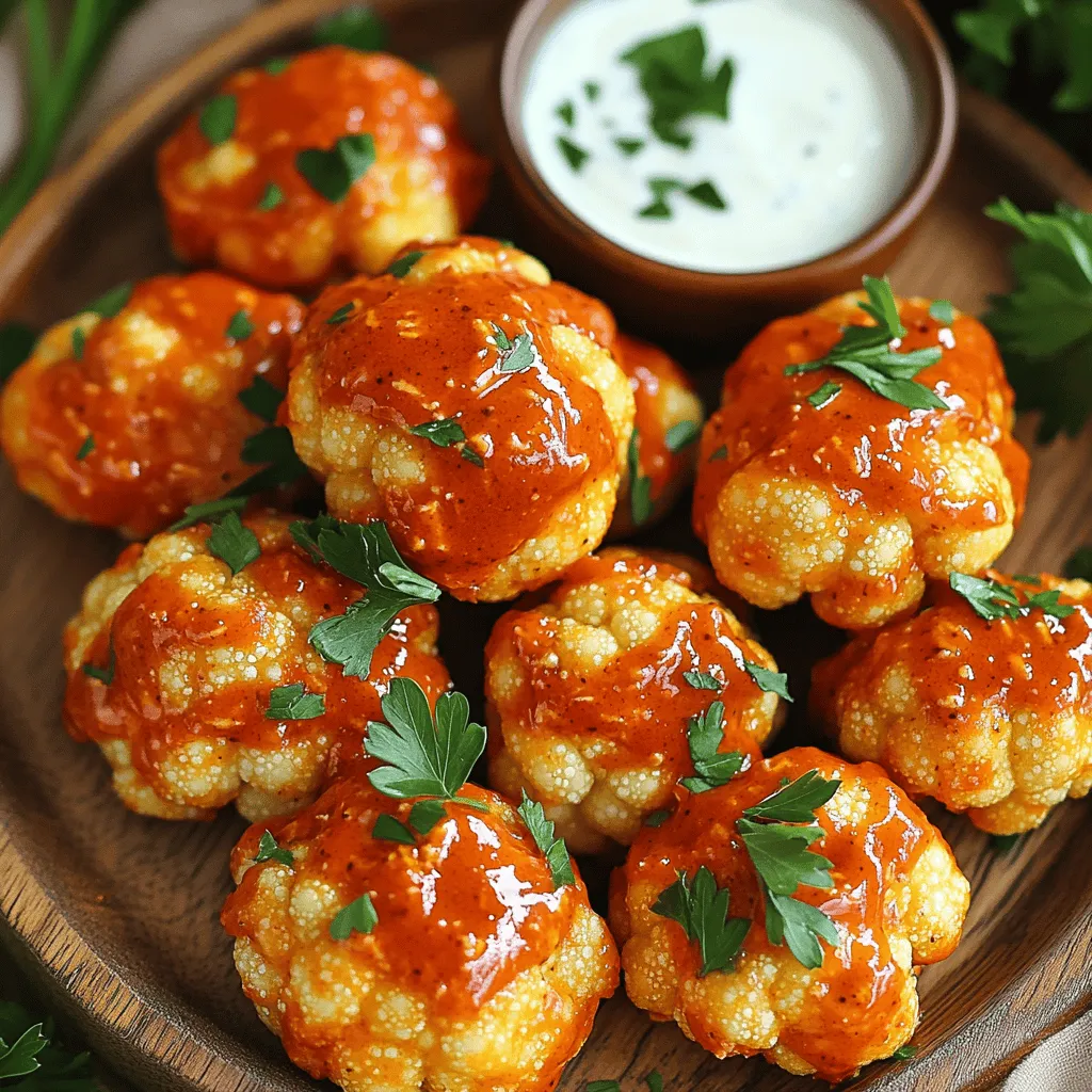 - 1 medium head of cauliflower, cut into bite-sized florets - 1 cup all-purpose flour - 1 cup water - 1 tablespoon garlic powder - 1 teaspoon onion powder - 1 teaspoon paprika - ½ teaspoon cayenne pepper (adjust to taste) - ½ teaspoon salt - ½ cup buffalo sauce (such as Frank's RedHot) - 2 tablespoons olive oil - Optional: Fresh parsley for garnish To make the air fryer buffalo cauliflower bites, start with a fresh head of cauliflower. Choose a medium-sized one, as it gives you enough florets to enjoy. Cut the cauliflower into bite-sized pieces. This helps them cook evenly and makes them easy to dip. Next, you will need a flour and water mixture. Mix 1 cup of all-purpose flour with 1 cup of water in a large bowl. This creates a smooth batter. You can adjust the thickness by adding more flour or water if needed. Seasonings are key to making these bites tasty. Use garlic powder, onion powder, paprika, cayenne pepper, and salt. These spices add flavor and a kick. The cayenne pepper is optional; add more for extra heat. Don't forget the buffalo sauce and olive oil. Mix ½ cup of your favorite buffalo sauce with 2 tablespoons of olive oil. This will give your bites that signature tangy flavor. Finally, you can sprinkle fresh parsley on top for a pop of color. This is optional, but it makes your dish look great! Mixing the dry ingredients is easy. In a large bowl, add 1 cup of flour, 1 tablespoon of garlic powder, 1 teaspoon of onion powder, 1 teaspoon of paprika, ½ teaspoon of cayenne pepper, and ½ teaspoon of salt. Use a whisk to blend them well. Next, combine the dry mix with 1 cup of water. Stir until you have a smooth batter. This batter will help the cauliflower get crispy and flavorful. Now, it's time to coat the cauliflower. Take your medium head of cauliflower and cut it into bite-sized florets. Dip each floret into the batter. Make sure it gets fully coated. After dipping, shake off any extra batter. This step is key for even cooking. You want a nice layer of batter without clumps. First, preheat your air fryer to 400°F (200°C). This step ensures that the cauliflower cooks evenly and gets crispy. Lightly spray the air fryer basket with olive oil. Place the cauliflower bites in a single layer. Avoid overcrowding the basket, as this can lead to uneven cooking. Air fry the cauliflower for 12-15 minutes. Shake the basket halfway through for even crispiness. When done, the bites should be golden brown. To finish, toss the hot cauliflower in ½ cup of buffalo sauce mixed with 2 tablespoons of olive oil. Ensure each bite is well coated. For an extra crispy finish, return them to the air fryer for an additional 3-5 minutes. Enjoy your delicious buffalo cauliflower bites! Temperature Control To get that perfect crispiness, set your air fryer to 400°F (200°C). This hot temperature helps the batter get nice and crunchy. Make sure to preheat the air fryer for a few minutes before you start cooking. This helps the cauliflower bites cook evenly and get that golden crust. Batch Cooking Suggestions Avoid overcrowding the air fryer basket. If you pile too many bites in at once, they won’t crisp up right. Cook in small batches to ensure each piece gets plenty of hot air. This method gives you the best texture. After the first batch, you can keep the cooked bites warm in an oven set to low heat while you finish cooking the rest. Fresh Herbs A sprinkle of fresh parsley adds color and flavor. You can chop it fine and toss it on top just before serving. Fresh herbs brighten up the dish and make it more appealing. Dipping Sauces Serve your buffalo cauliflower bites with ranch or blue cheese dressing. These cool dips balance the spicy flavor of the buffalo sauce. Not a fan of those? Try a tangy yogurt-based dip for a zesty twist. {{image_2}} To kick up the heat, add more cayenne pepper to the batter. You can also try other spicy seasonings, like chili powder or crushed red pepper. If you love bold flavors, consider mixing in a teaspoon of smoked paprika. This gives the cauliflower a nice, smoky taste. Adjust the spices to match your heat level. Just remember, a little goes a long way. You can create different flavors by switching up the seasonings. Instead of buffalo sauce, try teriyaki or barbecue sauce for a sweet twist. For a tangy option, toss the bites with lemon pepper seasoning. You can even add herbs like dill or thyme for a fresh taste. Experimenting with flavors can lead to fun new dishes. If you need a gluten-free version, substitute the all-purpose flour with chickpea flour or a gluten-free flour blend. These options work well in the batter and maintain the crispy texture. Ensure that your buffalo sauce is also gluten-free. Always check the labels to be sure. To make this dish vegan, use a plant-based flour or water mixture. You can replace traditional buffalo sauce with a vegan version. Many brands offer delicious plant-based sauces that don't contain animal products. This way, everyone can enjoy these tasty bites! To keep your buffalo cauliflower bites fresh, store them in an airtight container. Place them in the fridge right after they cool. This keeps them tasty for up to three days. Avoid stacking them too high to prevent sogginess. When you’re ready to eat, you can reheat them in the air fryer. Set the air fryer to 350°F (175°C) and cook for about 5 minutes. This helps restore their crispiness and flavor. You can freeze leftover buffalo cauliflower bites for longer storage. First, let them cool completely. Then, spread them in a single layer on a baking sheet. Freeze until solid, which usually takes about an hour. Once frozen, transfer them to a freezer bag and remove as much air as possible. They can last up to three months when frozen. When you want to eat them, take the bites out of the freezer and place them in the fridge overnight to thaw. For best results, reheat them in the air fryer at 350°F (175°C) for about 8-10 minutes. This method keeps them crispy and delicious. Yes, you can make these buffalo cauliflower bites ahead of time. However, storage can be tricky. If you store them in the fridge after cooking, they may lose their crispiness. To keep them fresh, allow them to cool completely before placing them in an airtight container. For the best reheating methods, you have a couple of options. You can use the air fryer again to reheat them. Set it to 350°F (175°C) and cook for about 5 minutes. This will help restore their crunch. Alternatively, you can reheat them in the oven at the same temperature for about 10 minutes. These bites pair well with a variety of accompaniments. A classic choice is ranch or blue cheese dressing for dipping. You can also serve them with celery and carrot sticks for a crunchy side. For a fresh twist, try serving them with a side salad or coleslaw. You can also add some extra flavor by garnishing with fresh parsley. This adds a nice pop of color and freshness to your plate. To adjust the recipe for a larger crowd, start by scaling the ingredients. Simply double or triple the amounts based on how many people you are serving. Cooking in batches is key here. The air fryer can only hold so much at once. Spread the bites in a single layer, and cook them in batches until all are done. This way, you ensure that each bite gets that perfect crispiness. In this post, we explored how to make crispy buffalo cauliflower bites. We covered key ingredients like cauliflower, the flour and water mix, seasonings, and buffalo sauce. I shared steps for preparing the batter, coating the cauliflower, and air frying for the perfect cook. Plus, I included tips for crispiness, garnishing ideas, variations, and storage methods. You can enjoy these bites fresh or save them for later. I hope these insights make your cooking easier and more fun! Try these buffalo cauliflower bites, and enjoy a tasty treat today.