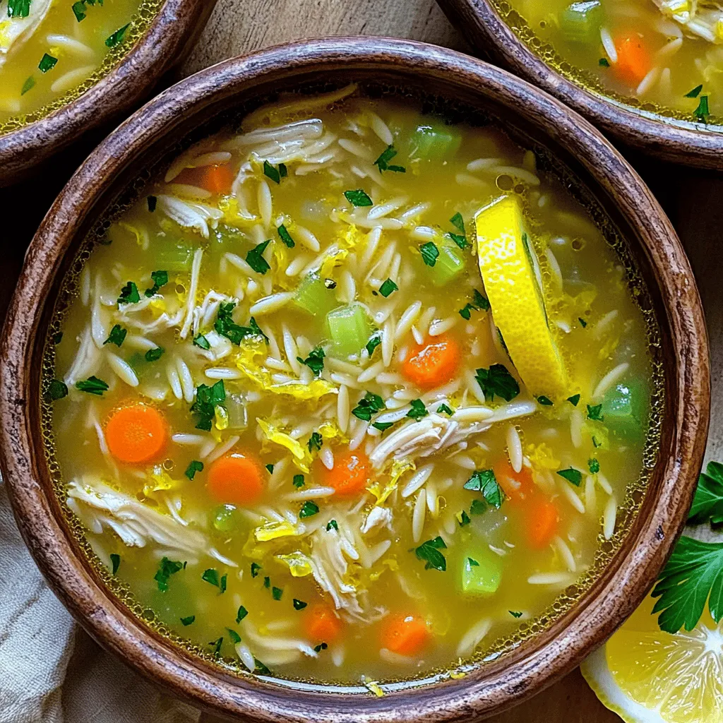- 1 lb boneless, skinless chicken breast - 6 cups chicken broth - 1 cup orzo pasta - 1 medium onion, finely chopped - 2 cloves garlic, minced - 2 large carrots, diced - 2 celery stalks, diced - 1/4 cup fresh lemon juice (about 2 lemons) - Zest of 1 lemon - 1 teaspoon dried oregano - 2 tablespoons olive oil - Fresh parsley, chopped for garnish In this recipe, the chicken breast serves as the main protein. I always use boneless and skinless chicken for ease. The chicken broth adds depth and warmth to the soup. I prefer homemade broth, but store-bought works well too. Next, orzo pasta gives the soup a delightful texture. It cooks quickly and soaks up the broth nicely. For vegetables, I use onion, garlic, carrots, and celery. These add flavor and nutrition. The onion and garlic provide a strong base. Carrots and celery bring sweetness and crunch. Seasoning is key to a great soup. Fresh lemon juice and zest brighten the dish. Dried oregano adds a hint of earthiness. Olive oil enriches the soup, while fresh parsley gives a fresh finish. Each ingredient plays a vital role in this Greek lemon chicken soup. Together, they create a flavorful delight that warms the soul. First, grab a large pot and heat two tablespoons of olive oil. Once hot, add one finely chopped onion, two diced carrots, and two diced celery stalks. Sauté these veggies for about five to seven minutes. You want them soft and fragrant. Next, add two cloves of minced garlic. Cook this for one more minute. The smell will be amazing! Now, pour in six cups of chicken broth and bring it to a gentle boil. Add one pound of boneless, skinless chicken breast to the pot. Reduce the heat and let it simmer. The chicken will take about 15 to 20 minutes to cook through. Once done, remove it from the pot and let it cool a bit. Shred the chicken into bite-sized pieces when it's cool enough to handle. While the chicken is cooling, add one cup of orzo pasta to the boiling broth. Cook it according to the package instructions, usually about eight to ten minutes. In a separate bowl, whisk together three large eggs, 1/4 cup of fresh lemon juice, the zest of one lemon, and one teaspoon of dried oregano. To avoid curdling, ladle out a cup of hot broth and slowly whisk it into the egg mixture. Stir continuously as you add it back into the soup. Finally, add the shredded chicken back in and season with salt and pepper. Let it warm for a couple of minutes before serving. To get the best taste in your soup, fresh lemon juice is key. It adds a bright, zesty flavor that makes the dish shine. I always use juice from real lemons, not bottled ones. The zest also packs in a lot of flavor. When you add it, you will notice a big difference! Choosing the right chicken broth is also vital. A rich, homemade broth makes the soup taste better. If you use store-bought broth, look for low-sodium options. This helps control the salt level in your soup. For a smooth soup, the way you add the eggs matters. First, whisk the eggs with lemon juice and zest in a bowl. Then, take a cup of hot broth and slowly mix it into the egg mixture. This step warms the eggs. It prevents them from curdling when you stir them back into the pot. When shredding chicken, use two forks. Pull the meat apart gently into bite-sized pieces. This method keeps the chicken tender and helps it blend well with the soup. For a lovely touch, garnish your soup with fresh parsley. It adds color and a fresh taste. Just chop it finely and sprinkle it on top before serving. Serving the soup with lemon slices is a great idea. Place a slice on the side of each bowl. This way, your guests can add more lemon if they want. The extra zing will elevate the soup experience! {{image_2}} You can boost flavor and nutrition by adding more veggies. Spinach or kale works great. Just toss them in a few minutes before serving. They add color and taste. You can also swap in root veggies like sweet potatoes or parsnips. These will give the soup a sweet and hearty flavor. If you want to save time, use rotisserie chicken. Just shred it and stir it in at the end. It makes the soup quick and easy. For a vegetarian twist, use chickpeas instead of chicken. They add protein and a nice texture. You can mix them in while cooking the soup. You can switch out orzo for other pasta types. Rice works well, too, if you need a gluten-free option. Quinoa is another healthy choice that adds crunch. You can also try small shapes like ditalini or mini shells. These shapes hold the broth well and make each bite fun. To store leftovers, let the soup cool first. Then, place it in an airtight container. This keeps it fresh and safe. The soup lasts for about three to four days in the fridge. If you want to keep it longer, freezing is a better choice. You can freeze portions for later meals. Use freezer-safe containers or bags. Make sure to leave space for expansion. The soup can last up to three months in the freezer. To thaw, move the soup to the fridge overnight. For a quicker method, use the microwave on low power. To reheat the soup, do it slowly on the stove. This helps keep the texture nice. Stir often and heat until warm. You might need to add a bit of broth or water to thin it out. After reheating, taste the soup. Adjust the seasoning with salt or lemon juice if needed. Enjoy your bowl of comfort! Yes, you can make this soup ahead of time. To do this, follow these steps: - Cook the soup as directed. - Let it cool completely. - Store it in an airtight container in the fridge for up to three days. When you are ready to eat, reheat it gently on the stove. If the soup thickens, add a bit of broth or water to get the right consistency. This soup pairs well with many sides. Here are some tasty options: - A simple Greek salad with cucumbers, tomatoes, and feta cheese. - Crispy, warm pita bread for dipping. - A fresh side of roasted vegetables for added flavor. These sides will complement the soup's bright taste. This soup can be gluten-free if you make a few changes. Here’s what to consider: - Use gluten-free orzo pasta instead of regular orzo. - Check that your chicken broth is labeled gluten-free, as some brands may add gluten. With these swaps, you can enjoy a delicious, gluten-free version of Greek Lemon Chicken Soup! This blog covers how to make Greek Lemon Chicken Soup. You learned about the key ingredients, like chicken, orzo, and fresh veggies. I shared step-by-step instructions, tips for flavor, and presentation ideas. You can customize the soup with different veggies or proteins. Storage tips help keep it fresh. In conclusion, this comforting soup is easy to make and perfect for any meal. Enjoy your cooking!