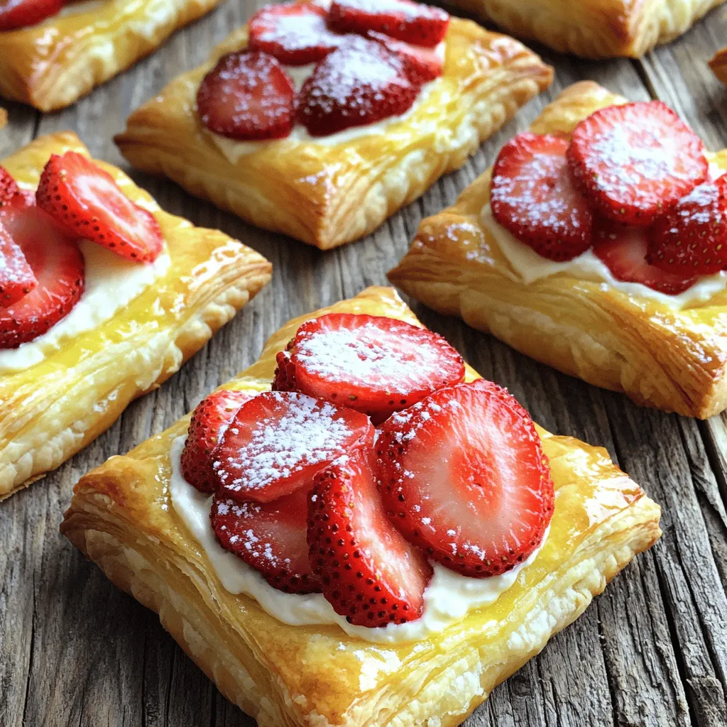 To make a tasty strawberry cream cheese danish, you need a few key items: - 1 sheet of puff pastry (thawed) - 8 oz cream cheese, softened - 1/4 cup powdered sugar - 1/2 teaspoon vanilla extract - 1 cup fresh strawberries, hulled and sliced - 1 tablespoon cornstarch - 2 tablespoons granulated sugar - 1 egg (for egg wash) - 1 tablespoon milk (for egg wash) These ingredients come together to create a delightful blend of flavors and textures. The puff pastry gives a flaky base, while the cream cheese adds smooth richness. The strawberries bring a bright, fresh taste. For an extra touch, consider these optional ingredients: - Additional powdered sugar for dusting Dusting your danish with powdered sugar adds a sweet finish. It also looks pretty when you serve them. When picking strawberries, look for these signs of freshness: - Bright red color - No soft spots or bruises - A sweet, fragrant smell Fresh strawberries make a big difference in taste. Always try to buy them in season for the best flavor. If you can, shop at local markets. They often have the freshest options. Start by preheating your oven to 400°F (200°C). This step is key to getting a nice, crispy Danish. Next, take your thawed puff pastry and place it on a lightly floured surface. Roll it out gently to smooth out any creases. Then, cut the pastry into four equal squares. Each square will hold delicious filling. In a mixing bowl, combine 8 oz of softened cream cheese, 1/4 cup powdered sugar, and 1/2 teaspoon vanilla extract. Beat these together until smooth and creamy. This mixture gives the Danish a rich, sweet flavor. In another bowl, take 1 cup of hulled and sliced strawberries. Add 2 tablespoons of granulated sugar and 1 tablespoon of cornstarch. Toss gently to coat the strawberries. This mixture adds a fruity burst to each bite. Place a generous spoonful of the cream cheese mixture in the center of each square. Top it with a few spoonfuls of the strawberry mixture. Fold the corners of each square toward the center and pinch them to secure. Make sure there is an opening for the filling to peek through. In a small bowl, whisk together 1 egg and 1 tablespoon of milk for the egg wash. Brush this over the exposed pastry edges. This will give your Danishes a golden finish. Place them on a baking sheet lined with parchment paper. Bake for 15-20 minutes or until golden brown. Let them cool slightly before enjoying. Optionally, dust with powdered sugar for a sweet touch. To get a golden pastry, use an egg wash. Mix one egg with a little milk. Brush this on the edges of your pastry before baking. The egg wash helps the pastry brown nicely. Bake at 400°F (200°C) for 15-20 minutes. Keep an eye on them to avoid burning. You want them puffy and golden, not too dark. Cool the Danishes completely before storing. Place them in an airtight container. They stay fresh for up to two days at room temperature. For longer storage, put them in the fridge. You can also freeze them for up to a month. Just wrap each Danish in plastic wrap before freezing. To reheat, use the oven for the best results. Preheat it to 350°F (175°C). Place the Danishes on a baking sheet. Heat them for about 10 minutes. This keeps the pastry crispy. You can also microwave them for a quick fix. Just heat for 15-20 seconds, but they won’t be as crispy. Enjoy your delightful treat warm! {{image_2}} You can switch up the fruit in this Danish to suit your taste. Try blueberries, raspberries, or peaches for a fun twist. Each fruit brings its own flavor. For a berry mix, use strawberries, blueberries, and blackberries together. This adds color and a sweet-tart taste. If you want to mix it up, there are other options for the cream cheese. Mascarpone creates a rich and creamy filling. Greek yogurt offers a lighter option with a tangy flavor. You can also use ricotta for a different texture. These swaps keep the recipe fun and fresh. You don’t have to stick to squares! You can fold the pastry into triangles or roll them into pinwheels. For a more festive look, try braiding the pastry. Each shape can change how the filling looks and tastes. Be creative and have fun with your Danish shapes. Strawberry cream cheese Danish is a sweet treat that pairs well with many foods. It has a rich cream cheese flavor and fresh strawberries. Here are some great pairings: - Fresh fruit salad: The fruity mix contrasts well with the pastry. - Whipped cream: A dollop on top makes it extra special. - Granola: Add some crunch to your bite. - Dark chocolate: A sprinkle of shavings adds a rich twist. These choices enhance your Danish and make each bite even more delightful. To enjoy your Danish, pick a fitting drink. Here are some ideas: - Coffee: A warm cup of coffee balances the sweetness. - Tea: Opt for black or herbal tea for a calming sip. - Milk: A classic choice that pairs well with pastries. - Fresh juice: Try orange or apple juice for a fruity kick. These drinks will elevate your dessert experience and add to the fun. Presentation matters when serving your Danish. Here are tips to make your dish look stunning: - Use a clean, white plate: This allows the colors to pop. - Dust with powdered sugar: A light sprinkle adds elegance. - Add a few whole strawberries: This brings freshness to the plate. - Arrange in a fan shape: This makes the pastries look inviting. With these simple tips, you can impress your guests and make every serving a treat for the eyes. Yes, you can prepare the filling in advance. Mix the cream cheese, powdered sugar, and vanilla extract. Store this mixture in the fridge for up to two days. You can also slice the strawberries and mix them with sugar and cornstarch ahead of time. Keep them in an airtight container in the fridge. However, I recommend assembling the Danishes just before baking. This keeps the puff pastry crisp and flaky. If you don't have puff pastry, you can use phyllo dough. Thaw the phyllo and layer a few sheets, brushing with melted butter between layers. You can also try crescent roll dough. Just roll it out flat and cut it into squares. Both options give a nice taste and texture but may change the final look. Store any leftovers in an airtight container. Place a piece of parchment paper between layers to avoid sticking. Keep them in the fridge for up to two days. To enjoy the Danishes again, reheat them in the oven for a few minutes. This revives their crispness and flavor. Avoid the microwave, as it may make them soggy. This blog post shared how to make a delicious Strawberry Cream Cheese Danish. We covered the main and optional ingredients, tips for selecting fresh strawberries, and step-by-step baking instructions. I also gave tips for golden pastries, storing leftovers, and reheating. You can try different fruit fillings and cream cheese options, along with fun shapes for your danishes. With these ideas, you can impress anyone with your baked treats. Enjoy your cooking, and share your tasty results!