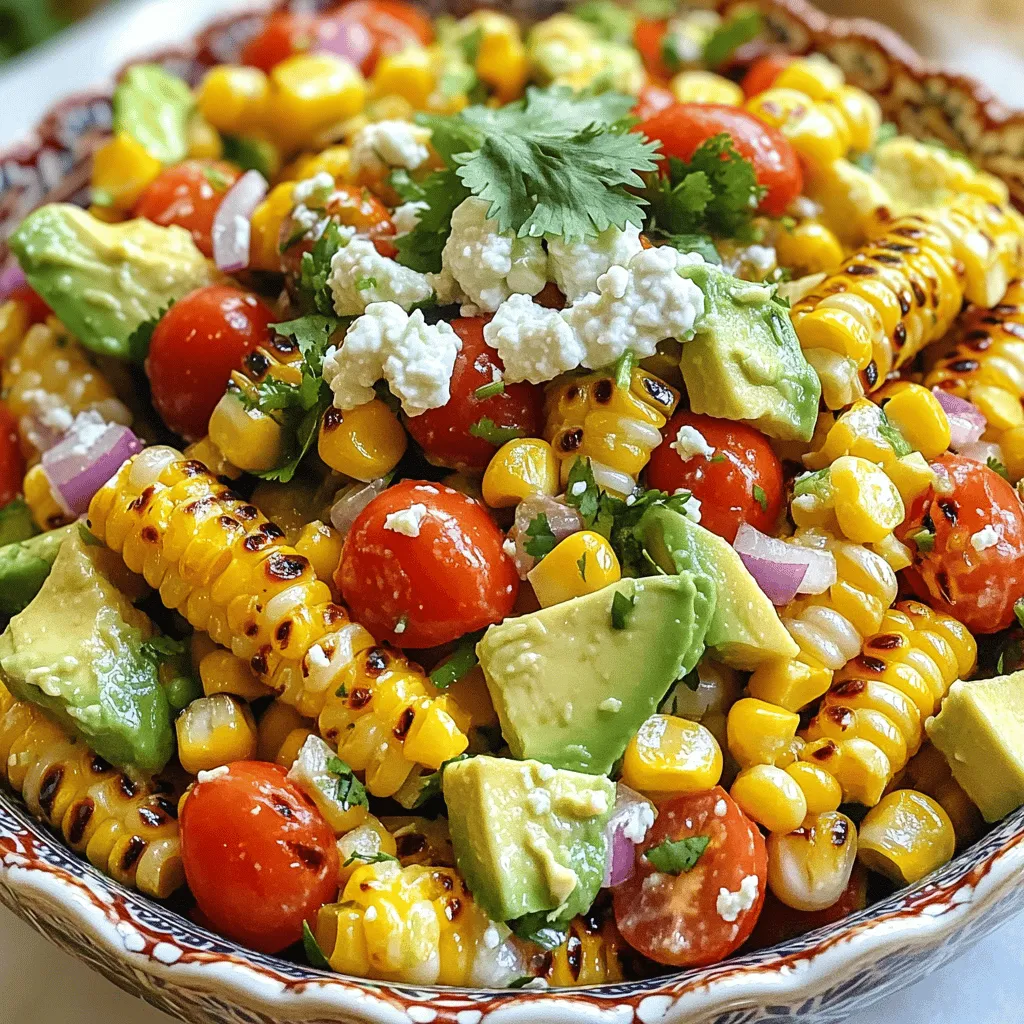 - Corn (4 ears, husked) - Cherry tomatoes (1 cup, halved) - Red onion (1/2 cup, finely diced) - Queso fresco (1/2 cup, crumbled) - Fresh cilantro (1/4 cup, chopped) - Avocado (1, diced) - Mayonnaise (1/4 cup) - Lime juice (2 tablespoons) - Chili powder (1 teaspoon) - Salt and pepper to taste To make this salad pop, you need fresh and simple ingredients. The corn adds sweetness, while the tomatoes bring a juicy burst. Red onion gives a nice crunch, and queso fresco adds creaminess. Cilantro brings brightness, and avocado adds smoothness. The dressing is where the magic happens! - Paprika (for a smoky touch) - Cumin (for warmth) - Feta cheese (for tanginess) - Cotija cheese (for a crumbly texture) These extras can kick up the flavor. Try adding spices like paprika or cumin for depth. Feta or cotija can give that extra zing to every bite! - Canned or frozen corn (if fresh corn is not available) - Plant-based mayonnaise (for a dairy-free option) You can easily swap out fresh corn for canned or frozen. If you want a dairy-free salad, use a plant-based mayo. Both options keep the taste great! First, you need to preheat your grill. Set it to medium-high heat. This will give your corn a nice char. While the grill heats up, husk four ears of corn and set them aside. Next, gather your other veggies. Dice half a cup of red onion finely. Halve one cup of cherry tomatoes. Chop a quarter cup of fresh cilantro. Finally, dice one avocado. Now, it’s time to grill the corn. Place the corn directly on the grill. Grill it for about 10 to 15 minutes. Remember to turn the corn every few minutes. You want it to be slightly charred. Once it’s done, remove it from the grill and let it cool. After the corn cools, take a sharp knife. Cut the kernels off the cob into a large mixing bowl. In the mixing bowl, add the diced tomatoes, red onion, crumbled queso fresco, chopped cilantro, and diced avocado. In a separate small bowl, whisk together a quarter cup of mayonnaise, two tablespoons of lime juice, one teaspoon of chili powder, and salt and pepper to taste. Pour this dressing over the corn mixture. Gently toss everything until it’s evenly coated. It’s a good idea to taste it and adjust the seasoning if you need to. Now, chill the salad in the refrigerator for about 30 minutes. This will let all the flavors blend together. When you’re ready to serve, enjoy your delicious Mexican street corn salad! To get the best corn, you'll want to grill it at medium-high heat. This helps the corn cook evenly and get those nice char marks. Turn the corn every few minutes. This keeps it from burning and ensures all sides get that tasty grilled flavor. Aim for about 10-15 minutes total. When it’s ready, the kernels should be tender and slightly charred. Add more flavor to your salad by mixing in toppings like diced jalapeños or black beans. These give it a nice kick. You can also try spices like paprika or cumin for extra depth. To balance the flavors, taste the salad after mixing. Adjust with more lime juice or salt if needed. This makes sure every bite is packed with flavor. For serving, choose a bright, decorative bowl. This adds a pop of color to your table. Garnish the top with extra crumbled queso fresco and a sprig of cilantro for a fresh look. This not only makes it pretty but also adds more flavor. A well-presented dish invites everyone to dig in! {{image_2}} You can make this salad your own by mixing in different flavors. For a Southwest twist, add chopped jalapeños and black beans. These ingredients bring heat and heartiness. The spicy jalapeños pair well with the sweet corn. Black beans add protein and fiber, making it more filling and nutritious. Try a Mediterranean version for a fresh take. Use diced cucumbers, sliced olives, and crumbled feta cheese. The cucumbers add crunch, while olives provide a briny taste. Feta cheese gives a salty kick that pairs well with the corn's sweetness. This twist makes the salad light and refreshing. Vegan eaters can still enjoy this salad by swapping regular mayonnaise for plant-based mayonnaise. It keeps the creamy texture without using eggs. Look for brands without added sugars or preservatives for the best flavor. If gluten is a concern, this salad is naturally gluten-free. All the ingredients are safe for those avoiding gluten. Make sure to check labels on any pre-packaged items to ensure they are gluten-free. This salad shines as an appetizer or side dish. Serve it at summer barbecues or potlucks for a crowd-pleaser. You can also place it in a large bowl for sharing. For gatherings, consider serving it in small cups. This way, guests can grab their own portion easily. Garnish with extra queso fresco and cilantro on top for a nice touch. To store leftovers, place the salad in an airtight container. Make sure to cover it well. This keeps the salad fresh in the fridge for a few days. Keep the salad away from strong odors, as it can absorb them. For best taste, eat your leftovers within three days. You can freeze the corn salad components. However, some parts do not freeze well. Corn and diced veggies freeze nicely. To freeze, spread them in a single layer on a baking sheet. Once frozen, transfer them to a freezer bag. For reheating, thaw in the fridge overnight. After thawing, eat within a day or two for freshness. The salad stays fresh in the fridge for about three days. If you notice a change in color or smell, it’s time to toss it. Avoid eating if you see any mold. Always trust your senses when checking for spoilage. To make this salad, start by grilling corn. Preheat your grill to medium-high heat. Cook the corn for about 10-15 minutes, turning it until it gets charred. Let the corn cool before cutting the kernels off the cob into a bowl. Add cherry tomatoes, diced red onion, crumbled queso fresco, chopped cilantro, and diced avocado. In another bowl, mix mayonnaise, lime juice, chili powder, salt, and pepper. Pour the dressing over the corn mix and toss gently. Chill for 30 minutes before serving. Yes, you can prepare the salad a few hours ahead. Just follow the recipe until you mix in the dressing. Store the salad in the fridge. This lets the flavors blend well. For best taste, add the avocado just before serving to keep it fresh. This salad pairs nicely with grilled chicken or fish. It also goes well with tacos or burritos. You can serve it as a side dish at BBQs or picnics. You might also enjoy it with tortilla chips for a fun crunch. Yes, this salad is gluten-free. All the ingredients used, like corn, tomatoes, and avocado, do not contain gluten. Be sure to check your mayonnaise for any gluten traces if you are sensitive. Here’s how to make this tasty salad: Ingredients: - 4 ears of corn, husked - 1 cup cherry tomatoes, halved - 1/2 cup red onion, finely diced - 1/2 cup crumbled queso fresco - 1/4 cup fresh cilantro, chopped - 1 avocado, diced - 1/4 cup mayonnaise - 2 tablespoons lime juice - 1 teaspoon chili powder - Salt and pepper to taste Steps: 1. Preheat your grill to medium-high heat. 2. Grill the corn for 10-15 minutes until charred. 3. Let the corn cool, then cut the kernels off. 4. In a bowl, mix corn, tomatoes, onion, queso, cilantro, and avocado. 5. In a separate bowl, whisk mayonnaise, lime juice, chili powder, salt, and pepper. 6. Pour the dressing over the corn mix and toss gently. 7. Chill in the fridge for 30 minutes before serving. Enjoy your flavorful Ultimate Mexican Street Corn Salad! In this article, we explored how to create the Ultimate Mexican Street Corn Salad. We discussed key ingredients, preparation steps, and tips for grilling corn perfectly. You learned how to enhance flavors with spices and cheese. I shared ideas for dietary variations and serving styles, plus storage tips to keep leftovers fresh. This salad is fun and easy to make. It's perfect for gatherings or a tasty side. Enjoy the vibrant flavors and impress your guests!