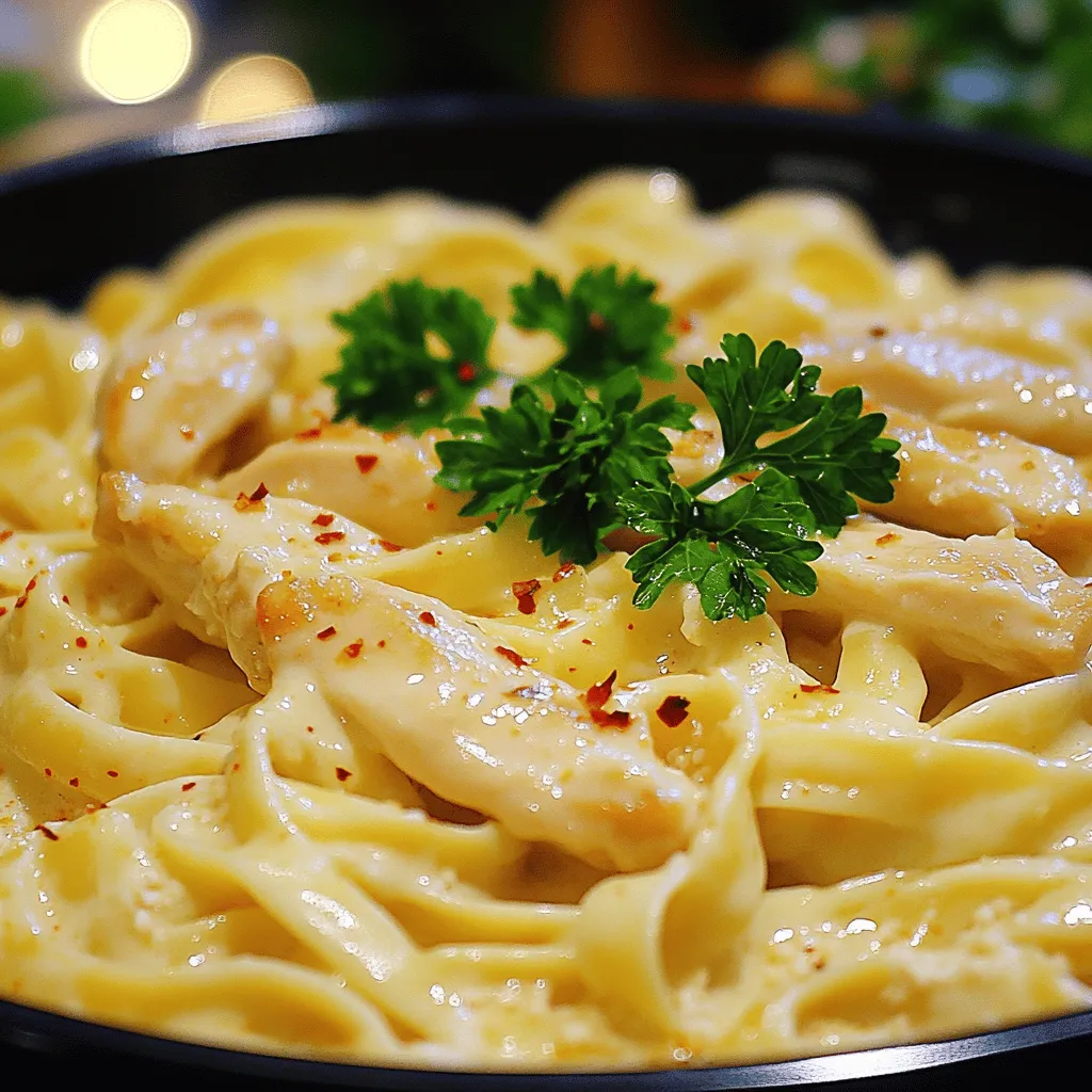 - 300g spaghetti or fettuccine - 2 medium chicken breasts, sliced into strips - 4 tablespoons unsalted butter - 4 cloves garlic, minced - 1 teaspoon dried Italian herbs (oregano, basil, thyme) - 1 teaspoon red pepper flakes (optional for spice) - 1 cup chicken broth - 1 cup heavy cream - 1 cup grated Parmesan cheese - Fresh parsley, chopped for garnish Gathering these ingredients will set you up for a fun and tasty meal. Start with your choice of pasta. I love spaghetti, but fettuccine works great too. You’ll need two chicken breasts, cut into strips. This helps them cook fast and evenly. Next, grab unsalted butter—four tablespoons of it. Butter adds a rich flavor. The garlic is key here. Use four cloves and mince them well. Dried Italian herbs will give your dish depth. Just a teaspoon of those will do. If you enjoy a kick, throw in some red pepper flakes. For the sauce, you’ll need one cup of chicken broth and one cup of heavy cream. The cream makes the dish so smooth and rich. Don’t forget the grated Parmesan cheese—one cup will make it cheesy and delicious. Lastly, grab fresh parsley for a pop of color and freshness on top. These ingredients are simple but pack a lot of flavor. As you cook, remember to enjoy the process! 1. Start by boiling a large pot of salted water. 2. Add 300g of spaghetti or fettuccine. Cook according to the package instructions. 3. Before draining, reserve 1 cup of pasta water. Set the pasta aside after draining. 1. In a large skillet, melt 2 tablespoons of butter over medium heat until it bubbles. 2. Add 2 medium chicken breasts, sliced into strips. Season with salt and pepper. 3. Cook the chicken for 6-8 minutes until it turns golden brown. 4. Once cooked, remove the chicken from the skillet and set it aside. 1. In the same skillet, add the remaining 2 tablespoons of butter. 2. Once melted, add 4 cloves of minced garlic and 1 teaspoon of red pepper flakes. Sauté for 1-2 minutes until fragrant. 3. Pour in 1 cup of chicken broth and bring it to a simmer. Scrape up any brown bits from the skillet. 4. Stir in 1 cup of heavy cream and 1 teaspoon of dried Italian herbs. Let it simmer for 3-4 minutes until thickened. 5. Add the cooked chicken back into the skillet. Stir in the drained pasta until everything is well coated. 6. If the sauce is too thick, add some reserved pasta water until you reach the desired consistency. 7. Finally, mix in 1 cup of grated Parmesan cheese. Stir until it melts and the sauce is creamy. 8. Adjust the seasoning with salt and pepper as needed. 9. Serve the pasta warm, garnished with fresh chopped parsley and more Parmesan if desired. - To make the sauce creamy, use reserved pasta water. This adds moisture and helps blend the flavors. - Sauté garlic until it smells great, but don’t let it burn. Burnt garlic makes the sauce bitter, and we want smooth, rich flavors. - Top your dish with fresh parsley and extra Parmesan. This adds color and makes the meal look fancy. - Serve with a side salad or warm garlic bread. These sides balance the rich pasta nicely and make your meal more complete. - Make sure the chicken is fully cooked, but don’t overdo it. It should be juicy, not dry. - Slice the chicken thinly. This helps it cook faster and soak up more sauce. Each bite will be flavorful and tender. {{image_2}} You can easily change the main protein in this dish. Instead of chicken, try shrimp or tofu for a new twist. Shrimp cooks quickly and adds a sweet flavor. Tofu absorbs the garlic butter sauce well, making it tasty and satisfying. If you want a vegetarian option, consider using grilled vegetables. Bell peppers, zucchini, and eggplant work well. They add color and crunch to the dish. Not a fan of traditional pasta? Switch it up! Whole grain pasta adds extra fiber and nutrients. Gluten-free pasta is also a great choice for those with dietary needs. You can also experiment with different shapes like penne or farfalle. Each shape holds sauce differently, giving you unique bites every time. Want to kick up the flavor? Try adding lemon zest. It brings a fresh, citrusy zing that brightens the dish. You can also mix in sun-dried tomatoes or fresh spinach for added nutrition. Sun-dried tomatoes give a sweet and tangy taste, while spinach adds a nice green touch. These variations make the dish even more exciting! To keep your Garlic Butter Chicken Pasta fresh, store leftovers in an airtight container. This simple step helps maintain flavor and texture. It will last up to 3 days in the fridge. When you're ready to enjoy it again, just pull it out and reheat! When reheating, you can use the microwave. Add a splash of water or chicken broth to revive the creaminess. This will help bring back the sauce's rich flavor. For the best texture, heat it on the stovetop. Stir gently as it warms up to keep it smooth and delicious. If you want to save some for later, freezing works great! Portion out individual servings for easy meals. Make sure to use freezer-safe containers. When you're ready to eat, thaw the pasta in the fridge overnight. This way, it will be ready for reheating without losing its taste. To whip up Garlic Butter Chicken Pasta fast, focus on prep. Start by measuring and chopping your ingredients. Here's how: - Cook your pasta in a large pot of salted water. This takes about 8-10 minutes. - While the pasta cooks, slice the chicken into thin strips. This helps it cook quickly. - Use a large skillet for the chicken. Melt butter over medium heat. This speeds up cooking. - As the chicken browns, prepare your sauce. Mince the garlic and have everything ready. - Use one pot for cooking and another for sauce. This cuts down on clean-up time. Following these tips, you can serve a tasty meal in just 30 minutes! Yes, you can make this dish dairy-free! Here are some simple swaps: - Replace butter with olive oil or dairy-free butter. - Use cashew cream or coconut cream instead of heavy cream. - Choose a plant-based cheese for the Parmesan. Nutritional yeast can add a cheesy flavor too. - Always check labels to ensure your dairy substitutes are truly dairy-free. These changes keep the meal creamy and delicious without dairy. If heavy cream is not available, don't worry! You can use these substitutions: - Milk: Mix whole milk with a bit of cornstarch to thicken. Use 1 tablespoon cornstarch per cup of milk. - Plant-based cream: Coconut or almond cream works well. They add a nice flavor and texture. - Greek yogurt: Mix plain Greek yogurt with a little water. This gives a creamy texture with less fat. These options will help keep the sauce rich and smooth. This blog post covered making Garlic Butter Chicken Pasta with easy steps and tips. We explored the key ingredients like chicken, pasta, and garlic, plus how to create a rich sauce. You learned about protein swaps and pasta choices to fit your taste. Fresh ideas for serving and storing make this dish flexible and fun. Remember, cooking can be quick and enjoyable. With practice, you'll nail this recipe and impress everyone at the table. Embrace these cooking tips and savor each bite of your delicious meal!