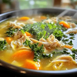 - Bone broth options: - Homemade bone broth - Store-bought bone broth - Fresh vegetables required: - 1 large onion, diced - 3 cloves garlic, minced - 2 large carrots, sliced - 2 celery stalks, sliced - 2 cups kale or spinach, chopped - Seasonings and herbs: - 1 teaspoon dried thyme - 1 teaspoon dried oregano - 1 bay leaf - Salt and pepper to taste - Juice of 1 lemon - Fresh parsley for garnish Bone broth offers many health benefits. It supports gut health, boosts immunity, and aids joint health. Each serving of soup provides protein, vitamins, and minerals. The chicken adds lean protein, while the veggies provide fiber and vitamins. This soup has a wholesome mix of nutrients that nourish your body. When choosing chicken, I recommend using skinless and boneless cuts like thighs or breasts. These options cook well and remain juicy. Always select organic vegetables when possible. Organic produce has fewer chemicals and usually tastes better. Fresh ingredients make a big difference in flavor and health benefits. 1. Heat the Oil: Begin by heating the olive oil in a large pot over medium heat. 2. Chop the Veggies: Dice the onion and mince the garlic. Slice the carrots and celery. 3. Sauté the Aromatics: Add the onion to the pot. Cook for about 5 minutes until it turns translucent. Stir in the garlic, carrots, and celery. Cook for another 3-4 minutes until they soften. 4. Cook the Chicken: Move the veggies to the sides. Place the chicken pieces in the center of the pot. Sear for 2-3 minutes on each side until lightly browned. 5. Pour in Bone Broth: Carefully pour in the bone broth. Make sure the chicken is fully submerged. 6. Add Seasonings: Sprinkle in the dried thyme, oregano, and the bay leaf. Season with salt and pepper. Bring to a gentle simmer. 7. Simmer: Cover the pot and let it simmer for 20-25 minutes. The chicken should be cooked through and tender. 8. Shred Chicken: Remove the chicken from the pot. Use two forks to shred the chicken. Return the shredded chicken to the pot. 9. Add Greens: Stir in the chopped kale or spinach. Cook for an additional 5 minutes until wilted. 10. Finish with Lemon Juice: Squeeze the juice of one lemon into the soup. Adjust the seasoning as needed. 11. Serve: Ladle the soup into bowls. Garnish with fresh parsley before serving. - Cook the Chicken Through: Ensure the chicken cooks until the internal temperature reaches 165°F. - Shredding Techniques: For tender chicken, use two forks to pull apart the meat gently. This keeps it juicy and flavorful. - Prep Time: 10 minutes to chop and prepare ingredients. - Cooking Time: 35 minutes to simmer the soup. - Total Time: 45 minutes from start to finish. - Recommended Equipment: A large pot works best for this recipe. A good-quality knife aids in chopping veggies. - Underseasoning vs over-seasoning: Many home cooks make this mistake. Start with a little salt and pepper. You can always add more later. Taste the soup as it cooks. This helps you find the right balance. - Cooking the chicken too long: Overcooked chicken turns tough. Aim for tender pieces. Cook until just done, then shred. This keeps the chicken juicy and flavorful. - Using fresh herbs: Fresh herbs add a burst of flavor. Try adding parsley or thyme at the end. This keeps their taste bright and fresh. - Incorporating other spices: Spices can take your soup to the next level. Try a pinch of cayenne for heat or smoked paprika for depth. Experiment with what you enjoy. - Ideal sides for bone broth chicken soup: Serve with crusty bread or a simple salad. These sides round out the meal and add more texture. - Ways to elevate the presentation: Garnish with fresh parsley or a slice of lemon. A sprinkle of cracked pepper can also add a nice touch. Use colorful bowls to make it pop! {{image_2}} For a keto version of this soup, swap regular carrots for zucchini. This keeps the soup low in carbs. You can also use chicken thighs for more fat and flavor. Keep the herbs and seasonings the same to ensure the taste remains rich. You can enjoy this dish without worrying about carbs. To make this soup in an Instant Pot, follow these steps: 1. Heat the Oil: Use the sauté setting to heat the olive oil. Add the onion and cook until soft. 2. Add Aromatics: Stir in garlic, carrots, and celery. Cook for a few minutes until they soften. 3. Cook the Chicken: Add the chicken pieces in the pot. Sear for about 2-3 minutes. 4. Pour in Bone Broth: Add the bone broth and seasonings. 5. Pressure Cook: Lock the lid and set to high pressure for 10 minutes. 6. Release Pressure: Once done, do a quick release. 7. Shred Chicken: Remove and shred the chicken, then return it to the pot. 8. Add Greens: Stir in kale or spinach and let it warm up. 9. Finish with Lemon Juice: Squeeze lemon juice before serving. This method saves time and keeps the soup full of flavor. You can customize your soup with grains or beans. Try adding cooked quinoa or white beans for extra protein and fiber. They give a nice texture and heartiness. Popular add-ins include corn or diced potatoes. These ingredients add sweetness and creaminess. You can mix and match based on your taste. Just remember to adjust cooking time for any new ingredients! To keep your bone broth chicken soup fresh, store it in the fridge right away. Use an airtight container. Let the soup cool before sealing. This step helps avoid moisture build-up. Reheat the soup on the stove. Stir it often for even heating. You can add a splash of water if needed. You can freeze bone broth chicken soup for later. First, let it cool completely. Then, pour the soup into freezer-safe bags. Remove as much air as you can before sealing. Label the bags with the date. To thaw, place the bag in the fridge overnight. When ready, reheat it on the stove until hot. In the fridge, your soup lasts about 3 to 4 days. If you freeze it, it can stay good for up to 3 months. Check for signs of spoilage. If the soup smells sour or has an off-color, it's best to throw it away. Always trust your senses when it comes to food safety. You can use several alternatives if you don’t have bone broth. Here are some options: - Vegetable broth - Chicken broth - Beef broth - Water with added seasonings These can work well in the soup. However, bone broth adds a rich flavor and nutrition that other liquids may lack. Yes, you can prepare this soup in advance. Here are best practices: - Cook the soup and let it cool. - Store it in an airtight container. - Keep it in the fridge for up to three days. You can also freeze the soup. Just pour it into freezer-safe containers. It will last up to three months. Thaw in the fridge overnight before reheating. Bone broth chicken soup is very healthy. Here are some health benefits: - Rich in nutrients from bones and vegetables. - Supports digestion and gut health. - Provides protein from chicken. - Helps with joint health due to collagen. This soup is a great choice for comfort and wellness. It nourishes your body and warms your soul. This article covered how to make tasty bone broth chicken soup. We explored key ingredients, like broth options and fresh veggies. I shared healthy benefits and cooking tips to make it perfect. You learned about variations, storage tips, and common mistakes to avoid. Now, you have the tools to create a warm, nutritious soup. Enjoy making this dish and share it with others. Happy cooking!