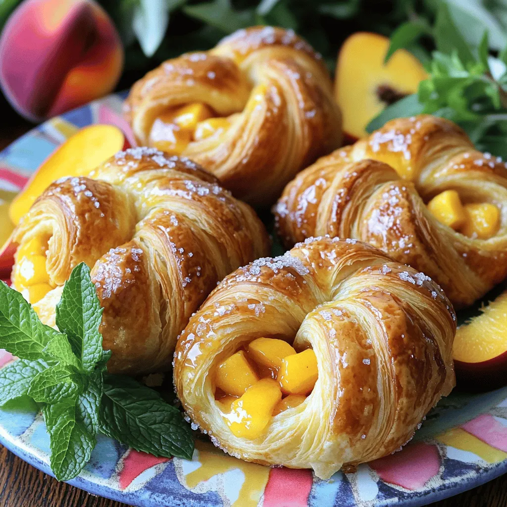 - 1 can of refrigerated croissant dough - 2 ripe peaches, peeled and diced - 1/4 cup brown sugar - 1 tablespoon cornstarch - 1 teaspoon cinnamon - 1 tablespoon lemon juice - 1/4 cup granulated sugar (for sprinkling) - 1 egg (for egg wash) - 1/2 teaspoon vanilla extract - 1/2 cup cream cheese, softened - 1/4 cup powdered sugar To make these Peach Pie Cruffins, you will need simple ingredients. Start with a can of refrigerated croissant dough. This dough makes the cruffins flaky and tender. Next, use two ripe peaches. Make sure to peel and dice them into small pieces. For sweetness, gather brown sugar and granulated sugar. Brown sugar adds depth, while granulated sugar gives a nice crunch. You'll also need cornstarch to thicken the peach filling. This keeps the filling from being runny. Add flavor with cinnamon and lemon juice. Cinnamon brings warmth, while lemon juice brightens the taste of the peaches. For the filling and topping, you will use cream cheese. It adds a rich layer inside the cruffins. Lastly, powdered sugar is for the glaze. Mix it with a splash of water or lemon juice once the cruffins bake. With these ingredients, you will create a delightful treat. Enjoy each bite of your warm Peach Pie Cruffins! First, you need to make the peach filling. Take two ripe peaches, peel them, and dice them into small pieces. In a mixing bowl, combine the diced peaches with 1/4 cup of brown sugar, 1 tablespoon of cornstarch, 1 teaspoon of cinnamon, and 1 tablespoon of lemon juice. Mix everything well until the peaches are fully coated. This step helps the flavors blend. After mixing, set the bowl aside to let the peaches marinate for a bit. Next, grab your can of refrigerated croissant dough. Unroll the dough carefully and separate the triangles. Lay each triangle flat on your work surface. Now, take 1/2 cup of softened cream cheese and brush a thin layer over the dough. This cream cheese adds a lovely richness to your cruffins. Now it’s time to assemble your cruffins! On the wide end of each croissant triangle, place a spoonful of the peach mixture. Be sure not to overfill! Then, roll the triangle up tightly, starting from the wide end. Once rolled, position the cruffins upright in your muffin tin. This helps them keep their shape while baking. Before we bake, let’s add some shine! In a small bowl, beat one egg and mix in 1/2 teaspoon of vanilla extract. Brush this egg wash generously over the tops of the cruffins. Then, sprinkle some granulated sugar on top for extra sweetness and crunch. Now, bake them in a preheated oven at 375°F (190°C) for about 15 to 18 minutes. You want them golden brown and puffed up. While they bake, prepare the glaze. Mix 1/4 cup of powdered sugar with a splash of water or extra lemon juice until smooth. Once your cruffins are done, drizzle this glaze over them while they’re still warm for a delightful finish. Choosing the right peaches: Pick ripe, sweet peaches for the best flavor. They should feel soft but not mushy when you squeeze them gently. Yellow peaches work well, but you can use white peaches too. Always smell the peaches; a sweet scent means they are ready to eat. Ensuring even rolling and baking: When you roll the cruffins, start at the wide end of the triangle. Roll tightly to keep the filling inside. Place cruffins standing up in the muffin tin. This helps them cook evenly and rise nicely. Overfilling the cruffins: Be careful not to add too much peach filling. If you overfill, the filling may spill out during baking. This can make the cruffins messy and uneven. Baking inconsistencies: Make sure your oven is preheated properly. Always check the cruffins at the lower end of the baking time. If they look golden brown, it’s time to take them out. Each oven is a little different, so keep an eye on them. Variations for cream cheese filling: You can mix in different flavors with the cream cheese. Try adding a bit of lemon zest or vanilla for a fresh twist. You could even use flavored cream cheese, like strawberry or honey, for a unique taste. Alternative sweeteners: If you want to try different sweeteners, use maple syrup or honey instead of brown sugar. These will add a nice depth of flavor. Adjust the amount based on your taste preference. {{image_2}} You can switch up the peaches for other fruits. Try using ripe berries or juicy apples. Seasonal fruits give you fresh flavors. You can mix two or more fruits for fun. For example, try peaches and blueberries together. The sweet and tart notes blend well. If you need gluten-free options, look for gluten-free croissant dough. Many brands offer it now. For a dairy-free twist, swap cream cheese with a dairy-free alternative. You can use coconut cream or cashew cream. These options still give you a tasty filling. Adding nuts can bring a nice crunch. Chopped pecans or walnuts work great. You can also mix in spices like nutmeg or ginger for warmth. For a sweet surprise, try adding chocolate chips or a drizzle of caramel. These flavors add depth and make your cruffins stand out. To keep your cruffins fresh, store them in an airtight container. This helps prevent them from drying out. You can refrigerate them for up to three days. If you want to keep them longer, freezing is a great option. Wrap each cruffin tightly in plastic wrap and place them in a freezer bag. They can last for about two months in the freezer. When it’s time to enjoy your cruffins again, you can reheat them. For the best taste and texture, use an oven. Preheat the oven to 350°F (175°C). Place the cruffins on a baking sheet and heat for about 10 to 15 minutes. This warms them up and revives their flaky texture. In the fridge, your Peach Pie Cruffins will stay fresh for about three days. If you freeze them, they will last for two months. Always check for signs of spoilage before eating. If you see mold or if the cruffins smell off, it's best to throw them away. Enjoy your treats while they're fresh for the best flavor! Cruffins are a fun mix of croissants and muffins. They have a flaky, layered texture like croissants. In contrast, muffins are soft and cake-like. Cruffins are made by rolling croissant dough into muffin shapes. This gives them a unique look and taste. You can fill cruffins with all sorts of yummy fillings. Peach Pie Cruffins, for example, are filled with sweet peaches and spices. Yes, you can prep these cruffins ahead of time. Prepare the peach filling and store it in the fridge. You can also roll the cruffins and place them in the muffin tin. Cover them with plastic wrap and chill overnight. In the morning, just brush with egg wash and bake them fresh. This way, you save time and enjoy warm cruffins whenever you want. Peach Pie Cruffins pair well with many drinks. A cup of coffee or tea makes a great match. You can also serve them with fresh fruit or a scoop of vanilla ice cream. For a light touch, add whipped cream on the side. These options add flavor and make dessert even better. This blog post covered how to make delicious Peach Pie Cruffins. We discussed key ingredients, including fresh peaches and croissant dough. I provided step-by-step instructions for preparing the filling and assembling the cruffins. You learned tips to perfect your bake and variations for flavor. Finally, we explored storage info to keep them fresh. Try these cruffins at home for a tasty treat that impresses. Your kitchen will smell amazing, and you'll love the sweet results. Enjoy creating and sharing this fun recipe!
