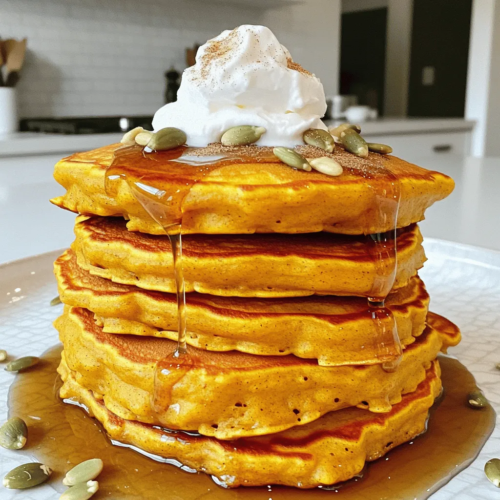 To make cottage cheese pumpkin pancakes, you need: - 1 cup cottage cheese - 1 cup canned pumpkin puree - 2 large eggs - 1 cup all-purpose flour - 1 tablespoon baking powder - 1 teaspoon ground cinnamon - 1/2 teaspoon nutmeg - 1/4 teaspoon salt - 1/4 cup milk (or almond milk) - 1 tablespoon maple syrup (optional) - Butter or oil for cooking These simple ingredients create a tasty and healthy dish. You can add extra flavor to your pancakes with: - Chocolate chips - Chopped nuts - Vanilla extract - Fresh fruit, like blueberries or bananas These optional ingredients will take your pancakes to the next level. If you want to make this recipe dairy-free or gluten-free, try these swaps: - Use dairy-free cottage cheese or silken tofu - Replace all-purpose flour with oat or almond flour - Use almond milk or coconut milk instead of regular milk These substitutions make the pancakes fit for different diets while keeping them delicious. Start by grabbing a large mixing bowl. Add 1 cup of cottage cheese, 1 cup of canned pumpkin puree, and 2 large eggs. Use a whisk to blend these ingredients well. Your goal is a smooth and creamy mixture. This step is key as it brings all the flavors together. Next, take another bowl. In this bowl, whisk together 1 cup of all-purpose flour, 1 tablespoon of baking powder, 1 teaspoon of ground cinnamon, 1/2 teaspoon of nutmeg, and 1/4 teaspoon of salt. This mix adds structure and flavor to your pancakes. Make sure there are no lumps in the dry mix. It should be smooth and evenly combined. Now, it’s time to cook! Preheat a skillet or a non-stick frying pan over medium heat. Add a small amount of butter or oil to coat the surface. Once the skillet is hot, pour about 1/4 cup of pancake batter for each pancake. Cook until you see bubbles forming on the surface. This usually takes about 3-4 minutes. Flip the pancakes and cook for another 2-3 minutes until they're golden brown. Keep the pancakes warm while you cook the rest of the batch. The smell of these pancakes will make your kitchen feel cozy and inviting! To get fluffy pancakes, mix your wet and dry ingredients gently. Overmixing can make them tough. It’s okay to have small lumps in the batter. If the batter feels too thick, add a little milk until it’s pourable. This helps each pancake cook evenly and stay soft. You’ll need a few key tools for this recipe: - A large mixing bowl - A whisk for mixing - A non-stick skillet or frying pan - A spatula for flipping - Measuring cups and spoons Using a non-stick skillet helps prevent sticking and burning. A good spatula lets you flip the pancakes with ease. Serve your pancakes stacked high on a plate. Drizzle extra maple syrup on top for sweetness. A sprinkle of cinnamon adds warmth and flavor. For extra flair, top with whipped cream and a few pumpkin seeds. They add a nice crunch! You can also pair these pancakes with fresh fruit, like bananas or berries, for a tasty and colorful breakfast. {{image_2}} You can easily change the flavor of your cottage cheese pumpkin pancakes. Adding chocolate chips can make them sweet and fun. I love using dark chocolate chips for a rich taste. You can also toss in chopped nuts like walnuts or pecans. They add a nice crunch and boost the nutrition. Another great option is to mix in dried fruits, like cranberries or raisins. This adds a chewy texture and a burst of sweetness. If you need gluten-free pancakes, you can use gluten-free flour instead of all-purpose flour. Almond flour or oat flour works well. Just make sure to check the brand for any added ingredients. You can also use a dairy-free option by swapping cottage cheese with a plant-based yogurt. This keeps your pancakes creamy while meeting your dietary needs. Savory pancakes are a fun twist. You can skip the cinnamon and nutmeg. Instead, add herbs like chives or spinach for a fresh taste. You could even mix in some grated cheese. This makes your pancakes cheesy and delicious. Serve them with a dollop of Greek yogurt or a sprinkle of feta cheese on top. These savory options are great for breakfast or brunch. They bring a whole new flavor to your table! To keep your leftover pancakes fresh, place them in an airtight container. This helps them stay soft and tasty. You can also use plastic wrap if you don’t have a container. Store them in the fridge for up to three days. If you want to keep them longer, freezing is a great option. When you’re ready to enjoy your leftover pancakes, reheating is easy. You can use a microwave for quick heating. Place a pancake on a microwave-safe plate, cover it with a damp paper towel, and heat for about 20 seconds. For a crispier texture, use a skillet over low heat. Just heat each side for a minute or two until warm. For freezing, let the pancakes cool completely. Then, stack them with parchment paper in between each one. This prevents them from sticking together. Wrap the stack tightly in plastic wrap. Finally, place it in a freezer bag and label it with the date. Frozen pancakes can last for up to three months. When you’re ready to eat them, just thaw in the fridge overnight before reheating. Yes, you can make these pancakes ahead of time. Cook them, then cool them on a rack. Once cool, stack them in an airtight container. Store them in the fridge for up to three days. You can also freeze them. Place parchment paper between layers to prevent sticking. They will last up to two months in the freezer. To reheat, warm them in a toaster or microwave. To make these pancakes healthier, you can try these tips: - Use whole wheat flour instead of all-purpose flour. - Replace some of the cottage cheese with Greek yogurt. - Add mashed bananas or applesauce to reduce sugar. - Use almond milk or oat milk for a dairy-free option. - Cut back on the maple syrup or skip it altogether. These changes keep the taste great while boosting nutrition. You can pair these pancakes with many tasty options: - Fresh fruit like berries or sliced bananas. - A drizzle of honey or maple syrup for sweetness. - A dollop of yogurt for creaminess. - Chopped nuts for added crunch. - Whipped cream for a fun treat. These pairings add flavor and texture to your meal. Enjoy! These pancakes are simple and fun to make, from choosing the right ingredients to cooking them perfectly. You learned how to mix flavors and try new toppings, plus variations for your diet. Storing and reheating leftovers is a breeze, making these pancakes great for busy days. Remember, you can always adjust recipes to suit your taste. Enjoy creating delicious cottage cheese pumpkin pancakes that you and your family will love!