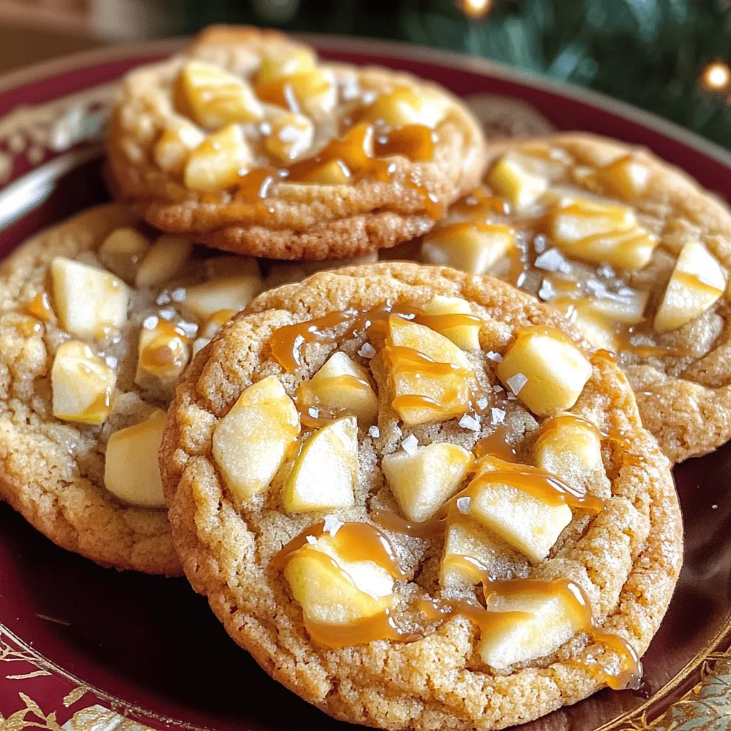 - 1 cup unsalted butter, softened - 1 cup brown sugar, packed - 1/2 cup granulated sugar - 1 large egg - 2 teaspoons vanilla extract - 2 cups all-purpose flour - 1 teaspoon baking soda - 1/2 teaspoon baking powder - 1/2 teaspoon salt - 1 teaspoon ground cinnamon - 1 cup diced apples (preferably Granny Smith) - 1/2 cup caramel bits (or chopped soft caramels) - 1/2 cup chopped pecans or walnuts (optional) You need simple, fresh ingredients for these cookies. Start with soft butter for a creamy texture. I love using Granny Smith apples for their tartness. The caramel bits add a sweet, gooey surprise. If you want crunch, add nuts. They bring a nice contrast to the soft cookie. - Mixing bowls - Baking sheet - Parchment paper - Cookie scoop or tablespoon Gather these tools before you start. Mixing bowls help combine ingredients well. A baking sheet lined with parchment paper makes cleanup easy. A cookie scoop helps form uniform cookies. This way, they bake evenly. - Calories: 150 - Fat: 7g - Carbs: 22g - Sugars: 10g Each cookie has a nice balance of flavor and sweetness. They are perfect for a treat or dessert. Enjoy them fresh from the oven or share with friends. First, set your oven to 350°F (175°C). This step warms it up for baking. Next, grab a baking sheet and line it with parchment paper. This keeps the cookies from sticking. Now, in a large mixing bowl, add 1 cup of softened unsalted butter, 1 cup of packed brown sugar, and 1/2 cup of granulated sugar. Use a hand mixer or a spoon to cream them together. Mix until the blend is light and fluffy. This process adds air, making the cookies soft. After that, beat in 1 large egg and 2 teaspoons of vanilla extract. Keep mixing until everything is combined well. The mix should look smooth and creamy. In another bowl, combine 2 cups of all-purpose flour, 1 teaspoon of baking soda, 1/2 teaspoon of baking powder, 1/2 teaspoon of salt, and 1 teaspoon of ground cinnamon. Whisk these dry ingredients together. This step ensures that the leavening agents and spices are evenly spread. Now, slowly add the dry mix to the wet mixture. Stir gently until it just comes together. Be careful not to overmix; this can make the cookies tough. Next, fold in 1 cup of diced Granny Smith apples and 1/2 cup of caramel bits. If you want, you can also add 1/2 cup of chopped pecans or walnuts. Mix until the apples and caramel bits are evenly spread throughout the dough. Finally, use a cookie scoop or a tablespoon to drop rounded spoonfuls of dough onto your prepared baking sheet. Leave some space between each cookie, so they don’t touch while baking. Now, you are ready to bake! To get the best cookies, avoid overmixing the dough. When you mix too much, cookies can turn tough. Mix just until you see no dry flour. Using chilled butter can change the texture too. It makes cookies thicker and chewier, which is great for this recipe. Spices can really boost the taste of your cookies. You can try adding nutmeg or allspice for a warm flavor. A sprinkle of sea salt on top creates a sweet and salty contrast. This makes each bite even more tasty. To serve your cookies, place them on a fun, festive plate. Drizzle extra caramel sauce on top for a sweet touch. A light sprinkle of sea salt also makes them look special. These simple steps can make your cookies stand out at any gathering. {{image_2}} You can switch up the sweeteners in your cookies. Coconut sugar works well here. It gives a rich flavor and has a lower glycemic index. If you need a gluten-free option, use a gluten-free flour blend. This makes the cookies safe for those with gluten sensitivities. Try adding different spices to the mix. Nutmeg or ginger can bring new life to the cookies. You can also toss in some dried fruits. Raisins or cranberries add a chewy texture. If you love chocolate, add chocolate chips. They melt beautifully and create a nice contrast to the apples. These cookies are perfect for any season. For fall, add pumpkin spice for a festive touch. During the winter holidays, use peppermint extract for a fresh twist. You can also shape the cookies into festive forms for special occasions. These small changes make the cookies fun and fitting for any event. To keep your cookies fresh, store them properly. Use an airtight container to lock in moisture. This helps the cookies stay soft and chewy. If you want to keep them for longer, place a slice of bread in the container. The bread helps keep the cookies from drying out. You can freeze both unbaked and baked cookies. For unbaked cookies, scoop the dough onto a baking sheet. Freeze the dough balls until firm, then transfer them to a freezer bag. For baked cookies, let them cool completely first. Then, layer the cookies with parchment paper in an airtight container. This way, you can enjoy them later. These cookies last about a week at room temperature. If you store them in the fridge, they can last up to two weeks. For frozen cookies, plan to eat them within three months. To enjoy the best taste, eat them sooner rather than later! You can use other apples, but some work better than others. Granny Smith apples are tart and hold up well in baking. Honeycrisp apples are another great choice. They add a nice sweetness and crunch. Avoid using apples that turn mushy when cooked, like Red Delicious. To check if your cookies are done, look for the edges. They should be lightly golden. The centers should look set but still soft. If they look too wet, give them another minute or two. Remember, they will continue to cook on the sheet after you take them out. Yes! You can make the dough a day in advance. Just wrap it tightly in plastic wrap and store it in the fridge. When you’re ready to bake, let it sit at room temperature for about 15 minutes. This helps it soften for easy scooping. Yes, this recipe can fit many diets. For a gluten-free option, use a gluten-free flour blend. You can swap the brown sugar for coconut sugar if you want a lower glycemic index. Vegan friends can use coconut oil and a flax egg instead of butter and egg. If you can't find caramel bits, you can chop soft caramels instead. Another option is to use chocolate chips for a different flavor. If you have allergies, try using butterscotch chips or leave them out altogether. The cookies will still be tasty! This guide covered everything you need to bake amazing cookies. We talked about the right ingredients, tools, and steps to get perfect results. You learned tips for texture and flavor, along with fun variations. Don’t forget to store your cookies properly to keep them fresh. Whether for a special occasion or just because, these cookies will please anyone. So grab your ingredients and start baking! Enjoy the sweet rewards of your work.