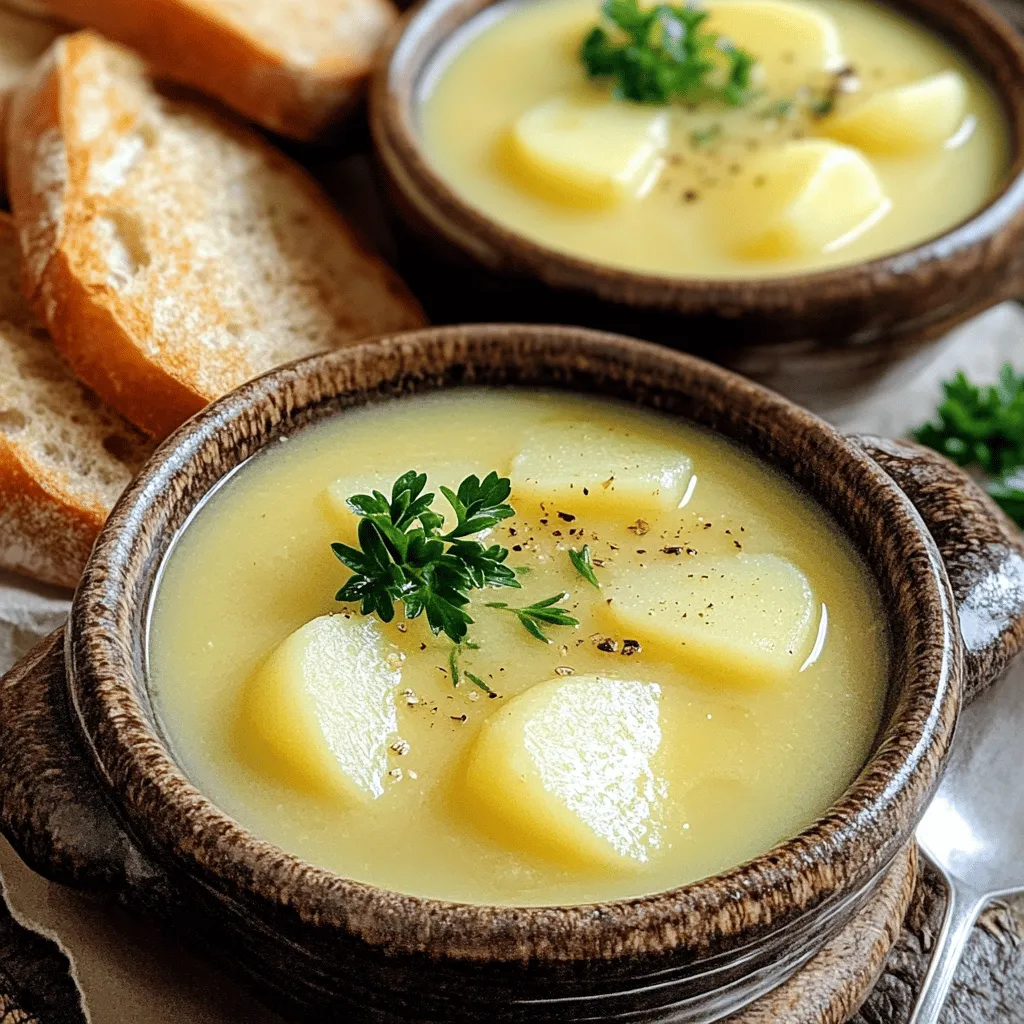 To make this tasty soup, gather these simple ingredients: - 10 large cloves of garlic, peeled - 4 cups low-sodium vegetable broth - 1 large onion, chopped - 1 large potato, peeled and diced - 1 tablespoon olive oil - 2 teaspoons fresh thyme leaves - 1 bay leaf - 1 cup heavy cream - Salt and pepper to taste - Fresh parsley, chopped (for garnish) - Crusty French bread, for serving This soup is rich in flavor and has a good balance of nutrients. Here’s a quick look: - Calories: Approximately 350 per serving - Protein: 5 grams - Carbohydrates: 30 grams - Fat: 25 grams - Fiber: 2 grams - Vitamins: High in Vitamin C and B6 from garlic and onions To make this dish, you will need some handy tools: - Large pot for cooking - Wooden spoon for stirring - Immersion blender or regular blender for pureeing - Knife and cutting board for prep - Measuring cups and spoons - Ladle for serving - Soup bowls for enjoying your meal To start, heat 1 tablespoon of olive oil in a large pot over medium heat. Once hot, add 1 large chopped onion. Sauté the onion until it is soft and clear, which takes about 5 to 7 minutes. Next, add 10 large peeled garlic cloves. Stir them in for 3 to 4 minutes. You want them fragrant and slightly golden. Add 1 peeled and diced large potato, 2 teaspoons of fresh thyme leaves, and 1 bay leaf. Pour in 4 cups of low-sodium vegetable broth. Bring everything to a boil. Then, lower the heat. Let it simmer for 20 to 25 minutes until the potato is tender. Remove the bay leaf. Use an immersion blender to puree the soup until it is smooth. If you don’t have one, pour the soup in batches into a blender. Blend it on high until silky. Stir in 1 cup of heavy cream. Add salt and pepper to taste. Heat the soup through for another 5 minutes. Now it is ready to serve! Sautéing garlic and onions is key to building flavor. Always cook the onions first. They take longer to soften. Stir them often to avoid burning. Once they are soft, add garlic. Garlic cooks quickly, so watch it closely. If it turns too dark, it will taste bitter. For the best texture, use an immersion blender. It is easy and keeps the soup warm. If using a regular blender, fill it only halfway. Hot soup can splatter. Blend on high speed until the soup is creamy and smooth. Adjust the texture as you like. Enjoy your delicious Country French garlic soup! To boost the garlic taste, use fresh cloves. Roasting garlic brings out its sweetness. You can roast garlic by wrapping whole cloves in foil and baking them until soft. Add them to the soup for a rich, deep flavor. You could also add garlic powder for extra punch. For a creamy soup, use heavy cream. This gives a rich taste and smooth texture. If you prefer a lighter option, use half-and-half instead. To thicken, add more diced potatoes. Blending well will make the soup silky. Adjust the cream to get your desired thickness. Serve the soup hot in bowls. Top with fresh parsley for a pop of color. Pair it with crusty French bread for a delightful crunch. You can also add croutons or a sprinkle of cheese on top. This makes each bite extra special. Enjoying this soup on a cold day is a treat! {{image_2}} You can find many ways to enjoy Country French Garlic Soup. One classic twist is adding more veggies. Try carrots or leeks for a sweeter taste. You can also toss in a handful of spinach for some color and nutrients. Some people love to add a splash of white wine to deepen the flavor. This gives the soup a nice, rich taste. If you want a vegan version, just swap the heavy cream with coconut milk or cashew cream. Both options keep the soup creamy without dairy. You can still use the same garlic, broth, and veggies. Just make sure your vegetable broth is truly vegan. This way, you keep the heartiness of the soup. Feel free to play with the ingredients! For a spicy kick, add a pinch of cayenne pepper or red pepper flakes. You can also use a different herb like rosemary or sage instead of thyme. If you want a smoky flavor, try adding smoked paprika. These small changes can make a big difference in taste and keep your meals exciting. After you enjoy your Country French garlic soup, you can store the leftovers. Let the soup cool to room temperature first. Then, pour it into an airtight container. Make sure to seal it well. It will stay fresh in the fridge for about three days. If you want to keep it longer, freezing is a great option. When you are ready to eat the soup again, reheating is easy. Pour the soup into a pot. Heat it over medium-low heat. Stir often to prevent sticking. You can also use the microwave. Place it in a microwave-safe bowl and cover it loosely. Heat it in short bursts, checking every minute. This way, you keep it hot without burning. If you want to freeze your soup, it’s best to do it right away. Use freezer-safe containers or bags. Leave some space at the top since the soup will expand. Label each container with the date. You can freeze it for up to three months. When you’re ready to eat it, thaw it overnight in the fridge. Reheat as mentioned above for the best taste. Country French Garlic Soup, known as "Soupe à l'ail," comes from France. This soup has roots in rustic French cooking. Farmers made it with simple, fresh ingredients. They wanted to make a filling meal using garlic, broth, and bread. The dish shows how French cooks use local flavors. Yes, you can make this soup ahead of time. Prepare the soup and let it cool. Store it in an airtight container in the fridge. It stays fresh for up to three days. When ready to eat, just heat it on the stove. The flavors will meld and taste even better. Adjusting spice levels is easy. If you want more heat, add a pinch of red pepper flakes. For less spice, skip the pepper flakes. You can also use mild broth to keep it gentle. Taste as you go to find the right balance for you. Yes, you can find gluten-free bread options. Many stores sell gluten-free French bread. You can also make your own using almond or rice flour. This way, you can enjoy the soup without gluten. Just be sure to check the labels when buying. You learned how to make Country French Garlic Soup from scratch. We covered ingredients, cooking steps, and tips for the best flavor. You can explore variations to fit your taste and dietary needs. Remember to store leftovers properly to enjoy this dish later. This soup is rich, tasty, and comforting. It’s perfect any time you want something warm and hearty. Dive in and enjoy a serving soon!