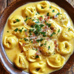 To make Minute Tortellini Carbonara, you need the following ingredients: - 2 cups refrigerated cheese tortellini - 4 slices turkey bacon, chopped - 1 small onion, finely chopped - 2 cloves garlic, minced - 1 cup heavy cream - 1 cup grated Parmesan cheese - 1 large egg - 1 teaspoon black pepper - Salt to taste - Fresh parsley, chopped (for garnish) Each ingredient plays a key role in the dish. The cheese tortellini brings a rich, comforting taste. Turkey bacon adds a crispy texture without too much fat. The onion and garlic provide a strong flavor base. Heavy cream makes the dish creamy and smooth. Parmesan cheese adds a salty, nutty flavor. The egg binds everything together, creating a velvety sauce. Black pepper and salt enhance the overall taste. Finally, fresh parsley gives a pop of color and freshness to the meal. Gather these ingredients, and you're set for a delightful cooking adventure. To cook the tortellini, follow the package directions carefully. Bring a pot of salted water to a boil. Add the tortellini and cook until they float to the top, which usually takes about 3-5 minutes. Once cooked, drain the tortellini but save a little of the pasta water. This water helps adjust the sauce later. In a large skillet over medium heat, add the chopped turkey bacon. Cook it for about 5-7 minutes until it is crispy. Take the bacon out of the skillet and set it aside, leaving the drippings behind. These drippings add flavor to your dish. In the same skillet, add the finely chopped onion. Cook it for about 3-4 minutes until it turns soft and clear. Next, add the minced garlic and sauté it for another 30 seconds. Be careful not to let the garlic burn. Lower the heat to medium-low and pour in the heavy cream. Stir it well and cook for 2-3 minutes until the cream thickens slightly. In a bowl, whisk together the egg, grated Parmesan cheese, black pepper, and a pinch of salt. Make sure it is smooth. Now, add the hot tortellini to the cream mixture, then quickly add the egg and cheese mix. Toss everything together to coat the tortellini in the sauce. If the sauce seems too thick, add a splash of the reserved pasta water to thin it out. Finally, fold in the crispy turkey bacon and taste for seasoning. Adjust with more salt and pepper if needed. To get the right sauce consistency, you want it creamy but not too thick. Start with medium-low heat when adding the heavy cream. Let it cook for a few minutes to thicken slightly. If it is too thick, use the reserved pasta water. This water is starchy and will help loosen the sauce while adding flavor. Seasoning is key for a tasty carbonara. Taste the sauce before adding more salt. The Parmesan cheese adds saltiness, so adjust accordingly. You can add more black pepper for a bit of spice. If you want extra flavor, consider adding peas or mushrooms. They add great texture and taste. Multitasking is important in the kitchen. While the tortellini cooks, focus on the bacon and sauce. Start by cooking the bacon in the skillet. After that, you can quickly sauté the onion and garlic. This way, everything comes together at the same time. Keep an eye on your timing, and enjoy the process! {{image_2}} You can switch up the pasta in this dish. While cheese tortellini shines, other pastas work too. Try using fettuccine or penne for a different bite. They hold the sauce well, giving you a tasty meal. For proteins, turkey bacon is a great choice, but you have options. Pancetta adds a nice salty flavor. If you prefer vegetarian dishes, use mushrooms or tempeh. Both offer a rich taste without meat. Add some veggies to your carbonara for extra nutrition. Peas are sweet and pop in your mouth. Spinach adds color and vitamins. Just toss them in during the last few minutes of cooking. Cheese lovers can play around with cheese choices. While Parmesan is classic, try Pecorino Romano for a sharper flavor. You can even mix cheeses for a creamy twist. Making this dish gluten-free is easy. Use gluten-free tortellini made from rice or lentils. Check the labels to ensure they are safe for your diet. If you want a dairy-free version, replace heavy cream with coconut cream or a nut-based cream. Use nutritional yeast instead of Parmesan for a cheesy taste without the dairy. To store your leftovers, let the dish cool first. Place it in an airtight container. This helps keep it fresh. I recommend using glass containers for easy reheating. Glass is safe and won't absorb smells. The best method for reheating is on the stove. Add a splash of cream or reserved pasta water. This keeps the sauce smooth. Stir often to avoid burning. You can also use a microwave. Heat in short bursts, stirring in between. Yes, you can freeze tortellini carbonara! Just remember that the sauce may change a bit. For freezing, let it cool completely. Use freezer-safe containers, leaving space for expansion. To thaw, place it in the fridge overnight. Reheat gently on the stove. Yes, you can use frozen tortellini. It saves time and still tastes great. To cook frozen tortellini, bring a pot of salted water to a boil. Add the frozen tortellini and cook for about 2-3 minutes longer than the package suggests. Stir gently so they don't stick together. After cooking, drain and reserve a bit of the water. This water helps when mixing with the sauce. You can make this recipe healthier by making a few simple swaps. Use whole grain tortellini for more fiber. Switch turkey bacon for lean turkey or a plant-based option. You can also use low-fat cream or Greek yogurt instead of heavy cream. This keeps the dish creamy without extra fat. Finally, add more veggies like spinach or peas for extra nutrients. Tortellini carbonara pairs well with many side dishes. A fresh green salad adds a nice crunch and freshness. You can try garlic bread for a tasty side to soak up the sauce. Steamed vegetables like broccoli or green beans work well too. For a little kick, serve with a side of spicy roasted potatoes. To sum up, this blog post details making a delicious tortellini carbonara. We covered the key ingredients, simple steps, helpful tips, and clever variations. You can customize the dish to fit your taste and dietary needs. Remember, you can store and reheat leftovers easily, making this a great weeknight meal. Enjoy this rich and creamy pasta dish, and impress your friends and family with your new cooking skills!