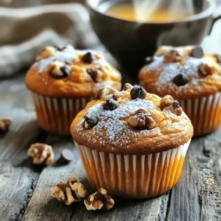- 1 cup canned pumpkin puree - 1/2 cup vegetable oil - 1/2 cup brown sugar - 1/4 cup granulated sugar The main ingredient in these muffins is canned pumpkin puree. It gives the muffins a rich, smooth texture. Using vegetable oil keeps them moist. Brown sugar adds a nice hint of caramel flavor. Granulated sugar balances the sweetness perfectly. - 1/2 cup chopped walnuts - 1/2 cup chocolate chips You can mix in some chopped walnuts for a crunchy texture. Chocolate chips are a great way to add sweetness and richness. Both add fun surprises in each bite! - 1 1/2 cups all-purpose flour - 1 teaspoon baking powder - 1 teaspoon baking soda - 1 teaspoon cinnamon - 1/2 teaspoon nutmeg - 1/4 teaspoon salt All-purpose flour is the base of the muffins. Baking powder and baking soda help them rise. Cinnamon and nutmeg add warm, cozy flavors. Salt brings out the other tastes and keeps everything balanced. First, set your oven to 350°F (175°C). This temperature is perfect for baking the muffins. Make sure to preheat it for about 10 minutes. This helps the muffins rise well. While waiting, prepare your muffin tin. You can line it with paper liners or grease it with cooking spray. This step keeps the muffins from sticking. In a large bowl, whisk together the wet ingredients. Combine 1 cup of canned pumpkin puree, 1/2 cup of vegetable oil, 1/2 cup of brown sugar, 1/4 cup of granulated sugar, 2 large eggs, and 1 teaspoon of vanilla extract. Mix until smooth. In another bowl, mix the dry ingredients. Use 1 1/2 cups of all-purpose flour, 1 teaspoon of baking powder, 1 teaspoon of baking soda, 1 teaspoon of cinnamon, 1/2 teaspoon of nutmeg, and 1/4 teaspoon of salt. Stir these together until well mixed. Gradually add the dry mix to the wet mix. Stir gently until just combined. Small lumps are okay; do not overmix. If you want, fold in 1/2 cup of chopped walnuts or 1/2 cup of chocolate chips for extra flavor. Now, divide the batter evenly in your muffin tin. Fill each cup about 2/3 full. This gives the muffins room to rise without overflowing. Place the tin in the preheated oven. Bake for 18-20 minutes. To check if they are done, insert a toothpick into the center of a muffin. If it comes out clean, they are ready. Once baked, remove the muffins from the oven. Let them cool in the pan for 5 minutes. Then, transfer them to a wire rack to cool completely. Enjoy the warm, cozy smell as you wait! To get the best texture for your pumpkin muffins, avoid overmixing. When you combine wet and dry ingredients, mix until just combined. It's okay if small lumps remain. Overmixing can make the muffins tough. Remember, less is more here! You can boost the flavor of your muffins with a few simple tweaks. Try adding spices like ginger or allspice. A splash of almond extract can also give a nice twist. Experiment with what you like. Each spice adds its own flair, making your muffins unique! Baking your muffins in the right spot in the oven is key. Place the muffin tin in the center of the oven. This helps them bake evenly. If you bake too close to the top or bottom, they might burn or not cook right. Rotate the tin halfway through baking for even results! {{image_2}} You can make your pumpkin muffins healthier. Using applesauce instead of oil cuts fat and adds moisture. This swap keeps your muffins soft and tasty. You can also try whole wheat flour. It adds fiber and nutrients. It may change the texture but makes it more wholesome. Want to jazz up your muffins? Add cranberries or raisins for a fruity twist. These dried fruits add sweetness and chewiness. You can also choose between pumpkin spice mix or just cinnamon and nutmeg. Pumpkin spice has a stronger flavor, while cinnamon and nutmeg give a warm feel. Both options taste great! If you need a gluten-free option, substitute all-purpose flour with a gluten-free flour blend. Many blends work well in muffins. They can give you a similar texture. Just make sure to check the blend's instructions for the best results. Enjoy your gluten-free pumpkin muffins! You can store your pumpkin muffins at room temperature or in the fridge. If you eat them within two days, keep them in a sealed container at room temperature. This keeps them soft and tasty. If you want them to last longer, pop them in the fridge. They stay good for up to a week there. Just remember to seal them well to avoid drying out. Freezing your muffins is a great way to save them for later. First, let them cool completely. Then, wrap them tightly in plastic wrap. You can also use aluminum foil. Place the wrapped muffins in a freezer bag. Try to remove as much air as possible before sealing. They can last up to three months in the freezer. When you want to enjoy one, just take it out and let it thaw. To reheat your pumpkin muffins, the best way is to use the oven. Preheat it to 350°F (175°C). Place the muffins on a baking sheet and warm them for about 5 to 10 minutes. This keeps them soft and brings back that fresh-baked flavor. If you’re in a hurry, use the microwave. Heat them for about 15 to 20 seconds. Just be careful not to overheat, or they can get tough. Enjoy your cozy muffins warm! Yes, you can use fresh pumpkin! Start by roasting a small pumpkin. Cut it in half, remove the seeds, and roast at 350°F for about 45 minutes. Once soft, scoop out the flesh and blend until smooth. Use this fresh puree in place of canned pumpkin. It adds a lovely flavor to your muffins. You can also try adding fresh pumpkin to soups, pies, and pancakes. To check if your muffins are done, use a toothpick. Insert it into the center of a muffin. If it comes out clean, the muffins are ready. If the toothpick has batter on it, bake for a few more minutes. The muffins should be golden brown on top and spring back when lightly touched. Yes, you can make these muffins vegan. Replace the eggs with 1/4 cup of unsweetened applesauce for each egg. You can also use flax eggs. To make one flax egg, mix 1 tablespoon of ground flaxseed with 2.5 tablespoons of water. Let it sit for about 5 minutes until it thickens. This will help bind your muffins without eggs. You can find the full recipe in the Full Recipe section of this guide. It has all the details you need, from ingredients to instructions. Happy baking! You learned about making easy pumpkin muffins, starting with key ingredients and tips. We covered essential pantry items and added options like nuts or chocolate chips. I also shared instructions to bake perfect muffins, plus variations for healthier choices. Storing and reheating your muffins correctly ensures they stay tasty. Whether you choose fresh pumpkin or make them vegan, the possibilities are endless. Enjoy your baking adventure and savor each delicious bite. Happy baking!