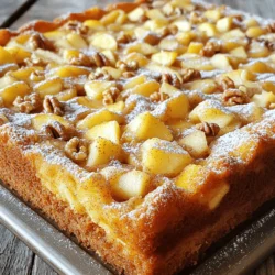 To make the apple cinnamon sheet cake, gather these ingredients: - 2 cups all-purpose flour - 1 and 1/2 teaspoons baking powder - 1 teaspoon baking soda - 1 teaspoon ground cinnamon - 1/2 teaspoon salt - 1 cup unsalted butter, softened - 1 cup granulated sugar - 1 cup packed brown sugar - 4 large eggs - 1 teaspoon vanilla extract - 1 cup buttermilk - 3 cups peeled and diced apples (Granny Smith or Honeycrisp work well) - 1/2 cup chopped walnuts (optional) - Powdered sugar for dusting (optional) When choosing apples, I recommend using Granny Smith for a tart flavor. Honeycrisp adds sweetness and crunch. Both apples hold their shape well during baking. You can also customize this cake. Add chopped nuts like walnuts or pecans for a nice crunch. Dried cranberries or raisins can add a chewy texture. If you want a spicier flavor, think about adding nutmeg or cloves. Each ingredient plays a role in creating a moist and flavorful cake. Make sure to measure carefully for the best results! Start by getting your oven ready. Preheat it to 350°F (175°C). While that heats up, you can prep your baking sheet. Grab a 13x18 inch baking sheet and grease it with some cooking spray or butter. This will help the cake come out smoothly. Next, let’s mix the dry ingredients. In a large bowl, whisk together these items: - 2 cups all-purpose flour - 1 and 1/2 teaspoons baking powder - 1 teaspoon baking soda - 1 teaspoon ground cinnamon - 1/2 teaspoon salt Mix them well and set the bowl aside. This mix will help our cake rise and taste great. Now, it’s time to cream the butter and sugars. In another large bowl, add 1 cup of softened unsalted butter, 1 cup of granulated sugar, and 1 cup of packed brown sugar. Use an electric mixer to beat them together. Mix until the mixture is light and fluffy, which should take about 3 to 4 minutes. Once that’s done, add 4 large eggs, one at a time. Make sure to mix well after each egg. Then, stir in 1 teaspoon of vanilla extract until it’s well blended. Now, let’s combine the dry ingredients and buttermilk. You’ll want to alternate adding them to the butter mixture. Start with the dry mix and end with it. Use 1 cup of buttermilk for this step. Mix until everything is just combined, being careful not to over-mix. Finally, gently fold in the diced apples and walnuts (if you choose to use them). Use a spatula for this. Make sure the fruits and nuts are evenly spread throughout the batter. Pour the batter into your prepared baking sheet. Spread it out evenly so it bakes well. Place it in the oven and bake for 25 to 30 minutes. To check if your cake is done, use a toothpick. Insert it into the center of the cake. If it comes out clean, your cake is ready! If there’s batter on the toothpick, give it a few more minutes. Once baked, let the cake cool in the pan for about 15 minutes. Then, transfer it to a wire rack to cool completely. If you like, dust the top with powdered sugar before slicing. Enjoy your delicious apple cinnamon sheet cake! For the best apple cinnamon sheet cake, use a few key tools: - Electric mixer: This helps cream the butter and sugars well. - 13x18 inch baking sheet: A large pan ensures even baking. - Spatula: Use it to fold in the apples and nuts gently. To achieve a moist and fluffy cake, follow these tips: - Cream butter and sugars well: Beat until light and fluffy, about 3-4 minutes. - Don’t overmix: Mix just until combined when adding dry and wet ingredients. Get creative with serving your cake! Here are some fun ideas: - Dust with powdered sugar: This simple touch adds a nice look. - Add toppings: Consider whipped cream, caramel sauce, or chopped nuts. To enhance presentation and flavor, try these methods: - Serve warm: Warm cake brings out the apple flavor. - Garnish with fresh apples: Thin slices on top make it pop! {{image_2}} You can change the flavor of your apple cinnamon sheet cake in fun ways. Try using different fruits or nuts. For a twist, use pears or peaches. You can also switch the walnuts for pecans or almonds. Each option adds a new taste and texture. Adding spices can boost the flavor even more. Nutmeg and cloves work well with cinnamon. Start with a little and taste as you go. This way, you can find the right balance for your cake. If you need a gluten-free option, use gluten-free flour. Many brands work well as a one-to-one substitute. Make sure to check the labels for any extra ingredients. For a vegan version, swap the eggs with flax eggs or applesauce. You can also use plant-based butter and non-dairy milk. These changes keep the cake moist and tasty without using animal products. To keep your apple cinnamon sheet cake fresh, store it in an airtight container. This will help prevent it from drying out. Place the cake at room temperature for up to three days. If you want it to last longer, you can freeze it. First, let the cake cool completely. Then, cut it into slices or keep it whole. Wrap it tightly in plastic wrap and then in aluminum foil. This way, it stays fresh for up to three months. When you’re ready to enjoy your cake again, avoid drying it out. You can reheat slices in the microwave. Heat them for 10-15 seconds at a time, checking for warmth. If you prefer the oven, preheat it to 350°F (175°C). Place the slices on a baking sheet and cover them with foil. Heat for about 10-15 minutes. This keeps the cake moist and tasty. Enjoy your warm, apple cinnamon cake! I recommend using Granny Smith or Honeycrisp apples. These types give a nice balance of sweet and tart flavors. Their texture holds up well during baking, adding great bites. You can also mix different apples for more taste. Yes, you can make this cake a day ahead. Just let it cool completely, then cover it. Store it at room temperature for one day. If you need to store it longer, put it in the fridge for up to a week. To check if the cake is done, insert a toothpick into the center. If it comes out clean, your cake is ready. If it has wet batter, bake it a few more minutes. The edges should also pull away from the sides of the pan. Apple cinnamon sheet cake pairs well with vanilla ice cream or whipped cream. You can also serve it with a drizzle of caramel sauce. For a warm treat, enjoy it with a cup of coffee or tea. This blog post covered everything you need for a great apple cinnamon sheet cake. We discussed the best ingredients, detailed preparation steps, and essential baking techniques. You learned tips for moistness and decoration, plus ideas for variations and dietary adjustments. Proper storage and reheating kept your cake fresh and tasty. Enjoy making this scrumptious treat, and remember, your creativity can shine through. Happy baking!