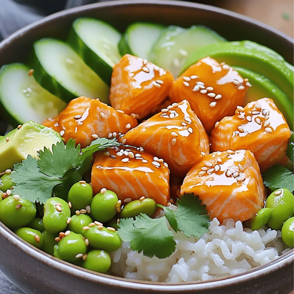 - 1 lb salmon fillet, skinless and cubed - 1 cup jasmine rice - 1 cup edamame, shelled - 1 avocado, sliced - 1 cup cucumber, thinly sliced - 1/4 cup mayonnaise - 2 tablespoons sweet chili sauce - 1 tablespoon Sriracha (adjust for spice level) - 1 tablespoon sesame oil - Salt and pepper to taste - Sesame seeds for garnish - 1/4 cup green onions, sliced - Fresh cilantro for garnish Bang Bang Salmon Bite Bowls are fun and full of flavor. The main star here is salmon. It gives a rich taste and is full of good fats. I use skinless salmon fillets, cubed for easy cooking. The next ingredient is jasmine rice. It has a lovely aroma and pairs well with the other toppings. Edamame adds a nice crunch and a boost of protein. I love the creamy avocado slices. They add smoothness and balance the dish. Cucumber gives a refreshing bite and bright color. Together, these ingredients create a vibrant bowl that looks great on your table. Next, we have the sauce. The base is mayonnaise, which brings creaminess. I mix in sweet chili sauce for sweetness and Sriracha for some heat. You can adjust the Sriracha to suit your taste. Finally, sesame oil adds a nutty flavor. For the extra seasonings, I use salt and pepper to enhance the flavors. Sesame seeds give a nice crunch as a garnish. I also like to add sliced green onions and fresh cilantro on top. They bring freshness and a pop of color. This recipe makes four servings, so it’s perfect for a family meal or sharing with friends. Each bite is packed with flavor, making it a meal you will love. - Rinsing the Rice: Start by rinsing 1 cup of jasmine rice under cold water. This removes excess starch. Rinse until the water runs clear. This step helps the rice stay fluffy. - Boiling and Simmering: In a medium saucepan, add the rinsed rice and 2 cups of water. Bring this mixture to a boil over high heat. Once boiling, reduce the heat to low. Cover the pot and let it simmer for about 15 minutes. The water should be absorbed by now. Remove from heat and let it sit, covered, for 5 minutes. - Whisking Ingredients Together: In a small bowl, combine 1/4 cup of mayonnaise, 2 tablespoons of sweet chili sauce, 1 tablespoon of Sriracha, and 1 tablespoon of sesame oil. Whisk these ingredients until they blend smoothly. This sauce is key for flavor. - Adjusting Spice Levels: If you like more heat, add extra Sriracha to taste. Start with small amounts to find your preferred spice level. - Prepping the Skillet: Heat a non-stick skillet over medium-high heat. Add a splash of oil to prevent sticking. - Cooking Time and Tips: Season 1 lb of cubed salmon fillet with salt and pepper. Cook the salmon for about 4-5 minutes. Turn the pieces occasionally until they are browned and cooked through. This method gives the salmon a nice crust while keeping it tender. - Layering Ingredients: In serving bowls, start with a generous scoop of jasmine rice as the base. Then, add cooked salmon, 1 cup of shelled edamame, sliced avocado, cucumber, and 1/4 cup of green onions. This colorful mix makes the meal fun. - Presentation Tips: Arrange the toppings neatly. This makes your bowl look more inviting. A well-presented bowl excites the taste buds even before the first bite. - How to Apply Sauce Evenly: Use a spoon to generously drizzle the Bang Bang sauce over each bowl. The sauce should cover the salmon and veggies but not drown them. This keeps each bite flavorful. - Adding Sesame Seeds and Cilantro: Finish each bowl with a sprinkle of sesame seeds and fresh cilantro. This adds a nice crunch and a burst of color. These garnishes elevate your dish both in taste and appearance. - Ensuring Tenderness To keep the salmon tender, choose fresh fillets. Cut them into even cubes. This helps them cook evenly. Avoid overcooking, which can make them dry. Aim for a nice golden brown on the outside. - Flavor Enhancements Enhance the salmon by seasoning with salt and pepper. Add some lemon juice for a bright flavor. You can also marinate it briefly in soy sauce or sesame oil for extra taste. - Prevention of Sticky Rice Rinse the jasmine rice well before cooking. This removes excess starch. Use a ratio of 1 cup rice to 2 cups water. Let it rest after cooking to fluff it up. - Alternative Grain Suggestions If you want a change, try quinoa or brown rice. They offer different textures and flavors. Quinoa is high in protein, making it a great choice for health. - Adjusting for Heat Levels For those who like spice, increase the Sriracha in the sauce. Start with one tablespoon and add more gradually. Taste as you go to find your perfect heat. - Substituting Ingredients You can swap mayonnaise with Greek yogurt for a lighter sauce. If you want a sweet touch, use honey instead of sweet chili sauce. This keeps the flavor while making it your own. {{image_2}} Substituting Salmon for Tofu You can easily swap salmon for tofu. Use firm or extra-firm tofu. Cut it into cubes, just like salmon. Marinate the tofu in the bang bang sauce for extra flavor. Cook it in the same way as the salmon. This gives a nice texture and taste. Additional Veggies Options Adding more veggies makes the bowl even better. You can try bell peppers, carrots, or radishes. These add color and crunch. You can also use spinach or kale for a leafy touch. Mix in whatever you love or have on hand. Side Dishes to Consider Pair your bowls with simple side dishes. A light salad with a citrus dressing works well. You can also serve spring rolls or dumplings. These add more fun and flavor to the meal. Pairing Drinks For drinks, consider iced green tea or lemonade. They refresh and balance the meal's flavors. If you want something stronger, a light beer or white wine can work too. Choose what you enjoy! Adding Extra Toppings Toppings can take your bowl to the next level. Try chopped nuts or seeds for crunch. You can also sprinkle some chili flakes for heat. Fresh herbs like basil or mint add a fresh taste. Seasonal Ingredients Use seasonal ingredients for a fresh twist. In summer, add fresh corn or tomatoes. In fall, roasted squash or brussels sprouts work great. This keeps your bowl exciting all year round. - Refrigeration Guidelines: Store leftovers in an airtight container. Keep them in the fridge for up to three days. - Freezing Options: You can freeze the salmon and rice. Use a freezer-safe container. They will last up to two months in the freezer. - Best Methods for Rice and Salmon: For the rice, heat it in the microwave with a splash of water. For salmon, use a skillet on low heat. This keeps it moist. - Ensuring Quality: Always check that the food is heated through. If it smells off or looks strange, don’t eat it. - How Long Ingredients Last: Cooked salmon stays good for three days in the fridge. Rice lasts about four days. Fresh veggies like cucumber and avocado last one to two days. - Signs of Spoilage: Look for a sour smell, discoloration, or slimy texture. If you see any of these signs, throw it away. Bang Bang Salmon Bite Bowls come from a mix of Asian flavors. The name “Bang Bang” often refers to a spicy sauce used in many Asian dishes. This dish blends the sweet and savory tastes of sushi and poke bowls. It showcases fresh fish and veggies, reflecting a modern twist on traditional recipes. Yes, you can use frozen salmon. Just thaw it in the fridge overnight for best results. If you need to cook it fast, place it in cold water for about 30 minutes. Cook the salmon just as you would fresh salmon. Make sure it reaches a safe internal temperature of 145°F. To make the Bang Bang sauce spicier, add more Sriracha. Start with an extra teaspoon and taste it. You can also mix in some chili flakes for added heat. If you want a different flavor, try adding a dash of hot sauce or fresh diced chili peppers. If you want to swap jasmine rice, consider using brown rice or quinoa. Both options provide a nutty flavor and a chewy texture. Sushi rice is another great choice as it has a sticky texture, perfect for bowls. To make Bang Bang Salmon Bite Bowls gluten-free, use gluten-free soy sauce instead of regular soy sauce. Check your sweet chili sauce for gluten. You can also use rice instead of regular noodles and ensure all other sauces are gluten-free. This blog post covered all you need for Bang Bang Salmon Bite Bowls. You learned about key ingredients, step-by-step cooking, and tips for success. I shared ways to customize and store your bowls for later. These bowls are tasty and fun to make. You can enjoy them fresh or put your twist on them. Remember, cooking is all about creativity. Dive in and enjoy your culinary adventure!