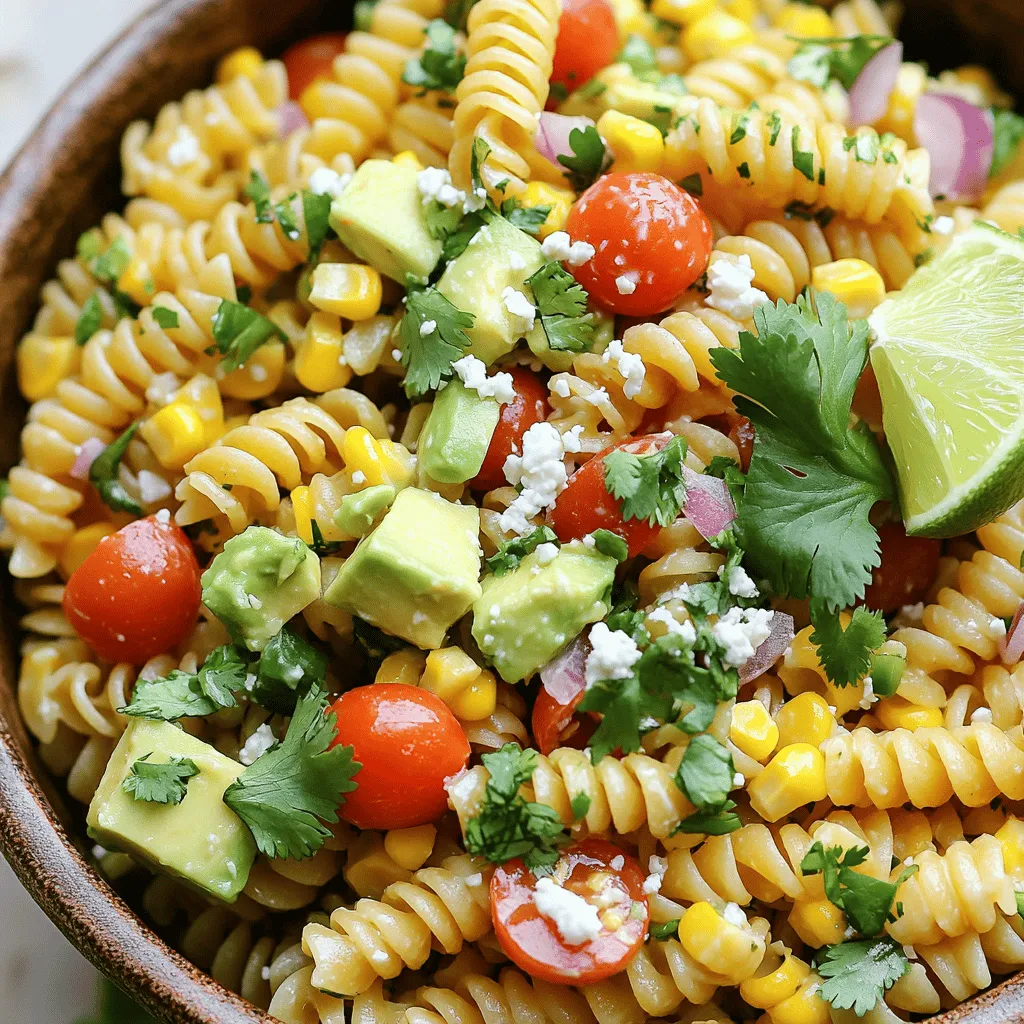 - 8 oz. rotini pasta - 1 cup sweet corn, cooked (fresh or frozen) - 1 red bell pepper, diced - 1/2 cup red onion, finely chopped - 1 avocado, diced - 1/2 cup cherry tomatoes, halved - 1/4 cup fresh cilantro, chopped - 1/4 cup Cotija cheese, crumbled - Juice of 2 limes - 3 tablespoons olive oil - 1 teaspoon chili powder - Salt and pepper to taste To make a tasty Easy Street Corn Pasta Salad, gather these ingredients. Each one adds flavor and texture. The rotini pasta serves as a great base. Sweet corn brings a burst of flavor. Fresh veggies like bell pepper and avocado add crunch. Cilantro and lime juice give it a bright taste. Cotija cheese adds a creamy, salty touch. You can mix it up with these fun additions: - Jalapeños for heat - Black beans for protein - Zucchini for extra veggies - Feta cheese for a different cheese option Feel free to swap or add ingredients. This salad is flexible. Make it your own with flavors you enjoy! Pick the best ingredients for your salad. Here are some tips: - Choose firm, bright bell peppers without spots. - For corn, look for sweet, plump kernels. - Select ripe avocados that yield slightly when pressed. - Use fresh herbs, as they add great flavor. Fresh ingredients make a big difference. They enhance the taste and texture of your salad. Always shop for the best! First, boil water in a big pot. Add salt to make the pasta tasty. Next, add 8 ounces of rotini pasta. Cook until it is al dente, which takes about 8 to 10 minutes. After that, drain the pasta and rinse it under cold water. This stops the cooking and cools it down fast. Set the pasta aside. Now, let’s prepare the other ingredients. If you have fresh corn, cook one cup until tender. If you use frozen corn, thaw it first. Dice one red bell pepper and chop half a red onion finely. Cube one avocado and halve half a cup of cherry tomatoes. Lastly, chop a quarter cup of fresh cilantro. Now you have everything ready! Grab a large mixing bowl. Add the cooked pasta, corn, diced red bell pepper, red onion, avocado, cherry tomatoes, and cilantro. Mix gently so you don’t mash the avocado. You want all the flavors to blend without squishing the ingredients. This step makes your salad colorful and full of texture. For the dressing, take a small bowl. Whisk together the juice of two limes, three tablespoons of olive oil, one teaspoon of chili powder, and a pinch of salt and pepper. Mix until it looks smooth. Now, pour the dressing over the salad mix. Toss gently to coat everything well. Finally, fold in a quarter cup of crumbled Cotija cheese. This cheese adds a delicious salty flavor. Chill the salad for at least 30 minutes. This helps the flavors meld and makes it even tastier! To get the best texture in your pasta salad, cook the rotini until it is al dente. This means it should be firm but not hard. After cooking, drain the pasta and rinse it under cold water. This stops the cooking and keeps the pasta from getting mushy. Toss the pasta gently with the other ingredients. This helps keep it fluffy and light. For a burst of flavor, use fresh ingredients like sweet corn and ripe avocado. Lime juice adds brightness and balances the dish. A pinch of chili powder spices it up without overpowering. Adjust the salt and pepper to your taste. If you want more zest, add a bit of lime zest. You can also try using smoked paprika for a deeper flavor. When serving, use a large bowl for a family-style meal or individual cups for a fun twist. Garnish with extra cilantro and a lime wedge on top. This gives a fresh look and a hint of flavor. Drizzling a bit of olive oil right before serving adds a nice touch. Chilling the salad for at least 30 minutes makes it taste even better. {{image_2}} If you have food allergies or special diets, there are easy swaps. For gluten-free needs, use gluten-free rotini pasta. You can also skip the cheese or use a dairy-free option. For a vegan version, replace Cotija cheese with nutritional yeast. This will still add a nice flavor. Want to try new tastes? Add a can of black beans for a hearty twist. You can also toss in some jalapeños for a spicy kick. For a sweet touch, add diced mango or pineapple. Each change brings a new flavor that can brighten your meal. To make this salad a full meal, you can add protein. Grilled chicken adds a nice, smoky flavor. If you prefer plant-based protein, try chickpeas or cubed tofu. These options will fill you up and make the dish more satisfying. To store leftovers, place the pasta salad in an airtight container. This keeps the salad fresh. Store it in the fridge for up to three days. The flavors will blend more over time. However, the avocado may brown a bit. To slow this, add lime juice directly on the avocado before storage. If you add protein, like chicken or beans, be careful when reheating. You can warm it in the microwave. Heat it in short bursts to avoid cooking the salad further. Stir the salad gently to heat it evenly. Enjoy it warm or cold, depending on your taste. Meal prep makes this salad easy to enjoy all week. Start by cooking the pasta and chopping the veggies in advance. Keep the dressing separate until serving time. This keeps everything fresh and crunchy. You can mix and match ingredients, too, for variety. Easy Street Corn Pasta Salad lasts about three to five days in the fridge. Store it in an airtight container. The flavors will blend even more over time. Just make sure to give it a good stir before serving again. Yes, you can make this salad ahead of time. It’s great for meal prep! I suggest making it a day in advance. This way, the flavors have time to meld. Just keep it chilled in the fridge until you are ready to serve. If you can’t find Cotija cheese, try using feta cheese. Feta has a similar crumbly texture and salty flavor. You can also use queso fresco for a milder taste. Both options work well in this salad. This blog post covered how to make Easy Street Corn Pasta Salad. We discussed ingredients, step-by-step instructions, and tips for the best texture. You learned how to personalize the salad with various options and storage tips for leftovers. Feel free to experiment with flavors and ingredients. This pasta salad is versatile and perfect for any meal. Enjoy making it your own, while keeping it fresh and tasty!