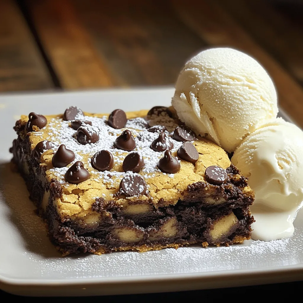 - Butter and Sugars: You need 1 cup of unsalted butter, softened. This helps create a rich flavor. For sugars, use 1 cup of packed brown sugar and 1/2 cup of granulated sugar. The brown sugar adds moisture and depth. - Eggs and Vanilla: Use 2 large eggs and 1 teaspoon of vanilla extract. Eggs bind the ingredients and give the brookies a soft texture. The vanilla adds a warm flavor that enhances all the other tastes. - Dry Ingredients: For the dry mix, gather 2 1/4 cups of all-purpose flour, 1 teaspoon of baking soda, and 1/2 teaspoon of salt. The baking soda helps the brookies rise, while the salt balances the sweetness. - Brownie Layer Ingredients: For the brownie layer, you need 1/2 cup of melted unsalted butter, 1 cup of granulated sugar, and 2 large eggs. Add 1 teaspoon of vanilla extract, 1/3 cup of unsweetened cocoa powder, 1/2 cup of all-purpose flour, and a pinch of baking powder with 1/4 teaspoon of salt. Finally, fold in 1/2 cup of semi-sweet chocolate chips for extra richness. This layer gives the brookies their fudgy goodness. Preheating your oven is key. Set it to 350°F (180°C). This ensures even baking. A hot oven helps the brookies rise and bake properly. Next, prepare your baking dish. Use a 9x13 inch dish. Grease it with butter or oil, then sprinkle flour. This helps the brookies release easily after baking. You can also line the dish with parchment paper for quick removal. Start by mixing your ingredients. In a bowl, cream 1 cup of softened butter with 1 cup of brown sugar and 1/2 cup of granulated sugar. Beat until it is light and fluffy. This step adds air and makes your cookie dough soft. Add in 2 large eggs, one at a time, and 1 teaspoon of vanilla extract. Mix well after each egg. In another bowl, whisk together 2 1/4 cups of all-purpose flour, 1 teaspoon of baking soda, and 1/2 teaspoon of salt. Gradually add this dry mix to the wet mix. This gradual mixing prevents lumps and helps combine all flavors. Once mixed, fold in 1 cup of semi-sweet chocolate chips. Use a gentle hand to maintain a nice texture in your cookie dough. For the brownie layer, start with melted butter. In a bowl, mix 1/2 cup of melted butter with 1 cup of granulated sugar. Stir until well combined. Then, add 2 large eggs and 1 teaspoon of vanilla extract. Mix until smooth. Now, sift in 1/3 cup of unsweetened cocoa powder, 1/2 cup of all-purpose flour, 1/4 teaspoon of baking powder, and 1/4 teaspoon of salt. Sifting helps avoid clumps. Stir until just combined, then fold in 1/2 cup of semi-sweet chocolate chips. It's time to layer the doughs. Pour the cookie dough into the prepared baking dish. Spread it evenly across the bottom. Next, spoon the brownie batter on top of the cookie layer. Use a spatula to spread it gently. Try to cover the cookie layer completely. This helps both layers combine well as they bake. Bake your brookies for 25-30 minutes. Check for doneness by inserting a toothpick into the center. It should come out with a few moist crumbs, not wet batter. Once baked, let the brookies cool in the pan. This helps them set up nicely. After cooling, cut them into squares. Enjoy these delicious chocolate chip brookies! To achieve the perfect texture in your brookies, you need a good balance. You want your brookies to be chewy on the edges and fudgy in the center. This mix gives you a delightful bite. Here are some tips to help: - Use room temperature butter: It creams better with sugar. This helps create air pockets, which make your brookies light. - Don't overmix the dough: When you add the dry mix to the wet mix, stir until just combined. Overmixing can lead to tough brookies. You want them to be soft and tender, not dense. When serving your brookies, make them pop on the plate. Here are some easy ideas: - Serving suggestions: Cut your brookies into squares and dust them with powdered sugar. This adds a nice touch. You can also drizzle some melted chocolate on top for extra flair. - Pairing recommendations: Serve warm brookies with a scoop of vanilla ice cream. The cold ice cream melts into the warm brookies. It creates a rich, tasty treat that everyone will love! {{image_2}} You can switch up the chocolate types in this recipe. Try using milk, dark, or even white chocolate. Each type brings a different taste. Dark chocolate gives a rich flavor, while milk chocolate is sweet and creamy. White chocolate adds a nice, buttery note. Nuts can also change the texture and taste. You can add walnuts or pecans to the brownie layer. These nuts add crunch and a nutty flavor. Just chop them and fold them in at the end. If you need a gluten-free option, you can replace the all-purpose flour. Use almond flour or coconut flour instead. This swap will make your brookies gluten-free without losing taste. Just make sure to adjust the liquid to get the right texture. For a vegan version, you can replace the eggs and butter. Use flaxseed meal for the eggs. Mix one tablespoon of flaxseed meal with three tablespoons of water. Let it sit for five minutes to thicken. For butter, use coconut oil or a vegan butter substitute. These changes keep the brookies delicious and friendly for all diets. To keep your chocolate chip brookies fresh, store them properly. - Room temperature storage: Store brookies in an airtight container. They last about 3 to 5 days at room temperature. This keeps them soft and chewy. - Refrigeration tips: If you want them to last longer, place them in the fridge. They can stay fresh for up to 1 week. Just make sure they are in a sealed container. Freezing brookies lets you enjoy them later. Here’s how to do it right. - Freezing methods: First, let the brookies cool completely. Then, wrap them in plastic wrap. Place them in a freezer bag or an airtight container. This helps prevent freezer burn. They can stay frozen for up to 3 months. - Thawing tips: To serve after freezing, take them out and let them sit at room temperature. This usually takes about 1 to 2 hours. For a warm treat, you can microwave them for about 10-15 seconds. This brings back their delicious, gooey texture. What are the differences between brownies and brookies? Brownies are dense and fudgy. Brookies mix cookie and brownie layers. You get the best of both worlds. Can I make this recipe ahead of time? Yes, you can. Make the dough and batter a day ahead. Just store them in the fridge. How do I know when brookies are done baking? Check with a toothpick. Insert it in the center. It should come out with a few moist crumbs. What should I do if my brookies are too cakey? If brookies are too cakey, reduce the flour next time. Consider adding more chocolate for extra moisture. Can I substitute ingredients in this recipe? Yes, you can substitute brown sugar with coconut sugar. For flour, use a gluten-free blend. Can I use chocolate chips other than semi-sweet? Absolutely! You can use milk chocolate or dark chocolate chips. Each will change the flavor a bit. To make chocolate chip brookies, you combine cookie and brownie layers. Start with the cookie dough. Cream butter and sugars together. Then beat in eggs and vanilla extract. For the dry mix, whisk flour, baking soda, and salt. Gradually add this to the wet mix, and fold in chocolate chips. Next, prepare the brownie layer. Mix melted butter and sugar until smooth. Stir in eggs and vanilla. Sift in cocoa powder, flour, baking powder, and salt. Mix until just combined, then fold in extra chocolate chips. Now, pour the cookie dough into the baking dish. Spread it evenly. Carefully layer the brownie batter on top. Gently spread it to cover the cookie layer. Bake the brookies at 350°F for 25-30 minutes. Check doneness with a toothpick; it should come out with moist crumbs. Let them cool in the pan before cutting. You can adjust the recipe too. For a deeper flavor, use dark chocolate chips. If you want a nutty touch, add some walnuts. These changes can make your brookies unique and fun! This article covered everything you need for perfect chocolate chip brookies. We talked about ingredients, step-by-step instructions, and tips for success. You learned how to mix, assemble, and bake these treats. Plus, we shared ways to customize your brookies to fit different diets and preferences. With these tools, you can bake brookies that impress everyone. Enjoy your baking journey and make these delicious treats your own!