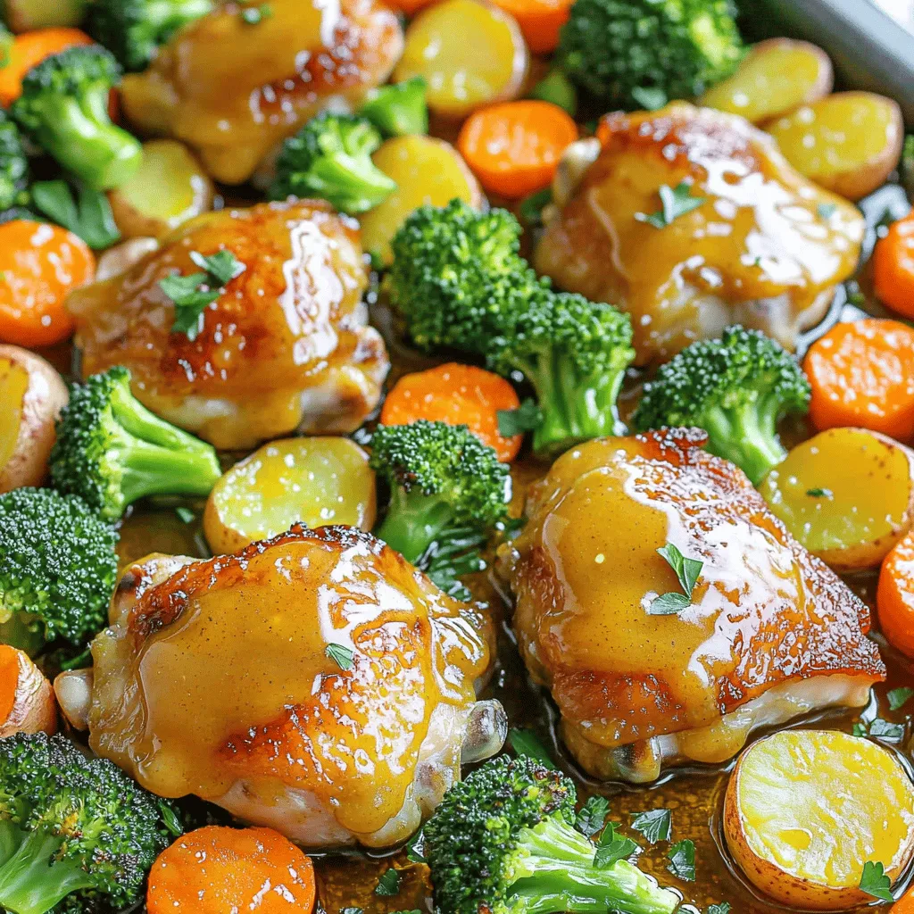 - 4 boneless, skinless chicken thighs - 1/4 cup Dijon mustard - 1/4 cup honey - 2 tablespoons olive oil - 2 tablespoons apple cider vinegar - 1 teaspoon garlic powder - 1 teaspoon onion powder - 1 teaspoon paprika - Salt and pepper to taste For the chicken, I use boneless, skinless thighs. They stay juicy and cook well. The honey mustard mixture brings great flavor. I mix Dijon mustard, honey, olive oil, and apple cider vinegar. I add garlic powder, onion powder, paprika, salt, and pepper for extra taste. - 2 cups baby potatoes, halved - 2 cups broccoli florets - 1 cup baby carrots I love using baby potatoes, broccoli, and baby carrots. The potatoes get creamy, and the broccoli stays bright. The carrots add nice color. These veggies roast well and soak up the honey mustard sauce. - Fresh herbs (parsley, thyme) For a fresh touch, I add herbs like parsley or thyme. They brighten the dish and look nice on the plate. You can sprinkle them on just before serving for added flavor and flair. - Preheat the oven to 400°F (200°C). - Line a large baking sheet with parchment paper. This helps with easy cleanup. - In a bowl, whisk together the Dijon mustard and honey. - Add olive oil, apple cider vinegar, garlic powder, onion powder, and paprika. - Mix until all the ingredients blend well. This sauce adds great flavor. - Place the chicken thighs on one side of the prepared baking sheet. - Pour half of the honey mustard mixture over the chicken. Make sure each piece is coated well. - In a large bowl, toss the baby potatoes, broccoli florets, and baby carrots with the remaining sauce. - Spread the veggies on the other side of the baking sheet. Keep them in a single layer for even cooking. - Bake in the preheated oven for 25-30 minutes. - Check the chicken's internal temperature. It should reach 165°F (74°C). - Look for tender veggies that are slightly caramelized. This shows they are ready to eat. To ensure even cooking of chicken and vegetables, cut the veggies into similar sizes. This helps them cook at the same rate. For chicken thighs, place them on one side of the pan. Spread veggies on the other side. This method allows for better heat distribution. To check for doneness, use a meat thermometer. The chicken should reach 165°F (74°C). If you don’t have a thermometer, cut into the thickest part of the chicken. The meat should be white and juices should run clear. For veggies, they should look tender and slightly caramelized. For a family-style meal, serve directly from the sheet pan. This adds a fun touch to the meal. You can also plate the chicken and veggies on a colorful platter. Garnish with fresh herbs, like parsley or thyme. This adds color and freshness to your dish. To boost flavor, try adding spices like thyme, rosemary, or cumin. These can add depth to the dish. You can also mix in some lemon juice for a zesty kick. Complementary side dishes can include a simple salad or some crusty bread. These pair well with the honey mustard chicken. You might also consider serving rice or quinoa for a filling option. {{image_2}} You can switch up the protein in this recipe. Chicken thighs work well, but chicken breasts are a great choice too. They can cook faster, so check them early. If you want a fun twist, try drumsticks. They add a nice crunch and flavor. For a vegetarian option, use tofu or chickpeas. These options soak up the honey mustard sauce well. Feel free to get creative with your veggies. Use seasonal vegetables for the best taste. Asparagus or bell peppers add great flavor. If you’re short on fresh produce, frozen vegetables work fine. Just ensure they are thawed before cooking for even results. Mixing different colors makes your dish pop. Adjust the sweetness to match your taste. If you prefer a sweeter dish, add more honey. For a kick, sprinkle in some chili flakes. This adds heat without overpowering the flavor. You can also experiment with herbs like rosemary or thyme. These will bring a fresh taste to your meal. To store leftovers, let the dish cool to room temperature. Place the chicken and veggies in an airtight container. This keeps them fresh for up to three days. When you are ready to eat, you can enjoy them cold or reheat them. If you want to freeze this dish, follow these steps. First, cool the leftovers completely. Then, place them in a freezer-safe container. You can also use freezer bags. Remove as much air as possible. This helps prevent freezer burn. The chicken and veggies can be frozen for about three months. To reheat, use the oven or microwave. If using the oven, preheat it to 350°F (175°C). Place the chicken and veggies on a baking sheet. Cover them with foil to keep moisture in. Heat for about 15-20 minutes. In the microwave, use a microwave-safe dish. Heat on medium power for 2-3 minutes. Stir halfway to ensure even heating. This keeps the flavors and textures nice and tasty. You can easily make this dish gluten-free. The main ingredient to watch is Dijon mustard. Many brands contain gluten. Look for a gluten-free Dijon mustard. You can also make your own using mustard powder, vinegar, and honey. This way, you control the ingredients. Yes, you can use different vegetables. Carrots, zucchini, and bell peppers work great. Keep in mind that cooking times may change. For softer veggies, like zucchini, reduce the baking time to avoid mushiness. For firmer options, like carrots, you may need to add a few more minutes. This dish pairs well with many sides. Rice or quinoa adds a nice touch. A fresh salad will brighten up the meal. For drinks, try a crisp white wine or sparkling water with lemon. These complement the honey mustard flavors perfectly. Absolutely! Meal prepping is a great idea. Cook the chicken and veggies as directed. Let them cool, then store in airtight containers. You can keep them in the fridge for up to four days. Reheat in the oven or microwave before serving for best taste. This recipe uses simple ingredients like chicken thighs, honey mustard, and fresh veggies. You can bake everything on a sheet pan for an easy meal. Remember to check for doneness and try different spices for extra flavor. You can customize this dish with your favorite proteins and vegetables. Don't forget to save leftovers for quick meals later. Cooking can be fun and easy. Enjoy making this dish as much as I enjoyed sharing it with you!
