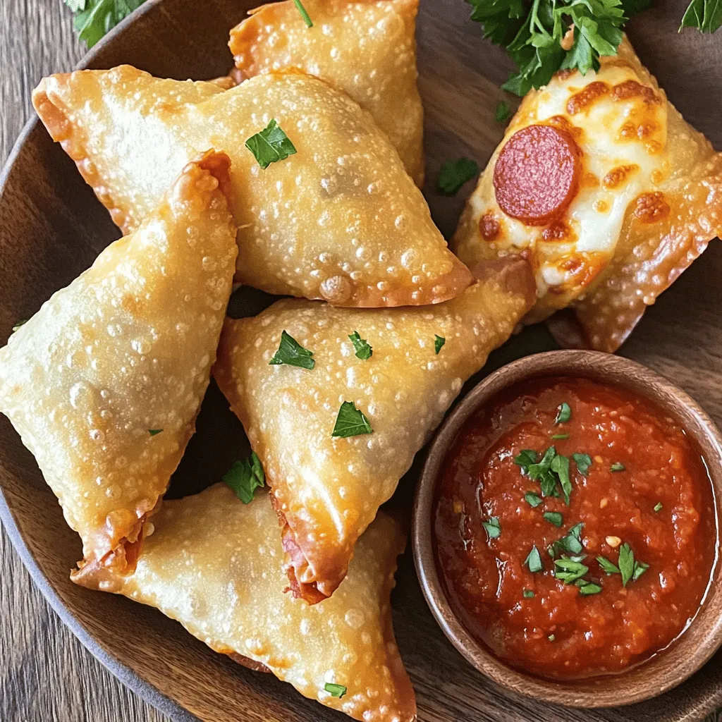 - Wonton wrappers - Shredded mozzarella cheese - Chopped pepperoni slices The main ingredients for air fryer pizza rolls include wonton wrappers, shredded mozzarella cheese, and chopped pepperoni slices. Wonton wrappers are thin and crisp, perfect for holding the tasty filling. The mozzarella cheese melts well and adds that gooey texture we love. Pepperoni brings in a savory punch that makes these rolls irresistible. - Garlic powder - Crushed red pepper flakes For extra flavor, you can add garlic powder and crushed red pepper flakes. Garlic powder gives a nice aroma and taste. Red pepper flakes add a spicy kick. You can mix these in with the filling or sprinkle them on top before cooking. - Pizza sauce No pizza roll is complete without a tasty dipping sauce. Use pizza sauce for dipping. It pairs perfectly with the flavors of the rolls. You can heat the sauce or serve it cold, based on your preference. - Preheat air fryer to 380°F (193°C). - In a bowl, mix 1 cup of shredded mozzarella cheese, 1/2 cup of chopped pepperoni, and 1 teaspoon of Italian seasoning. This mix gives our pizza rolls great flavor. - Take a wonton wrapper and place a heaping teaspoon of filling in the center. - Moisten the edges of the wrapper with water. - Fold the wrapper in half diagonally to form a triangle. - Press the edges firmly to seal. - Repeat this until you use all your filling and wrappers. - Lightly brush or spray the sealed pizza rolls with 1 tablespoon of olive oil. - Place the rolls in the air fryer in a single layer. Make sure they don’t touch. - Air fry for 7-8 minutes. Flip them halfway to cook evenly. - Once golden brown and crispy, remove them from the air fryer. - Let them cool for a minute and serve with pizza sauce for dipping. To get that perfect crispy texture, start with the right amount of oil. You only need to lightly brush or spray the pizza rolls with olive oil. This small step makes a big difference in how crispy they turn out. Too much oil can make them soggy. Next, ensure good air flow in your air fryer. Arrange the pizza rolls in a single layer without touching each other. This allows hot air to circulate freely around each roll. If they are crowded, they won't cook evenly. You can boost the flavor of your pizza rolls with seasoning. Try adding garlic powder or crushed red pepper flakes to the cheese and pepperoni mix. These add-ons give a nice kick. Serve the rolls with pizza sauce for dipping. You can also add some fresh herbs like parsley or basil on top for a colorful touch. This makes the dish look great and taste even better. When cooking multiple rolls, make sure to not overcrowd the basket. If you have too many, cook them in batches. This ensures each roll gets enough heat and air. You want them all to be crispy, not steamed. For best results, keep an eye on the cooking time. Flipping the rolls halfway through helps them brown evenly. This way, you enjoy every bite of these tasty snacks! {{image_2}} You can change the filling to make your pizza rolls unique. Here are some tasty ideas: - Different cheese options: Try using cheddar, pepper jack, or a blend of cheeses. Each cheese gives a different taste and texture. - Veggie-filled pizza rolls: Use chopped bell peppers, mushrooms, or spinach. This adds a fresh crunch and makes the rolls healthier. You can also play with flavors to suit your taste: - Spicy or sweet variations: Add jalapeños for heat. For sweet, mix in a bit of pineapple. Both give a fun twist! - Using different sauces: Instead of pizza sauce, try ranch, garlic butter, or marinara. Each sauce adds its own special touch. Personalizing your pizza rolls makes them even more fun: - Add favorite toppings: Include olives, bacon bits, or fresh herbs like basil. These toppings can enhance the flavor. - Different wrapper styles: Instead of wonton wrappers, use spring roll wrappers or even puff pastry. Each style changes the texture and taste. Experiment with these ideas, and let your creativity shine! To keep your pizza rolls fresh, place them in an airtight container. This helps prevent them from drying out. You can store them in the fridge for up to four days. If you stack them, add parchment paper between layers to avoid sticking. You can reheat your pizza rolls in either the microwave or the air fryer. The microwave is quick but may make them soggy. The air fryer is best for keeping them crispy. Heat them at 350°F (175°C) for about 3-5 minutes to regain that crunch. If you want to freeze your pizza rolls, lay them on a baking sheet in a single layer. Freeze until solid, then transfer them to a zip-top bag. They can stay in the freezer for up to three months. To cook from frozen, air fry at 380°F (193°C) for about 10-12 minutes. This gives you crispy rolls straight from the freezer! Air fryer pizza rolls cook in 7 to 8 minutes at 380°F (193°C). Start by preheating your air fryer. Place the rolls in a single layer. Flip them halfway for even cooking. Keep an eye on them as they cook. They should turn golden brown and crispy. If you need more time, check them every minute after 8 minutes. This will help you avoid burning. Yes, you can bake pizza rolls. Baking takes a bit longer than air frying. Preheat your oven to 400°F (204°C). Place the rolls on a baking sheet. Bake for 12 to 15 minutes. The air fryer gives a crispier texture, while baking might be softer. If you want a healthy option, baking is great. But, if you want crispy rolls fast, stick with the air fryer. The best dipping sauce is pizza sauce. It complements the cheese and pepperoni well. You can also try ranch dressing for a creamy twist. For those who like heat, add crushed red pepper flakes to your sauce. Serve it in a small bowl next to the pizza rolls. This makes for a fun and tasty snack. You now know how to make delicious air fryer pizza rolls with ease. Start with wonton wrappers and your choice of filling, like cheese and pepperoni. Remember to pack in some flavor with optional seasonings. Follow clear steps, and you’ll achieve the perfect texture. You can freeze any leftovers for later fun. Experiment with fillings and sauces to find what you love most. Enjoy your tasty treats and share them with friends!