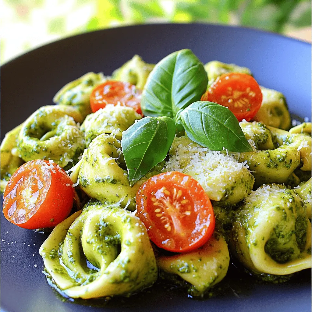 To make Minute Creamy Pesto Tortellini, you will need a few simple ingredients. Here’s what you need: - 9 oz cheese tortellini - 1 cup fresh basil pesto - 1 cup heavy cream - 1/2 cup grated Parmesan cheese - 1 cup cherry tomatoes, halved - 2 cloves garlic, minced - Salt and pepper to taste - Fresh basil leaves for garnish These ingredients come together to create a tasty dish. The cheese tortellini serves as a great base. The fresh basil pesto gives it a burst of flavor. Heavy cream adds richness to the sauce. Grated Parmesan cheese gives it a nice cheesy kick. Cherry tomatoes add a pop of color and sweetness. Garlic enhances the overall taste. Don’t forget to season with salt and pepper! Lastly, fresh basil leaves make for a lovely garnish. Each ingredient plays a key role in making this dish quick and delicious. You can find most of these items at your local grocery store. Make sure to choose fresh ingredients for the best flavor! To start, bring a large pot of salted water to a boil. I like to use a generous amount of salt. It adds great flavor to the tortellini. Once the water is bubbling, add 9 oz of cheese tortellini. Cook them according to the package instructions, usually about 3-5 minutes. You want the tortellini to be al dente, which means they should be firm but not hard. To check, taste one before draining. While the tortellini cooks, grab a large skillet. Heat it over medium heat and add a splash of olive oil. Once hot, add 2 cloves of minced garlic. Sauté the garlic for about 1 minute until it becomes fragrant. Be careful not to burn it. Next, lower the heat and pour in 1 cup of heavy cream. Stir it well and let it simmer gently for about 2 minutes. This step is key for a rich flavor. Now, add 1 cup of fresh basil pesto to the cream mixture. Stir until it’s fully combined. Then, mix in 1/2 cup of grated Parmesan cheese. Stir until it melts and becomes creamy. Don’t forget to season with salt and pepper to taste. Once your tortellini is cooked, drain it and add it to the skillet. Toss it gently to coat the tortellini in the creamy pesto sauce. Next, add 1 cup of halved cherry tomatoes to the skillet. Stir them in just until they are warmed. This adds a nice burst of flavor and color to the dish. Mix everything well before serving. Enjoy your creamy pesto tortellini warm, garnished with fresh basil leaves for extra flavor! To make your creamy pesto tortellini even better, try adding spices or fresh herbs. A pinch of red pepper flakes gives it a nice kick. You can also add fresh parsley or even extra basil for more aroma. If you want more depth, consider adding sun-dried tomatoes or roasted red peppers. These ingredients boost flavor and add color to your dish. When boiling your tortellini, remember to use a large pot with plenty of water. This helps the pasta cook evenly. Follow the cooking time on the package, usually around 3 to 5 minutes for al dente. Stir the tortellini gently during cooking to prevent sticking. Be careful not to overcook your sauce. Once you add the heavy cream, let it simmer for just 2 minutes. This keeps the sauce rich and creamy without burning. For a well-rounded meal, pair your tortellini with a simple salad. A mix of greens, cucumbers, and a light vinaigrette works well. You could also serve it with garlic bread for extra flavor. When it comes to presentation, try serving the tortellini in a shallow bowl. This lets the creamy sauce shine. Top it with fresh basil leaves and a sprinkle of extra Parmesan cheese. A drizzle of olive oil adds a nice touch, too. {{image_2}} You can switch up the pasta in this dish. Try farfalle, penne, or even gluten-free pasta. Each type brings its own texture and taste. If you want a vegan dish, replace heavy cream with coconut cream or cashew cream. For cheese, use nutritional yeast or vegan cheese. These swaps keep the flavors while making it fit your diet. Adding protein can make this meal heartier. Chicken or shrimp work well. Cook them in the skillet before adding the sauce. You can also try sausage or tofu for more options. Customizing your pesto adds fun flavors. Swap pine nuts for walnuts or almonds. You can even mix in different cheeses like feta or goat cheese for a unique spin. Using seasonal vegetables makes this dish fresh and exciting. In spring, add peas or asparagus. During summer, try zucchini or bell peppers. Fall brings great squash options, while winter can add spinach or kale. For holidays, you can spice it up with cranberries or nuts for festive flair. These ideas keep your creamy pesto tortellini lively and new! To keep your creamy pesto tortellini fresh, use airtight containers. Glass or plastic containers work well. Make sure the dish cools completely before sealing. This helps avoid moisture buildup. Store it in the fridge for up to three days. After that, the flavors may fade and the texture might change. When reheating, you want to keep that creamy texture. The best method is to use a skillet. Heat it on low and add a splash of cream or milk. Stir gently as it warms. This will help restore creaminess. If you use a microwave, heat in short bursts. Stir often to avoid hot spots. Consider adding a bit of fresh pesto to boost the flavors. Yes, you can freeze creamy pesto tortellini! First, let it cool completely. Then, place it in freezer-safe containers or bags. Squeeze out as much air as possible. It will stay good for up to three months. To thaw, move it to the fridge overnight. Reheat gently using the skillet method to maintain that rich, creamy goodness. You can easily prepare creamy pesto tortellini ahead. Cook the tortellini and make the sauce separately. Once cooled, store each in an airtight container. Keep them in the fridge for up to three days. When ready to eat, combine them in a skillet. Heat gently until warm. Yes, store-bought pesto works well. Look for fresh, quality options in the fridge section. Brands like Buitoni or Classico have good flavors. You can also try local brands for a unique taste. Just remember, the better the pesto, the better your dish will be! If you want a lighter dish, use half-and-half or whole milk instead of heavy cream. For a dairy-free version, try coconut milk or almond milk. These options keep the sauce creamy while cutting down on fat. Adjust seasoning as needed for flavor balance. Absolutely! Creamy pesto tortellini is great for meal prep. Portion the dish into containers for easy lunches. It stores well for up to three days in the fridge. Reheat in the microwave or on the stove. Add a splash of water to keep it creamy. In this blog, we explored how to make creamy pesto tortellini. We covered ingredients, cooking steps, tips, variations, storage, and FAQs. You learned how to cook tortellini perfectly and make a rich cream sauce. With ideas for flavor twists and ways to store leftovers, this dish fits many occasions. Enjoy experimenting with this recipe and making it your own. Happy cooking!