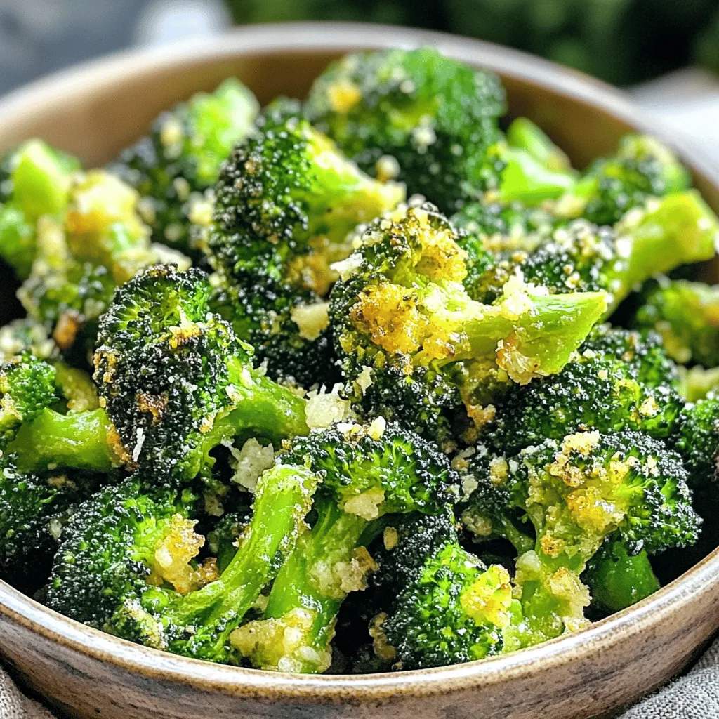 For this dish, you need 2 cups of fresh broccoli florets. Look for bright green, firm pieces. Fresh broccoli gives the best taste and texture. Avoid yellowing or wilting florets. You will use 3 cloves of garlic, minced, and 2 tablespoons of olive oil. The garlic adds a strong flavor that pairs well with broccoli. The olive oil helps the broccoli cook evenly and adds richness. You can add 1 teaspoon of lemon zest and 1/2 teaspoon of red pepper flakes for a kick. Adjust these to your taste. Salt and pepper are key for flavor. If you like cheese, add 1/4 cup of grated Parmesan cheese after cooking. It melts nicely and adds a savory note. To start, you need to preheat your air fryer. Set it to 375°F (190°C). Let it heat for about 5 minutes. This step helps the broccoli cook evenly and get crispy. Next, grab a large bowl. Add 2 cups of fresh broccoli florets. Then, mince 3 cloves of garlic and add them to the bowl. Pour in 2 tablespoons of olive oil and add 1 teaspoon of lemon zest. If you like some heat, sprinkle in 1/2 teaspoon of red pepper flakes. Now, mix everything well. You want the broccoli to be coated evenly. After that, season with salt and pepper to taste. Mix again to make sure the flavors combine. Once your broccoli mixture is ready, place it in the air fryer basket. Make sure to lay it in a single layer. Avoid overcrowding; this helps the broccoli cook better. Cook the broccoli for 10-12 minutes. Shake the basket halfway through. This helps achieve even cooking and browning. The broccoli is done when it is tender and crispy with golden edges. When it’s cooked, take the broccoli out and sprinkle with 1/4 cup of grated Parmesan cheese if you want. Toss gently to mix. Serve hot and enjoy your tasty air fryer garlic broccoli! To get your broccoli crispy, use fresh florets. Fresh broccoli cooks better than frozen. Make sure to coat each piece well with olive oil. This oil helps the broccoli crisp up. Avoid overcrowding the air fryer basket. If you pile the broccoli too high, it won’t cook evenly. Shake the basket halfway through to allow hot air to circulate. Cook until the edges turn golden brown. This usually takes about 10-12 minutes. Feel free to change up the seasonings! You can add spices like garlic powder or smoked paprika. For a zesty kick, try adding lemon juice or zest. If you like heat, increase the red pepper flakes. You can even mix in some soy sauce for an Asian twist. Experiment with different herbs like thyme or rosemary for extra flavor. These little changes can really make a big difference. Air fryer garlic broccoli pairs well with many dishes. It works great as a side for chicken or fish. You can serve it with pasta for a light meal. Toss it into a grain bowl with quinoa or rice for extra crunch. If you're hosting, it makes a perfect appetizer with dips. Try it with hummus or a yogurt sauce for a tasty snack. The options are endless! {{image_2}} You can mix in other veggies with your broccoli. Carrots, bell peppers, and cauliflower work well. Just chop them into similar sizes. This way, they cook evenly. Toss them in the same garlic and olive oil mix. The air fryer will give your mix a crispy finish. You can change the taste by using different seasonings. Try adding a pinch of smoked paprika for a smoky flavor. If you like it spicy, use more red pepper flakes. You can also add some Italian herbs like oregano or basil. Lemon juice can brighten the taste too. Experiment with what you like best! If you're vegan, skip the Parmesan cheese. You can use nutritional yeast instead. It adds a cheesy flavor without dairy. Another option is to use chopped nuts, like walnuts or almonds. They give a nice crunch. Just sprinkle them on top after cooking. Enjoy a tasty and plant-based twist! To store your leftover air fryer garlic broccoli, let it cool first. Place it in an airtight container. Make sure to keep it in the fridge. It will stay fresh for about 3-4 days. If you want to keep it longer, consider freezing it. Reheating is quick and easy. You can use the air fryer to keep it crispy. Set the air fryer to 350°F (175°C). Heat for about 5 minutes. Check it often to avoid overcooking. You can also use a microwave if you prefer. Just heat it for 1-2 minutes. Freezing is a great way to save extra broccoli. First, blanch the broccoli in boiling water for 2-3 minutes. Then, cool it in ice water. Drain it well. After that, place it in a freezer bag. Remove as much air as possible. It can last up to 3 months in the freezer. When ready to eat, just thaw and reheat. Yes, you can use frozen broccoli. Frozen broccoli works well, but it may cook faster. Adjust the cooking time to about 8-10 minutes. Keep an eye on it to avoid mushiness. Thawing the broccoli first can help with even cooking. The broccoli is done when it is tender and crispy. Look for golden edges and a bright green color. You can test a piece with a fork. If it goes in easily, your broccoli is ready. Shake the basket halfway through for even cooking. This dish is versatile and pairs well with many foods. Serve it with grilled chicken or fish for a healthy meal. You can also add it to pasta or grains for a tasty side. Try it with rice or quinoa for a complete dish. This blog post covered how to make delicious air fryer garlic broccoli. We discussed key ingredients like fresh broccoli, garlic, and seasoning. I shared step-by-step instructions for cooking it perfectly. I also provided tips for crispiness and fun variations. Remember, you can store leftovers for later enjoyment. Try different veggies and blend your favorite flavors to keep it exciting. Cooking can be fun and tasty, so enjoy every bite!