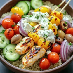 - 2 large chicken breasts, cut into 1-inch cubes - 3 tablespoons olive oil - 2 tablespoons lemon juice - 2 teaspoons dried oregano - 2 garlic cloves, minced - Salt and pepper, to taste - 1 cup cooked quinoa or rice - 1 cup cherry tomatoes, halved - 1 cucumber, diced - 1/2 red onion, thinly sliced - 1/2 cup Kalamata olives, pitted and halved - 1 cup crumbled feta cheese - Fresh parsley, for garnish - Tzatziki sauce for drizzling Use fresh chicken for the best taste. It will make your dish juicy. Choose good-quality olive oil. This adds flavor and richness. Fresh garlic gives a nice kick. You can adjust salt and pepper to fit your taste. Use firm, ripe tomatoes. They add a sweet touch to your bowls. If you want a different protein, try shrimp or tofu. You can swap quinoa for brown rice or couscous. If you don’t have Kalamata olives, use green olives. For a dairy-free option, skip feta or use a plant-based cheese. You can switch tzatziki for hummus for a creamy texture. First, gather your ingredients for the marinade. In a bowl, mix together: - 3 tablespoons olive oil - 2 tablespoons lemon juice - 2 teaspoons dried oregano - 2 minced garlic cloves - Salt and pepper to taste Whisk these ingredients well. Next, add the chicken cubes. Make sure to coat them fully in the marinade. Cover the bowl and refrigerate for at least 30 minutes. If you have time, let it marinate for up to 2 hours. This makes the chicken taste even better. Once your chicken is marinated, it’s time to grill. Preheat your grill or grill pan to medium-high heat. Skewer the chicken cubes onto skewers, leaving space between each piece. Grill the chicken for about 10 to 15 minutes. Turn them occasionally. Cook until the chicken turns golden and reaches an internal temperature of 165°F (75°C). This ensures the chicken is safe to eat and juicy. While the chicken grills, prepare your bowls. Start with a base of quinoa or rice in each bowl. Add the following toppings: - 1 cup cherry tomatoes, halved - 1 cucumber, diced - 1/2 red onion, thinly sliced - 1/2 cup Kalamata olives, pitted and halved - 1 cup crumbled feta cheese Once your chicken is done, remove it from the skewers. Place the grilled chicken on top of your prepared bowls. Finish by drizzling tzatziki sauce over everything. Garnish with fresh parsley for a pop of color. Enjoy your Greek Chicken Souvlaki Bowls! The marinade makes the chicken tasty. Use olive oil, lemon juice, oregano, and garlic. Mix these well in a bowl. Add salt and pepper to boost flavor. Coat the chicken cubes well. Let them sit in the fridge for at least 30 minutes. For even more taste, let them marinate for up to 2 hours. This step gives the chicken a fresh, zesty flavor. Grilling the chicken right is key. Preheat your grill or grill pan to medium-high heat. Skewer the marinated chicken pieces. Leave a little space between each piece. This helps them cook evenly. Grill the chicken for 10-15 minutes. Turn the skewers often to avoid burning. Make sure the chicken reaches an internal temperature of 165°F (75°C). This ensures the chicken is safe to eat and perfectly tender. Building your bowl can be fun. Start with a base of quinoa or rice. Then, add cherry tomatoes, cucumbers, red onions, and Kalamata olives. Sprinkle crumbled feta cheese on top for a creamy texture. Once the chicken is grilled, place it on the veggies. Lastly, drizzle tzatziki sauce over everything. Garnish with fresh parsley for a pop of color. Serve on a colorful platter or in individual bowls. This makes a great meal for friends or family. {{image_2}} If you want a vegetarian twist, replace the chicken with marinated tofu or tempeh. Cut the tofu into cubes and marinate it just like the chicken. Use the same olive oil, lemon juice, oregano, and garlic mixture. Grill the tofu until it gets nice grill marks. You can also use halloumi cheese for a savory option. This gives you a great flavor without meat. Feel free to load your bowl with extra veggies. You can add bell peppers, zucchini, or spinach. Roasting or grilling these vegetables enhances their flavor. You can toss them in olive oil and seasonings before cooking. This not only boosts the taste but also adds vibrant colors to your bowl. Don't hesitate to get creative with seasonal veggies! To keep this meal gluten-free, stick with quinoa or rice as your base. Both are naturally gluten-free and delicious. Ensure your tzatziki sauce is also gluten-free. You can check if the yogurt and any added ingredients meet your needs. If you want a grain-free option, try using cauliflower rice for a light and healthy twist. You can keep your Greek Chicken Souvlaki Bowls in the fridge. Place the bowls in airtight containers. This helps to keep them fresh. They will last up to three days. I like to separate the chicken and veggies from the grains. This way, they stay fresh longer. When you're ready to eat, reheat the chicken and quinoa or rice. You can use a microwave or a stovetop. If using a microwave, heat for 1-2 minutes. Stir halfway to ensure even heating. On the stovetop, add a splash of water to prevent sticking. Heat over low heat until warm. You can freeze the chicken and grains if you want to save them longer. Use freezer-safe containers or bags. They can last up to three months in the freezer. To thaw, place them in the fridge overnight. Reheat them the next day as explained above. Avoid refreezing once they have been thawed. Yes, you can use other proteins. Pork, beef, or shrimp work great. Each protein adds a unique taste. Just adjust cooking times. For example, shrimp cooks faster than chicken. Marinating is still key. Keep the same marinade for flavor. To make your bowls more nutritious, add leafy greens. Spinach or kale are excellent choices. They boost vitamins and minerals. You can also add more veggies. Bell peppers, carrots, or radishes will add crunch and color. Choose whole grains like brown rice for extra fiber. If you want alternatives to tzatziki, try yogurt or hummus. A simple yogurt sauce with herbs is tasty. You can mix Greek yogurt with garlic and dill. For a creamy option, use avocado dressing. It adds healthy fats and flavor. In this blog post, I covered everything needed to create delicious chicken bowls. We talked about necessary ingredients, tips for marinating, and grilling. I shared some great serving suggestions and explored veggie options. I also included storage tips to keep your meals fresh. Overall, making these bowls can be fun and easy. You can customize them to fit your taste preferences and diet. Enjoy creating your tasty, healthy meals!
