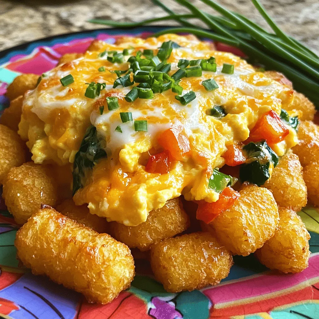 - 1 (32 oz) bag frozen tater tots - 6 large eggs - 1 cup milk - 1 teaspoon garlic powder - 1 teaspoon onion powder - Salt and pepper to taste - 1 cup cooked breakfast sausage, crumbled (or turkey sausage) - 1 bell pepper, diced - 1 cup spinach, roughly chopped - 1 cup shredded cheddar cheese - Fresh chives for garnish (optional) When you make Tater Tot Breakfast Casserole, gather these simple ingredients first. The tater tots form the base. They add a crispy texture that pairs well with soft eggs. You need six large eggs. They create a rich and creamy filling. The milk adds moisture, making the dish fluffier. Next, seasonings bring flavor. Garlic powder and onion powder add depth. A pinch of salt and pepper rounds out the taste. You can adjust these to fit your preference. For proteins and veggies, I love using cooked breakfast sausage. It gives a hearty bite. If you prefer, turkey sausage can work too. Diced bell pepper adds color and crunch. Spinach gives a nice touch of green and nutrients. Finally, cheese! Shredded cheddar cheese melts beautifully on top. It creates a delicious layer. You can add fresh chives for a pop of color and flavor if you like. Each bite is a mix of textures and tastes that makes this casserole special. First, I grease a 9x13 inch baking dish. I preheat the oven to 400°F (200°C). Next, I spread the frozen tater tots evenly across the bottom of the dish. This creates a nice base for my casserole. In a large mixing bowl, I whisk together six large eggs with one cup of milk. I add one teaspoon each of garlic powder and onion powder. Then, I season with salt and pepper to taste. It’s important to blend the eggs well so each bite is creamy. I take another bowl and mix one cup of crumbled cooked breakfast sausage, one diced bell pepper, and one cup of chopped spinach. I spread this mixture evenly over the tater tots. Then, I pour the egg mixture on top, making sure it reaches all parts. Finally, I sprinkle one cup of shredded cheddar cheese over everything. This will melt beautifully while baking. I place the dish in the preheated oven and bake for 35 to 40 minutes. I know it’s done when the eggs are set and the cheese is bubbly and golden brown. After baking, I remove it from the oven. I let it cool for a few minutes before slicing it into squares. This cooling time helps to firm up the casserole for easier serving. You can make this casserole the night before. Just assemble it and cover it. In the morning, pop it in the oven. This saves time and helps you enjoy a warm meal fast. Feel free to swap the sausage for turkey sausage. You can also use bacon or leave it out for a vegetarian dish. Want more veggies? Add diced zucchini or mushrooms. Adjust the spice by adding a pinch of red pepper flakes or your favorite hot sauce. This casserole pairs well with fresh fruit or a side salad. You can add a dollop of sour cream on top for creaminess. Salsa adds a nice kick. For a bright touch, sprinkle chopped chives over the top before serving. {{image_2}} You can make a tasty vegetarian version of this casserole. Just swap out the breakfast sausage for extra veggies. I love using mushrooms, zucchini, or even broccoli. Each veggie adds its own flavor and texture. You can mix and match based on what you have. Just make sure to chop them small so they cook well. This way, you keep the dish hearty, healthy, and satisfying. Cheese can change the whole dish. While I suggest cheddar for a classic taste, you can try other cheeses too. Monterey Jack adds a nice creaminess, while pepper jack gives a spicy kick. If you prefer a stronger flavor, go for gouda or feta. Mixing cheeses can also create a unique flavor profile. Just remember, whatever cheese you choose, make sure it melts well. If you want a twist, try different breakfast potatoes. Hash browns can be a great alternative to tater tots. They create a similar texture but with a different taste. Diced potatoes or even sweet potatoes work well too. Just par-cook them before adding to the casserole. This ensures they are soft and delicious after baking. To store leftovers, let the casserole cool down. Place it in an airtight container. This keeps it fresh in the fridge for 3 to 4 days. When you want to serve it, just take out what you need. Make sure to cover the container well to avoid drying out. If you have more than one serving, use individual containers. This makes it easy for quick meals. You can freeze the casserole for later. First, let it cool completely. Cut it into squares for easy servings. Wrap each piece tightly in plastic wrap. Then, put them in a freezer bag. Don’t forget to label the bag with the date. It will stay good in the freezer for about 2 to 3 months. To reheat, just defrost in the fridge overnight, or use the microwave for a quick thaw. When reheating, you want to keep the texture nice. The best way is to use the oven. Preheat it to 350°F (175°C). Place the casserole in an oven-safe dish. Cover it with foil to keep it moist. Heat for about 15 to 20 minutes. If using the microwave, put it in a microwave-safe dish. Heat in short bursts, checking often to avoid overcooking. This helps keep the cheese melty and the tater tots crispy. Yes, you can prepare this dish the night before. First, assemble the casserole as usual. Cover it tightly with plastic wrap or foil and place it in the fridge. In the morning, take it out and let it sit for about 30 minutes. This brings it closer to room temp. Then, bake it in the preheated oven as directed. This saves time and makes breakfast easy. To make this dish gluten-free, swap the frozen tater tots for gluten-free ones. Many brands offer gluten-free tater tots. Check the labels to be sure. For the sausage, choose a gluten-free version. This way, you can enjoy the casserole without worry. Using fresh tater tots can change the texture. If you choose fresh, cook them first according to the package. Then, let them cool slightly before adding them to the dish. This ensures they hold their shape and don’t get mushy. Frozen tater tots usually work better for this recipe. You can try many different herbs and spices. Here are some ideas: - Paprika: Adds a nice smoky flavor. - Cumin: Gives a warm, earthy taste. - Chopped fresh herbs: Like parsley or basil for a fresh touch. - Hot sauce: For a spicy kick, drizzle it on before serving. Feel free to get creative and find the flavors you love! In this blog post, I shared a tasty tater tot breakfast casserole recipe. You learned about the key ingredients, step-by-step instructions, and tips for customization. This dish works for busy mornings and allows for flexibility with ingredients. Remember, you can store leftovers or freeze portions for later. Whether you enjoy meat or prefer a veggie option, this casserole offers great flavors. I hope you try it and enjoy every bite!