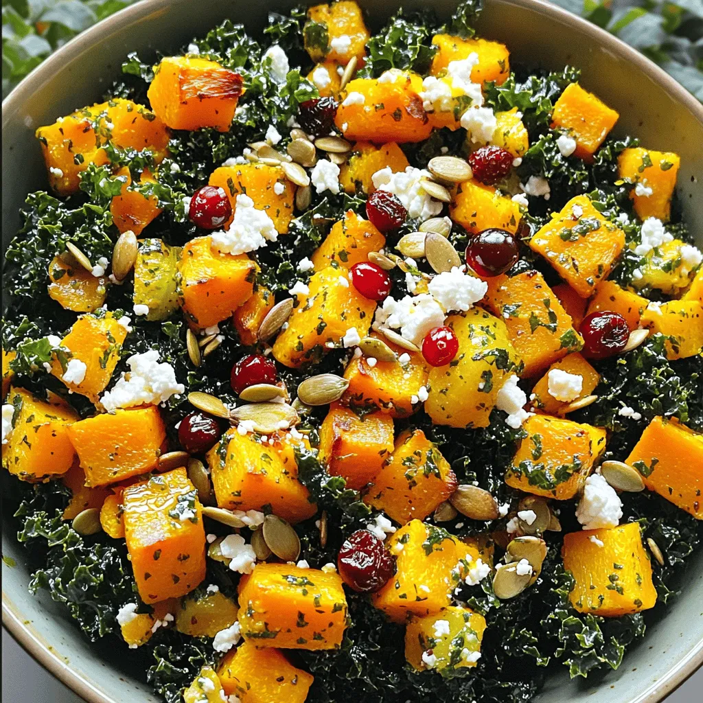 - 1 medium butternut squash, peeled and cubed - 3 cups kale, stems removed and leaves chopped - 1/2 cup feta cheese, crumbled - 1/4 cup toasted pumpkin seeds - 1/4 cup dried cranberries - 2 tablespoons olive oil - 1 tablespoon maple syrup - 1 tablespoon apple cider vinegar - Salt and pepper to taste - 1 teaspoon cinnamon - Other nuts for added crunch - Different cheese like goat cheese - Fresh herbs like parsley or basil - Calories: 250 - Protein: 8g - Fat: 15g - Carbohydrates: 28g - Fiber: 5g - Sugar: 6g Start by preheating your oven to 400°F (200°C). Next, peel the butternut squash and cut it into cubes. Take a bowl and toss the cubed squash with 1 tablespoon of olive oil, cinnamon, salt, and pepper. Make sure every piece gets coated. Spread the squash on a baking sheet in a single layer. Roast it in the oven for 25 to 30 minutes. Flip the squash halfway through. It should be tender and caramelized when done. While the squash roasts, you can prepare the kale. First, remove the tough stems and chop the leaves. In a large bowl, mix the chopped kale with the remaining olive oil, maple syrup, apple cider vinegar, salt, and pepper. Now, use your hands to massage the kale for about 1 to 2 minutes. This helps to soften the leaves. It will make the kale more tasty and easy to chew. Once the butternut squash is done, let it cool for a few minutes. Add the roasted squash to the bowl with the kale. Then, add the crumbled feta, toasted pumpkin seeds, and dried cranberries. Gently toss everything together until it's well mixed. Taste and adjust the seasoning if you need more salt or pepper. You can serve this salad right away. If you want, chill it in the fridge for up to an hour. This helps the flavors blend together nicely. Roasting butternut squash brings out its natural sweetness. Here are my top tips: - Choose the right squash: Pick a medium squash that feels heavy for its size. - Peel and cube: Use a sharp knife to peel and cut it into even cubes. - Season well: Toss the cubes in olive oil, cinnamon, salt, and pepper for flavor. - Single layer: Spread the cubes on a baking sheet in a single layer. This helps them roast evenly. - Flip halfway: Turn the squash midway through cooking to caramelize all sides. Massaging kale makes it softer and tastier. Follow these steps: - Remove stems: Strip the leaves from the tough stems and chop them. - Add oil and vinegar: In a bowl, mix kale with olive oil, apple cider vinegar, salt, and pepper. - Use your hands: Rub the kale leaves gently for 1-2 minutes. This breaks down the tough fibers. - Check softness: The kale should become darker and more tender after massaging. A few tweaks can elevate your salad: - Extra feta: Sprinkle more feta on top for a creamy burst. - Pumpkin seeds: Add a handful for crunch and a nutty taste. - Cranberry garnish: Use dried cranberries to add color and sweetness. - Serve chilled: Let the salad sit for an hour in the fridge before serving. This helps flavors blend beautifully. {{image_2}} If you have a dairy allergy, use a vegan feta or omit it. For nut allergies, skip the pumpkin seeds. You can add sunflower seeds instead for a similar crunch. If you follow a gluten-free diet, rest assured, this salad is already gluten-free. You can also swap apple cider vinegar for lemon juice if needed. This salad shines all year. In spring, add fresh peas or asparagus. For summer, toss in cherry tomatoes for color. In fall, use roasted sweet potatoes instead of butternut squash. In winter, consider adding some sliced apples for a refreshing crunch. To make this salad a full meal, add protein. Grilled chicken or turkey pairs well with the flavors. You can also use chickpeas for a vegetarian option. Tofu or tempeh works great too. For a seafood twist, top with shrimp or salmon. To keep your salad fresh, place it in an airtight container. This will help prevent it from wilting. Store it in the fridge. It stays good for about 3 days. If you have extra dressing, store it separately. This keeps the kale crisp and tasty. You don't need to reheat this salad. It tastes best cold. If you want warm squash, heat it in the microwave. Use a safe bowl and heat in short bursts. Stir in between to avoid hot spots. - Butternut Squash: Lasts about a week if stored in a cool, dry place. - Kale: Stays fresh for around 5 days in the fridge. - Feta Cheese: Good for about 4-6 weeks if unopened. Once opened, use it within a week. - Pumpkin Seeds: Keep for up to 6 months in a cool, dark spot. - Cranberries: Last for about a year if stored in a sealed bag. Understanding how to store your ingredients helps minimize waste. Enjoy your salad longer and keep it delicious! Yes, you can make this salad ahead of time. However, the best taste comes when you eat it fresh. If you prepare it early, keep the dressing separate. This helps the kale stay crisp. Mix everything just before serving for the best flavor. If you want a feta substitute, try goat cheese or a vegan option. Both add creaminess and flavor. You can also use ricotta for a different taste. Choose what you like best to make this salad your own! Yes, this salad is great for meal prep. You can store each part separately. Keep the roasted squash, kale, and toppings in different containers. This keeps them fresh and tasty. When ready to eat, just combine everything in a bowl. Enjoy your meal anytime! This article covered how to make a tasty butternut squash and kale salad. We discussed ingredients, from the main items to optional ones. I shared tips for roasting squash and massaging kale, plus serving ideas. You learned about variations, storage, and meal prep questions. This dish is easy to make and great for your health. Don’t hesitate to try different ingredients and make it your own. Enjoy a fresh, nutritious meal today!