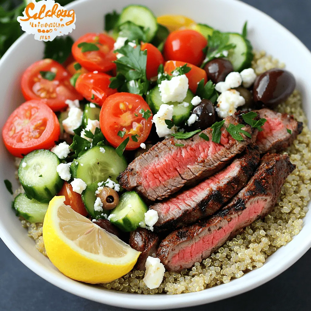 For the heart of your Mediterranean Steak Power Bowls, gather these key items: - 1 lb flank steak - 1 cup quinoa, rinsed - 1 cup cherry tomatoes, halved - 1 cup cucumber, diced - 1 cup red bell pepper, diced - ½ cup kalamata olives, pitted and sliced - ½ cup feta cheese, crumbled - Fresh parsley, chopped for garnish - Lemon wedges for serving These ingredients create a balanced meal rich in flavor and nutrition. The flank steak adds protein, while the quinoa provides a healthy grain base. To give the steak its amazing flavor, use these spices: - 1 teaspoon smoked paprika - 1 teaspoon cumin - 1 teaspoon garlic powder - Salt and pepper to taste - 2 tablespoons olive oil Mix these spices to create a marinade. Rub it on the flank steak for at least 30 minutes. This step enhances the meat’s taste and tenderness. Add fresh toppings for extra flavor and color: - Cherry tomatoes - Cucumber - Red bell pepper - Kalamata olives - Crumbled feta cheese - Chopped parsley These toppings not only make the dish pretty but also add crunch and zest. The lemon wedges bring a bright finish that ties all flavors together. Enjoy making your Mediterranean Steak Power Bowls! To marinate the flank steak, mix smoked paprika, cumin, garlic powder, salt, pepper, and olive oil in a small bowl. Rub this blend onto the steak. Let it sit for at least 30 minutes at room temperature. This step adds great flavor to the meat. For the quinoa, start by bringing vegetable broth to a boil in a medium saucepan. Add the rinsed quinoa to the boiling broth. Lower the heat and cover the pan. Let it simmer for 15 minutes until the broth is absorbed. Fluff it with a fork once done. This yields a light and fluffy base for your bowl. Preheat your grill or grill pan to medium-high heat. Grill the marinated flank steak for 4-5 minutes on each side for medium-rare. Adjust cooking time if you prefer it more done. After grilling, let the steak rest for 5 minutes. While it rests, chop the cherry tomatoes, cucumber, red bell pepper, and olives. Toss them in a bowl for a fresh salad. Grab your serving bowls and start with a layer of fluffy quinoa at the bottom. Next, place the sliced steak on top. Then, add the cherry tomatoes, cucumber, red bell pepper, and olives. This creates a colorful and tasty mix. Top each bowl with crumbled feta cheese. Finish with a sprinkle of fresh parsley for a pop of color. Serve each bowl with a lemon wedge for added zest. This brightens each bite and makes the dish even more refreshing. To get a juicy, grilled steak, start with a good marinade. Use smoked paprika, cumin, garlic powder, salt, and pepper mixed with olive oil. Rub this mixture all over the flank steak. Let it sit for at least 30 minutes. This helps the flavors soak in. Preheat your grill to medium-high heat. Grill each side for about 4-5 minutes for a medium-rare result. Let the steak rest after grilling. This keeps it tender and juicy. Cooking quinoa may seem tricky, but it’s easy! Use vegetable broth for added flavor. Bring it to a boil, then add rinsed quinoa. Lower the heat and cover the pan. Let it simmer for about 15 minutes. When done, remove it from heat and fluff it with a fork. Fluffing helps separate the grains and keeps it light. When sourcing ingredients, look for fresh produce. Cherry tomatoes, cucumbers, and bell peppers should be vibrant and firm. If you can't find flank steak, try sirloin or ribeye. For a vegetarian option, use grilled tofu or chickpeas. If you don’t have kalamata olives, green olives work too. Feta cheese can be swapped for goat cheese for a different taste. Always choose high-quality ingredients for the best flavor. {{image_2}} If you want a vegetarian twist, swap flank steak for grilled eggplant or marinated tofu. Both options soak up flavors well. Try using chickpeas for protein too. They add a nice, hearty texture. You can also mix in your favorite beans, like black or kidney beans. They provide a creamy taste and pair well with the other toppings. To change the flavor of the power bowls, try different spices. You can use harissa for a spicy kick or za’atar for a herby taste. Adding smoked sea salt can enhance the smoky flavor without extra cooking. You might also love a drizzle of tahini for creaminess. Mixing lemon juice with olive oil creates a fresh dressing that brightens every bite. Seasonal veggies make your bowl fresh and vibrant. In spring, add asparagus or peas for crunch. Summer is great for zucchini and corn, which taste sweet when grilled. In fall, roasted butternut squash brings a warm flavor. Winter calls for hearty greens like kale or Brussels sprouts. Use what’s fresh at the market to keep your bowls exciting all year long. To store your Mediterranean Steak Power Bowls, first, let them cool. Place the bowls in airtight containers. Make sure to separate the steak and veggies from the quinoa if possible. This keeps everything fresh. You can store them in the fridge for up to three days. If you want to keep them longer, consider freezing the components. Just remember to use freezer-safe containers. When you are ready to enjoy your leftovers, reheating is key. For best results, use the microwave. Heat the quinoa and veggies together for about one minute. Check and stir, then heat for another 30 seconds if needed. For the steak, you can use a skillet on low heat. This method helps keep it juicy. Avoid overheating, as it can make the steak tough. The shelf life of each ingredient can vary. Flank steak lasts about 3 to 5 days in the fridge. Cooked quinoa stays fresh for about a week. Cherry tomatoes and cucumbers last around 5 days. Feta cheese can be good for up to two weeks if stored well. Once you assemble the bowls, eat them within three days for the best taste and quality. You can use sirloin steak, skirt steak, or even chicken. These cuts of meat cook well and absorb flavors. If you want a plant-based option, try grilled portobello mushrooms or marinated tofu. Both add a nice texture and flavor. Yes, you can. Cook the quinoa and grill the steak ahead of time. Store them in separate containers in the fridge. Chop your veggies and keep them fresh until you are ready to serve. This way, you can enjoy a quick meal later. To make this dish gluten-free, use gluten-free quinoa. Check labels on vegetable broth to ensure it's gluten-free. All the other ingredients are naturally gluten-free, so you can enjoy this power bowl worry-free. Pair your Mediterranean Steak Power Bowls with a fresh Greek salad or roasted veggies. Hummus and pita chips also make great sides. You can even serve a light soup to round out your meal. Mediterranean Steak Power Bowls are tasty and healthy. We covered the key ingredients, from flank steak to toppings. You learned how to marinate and cook quinoa, then grill steak. Remember our tips for the best results: perfect steak and fluffy quinoa. Feel free to get creative with variations, and don't forget about storage for leftovers. With this knowledge, you can prepare delicious power bowls any time. Enjoy your cooking adventure and impress your family with these meals.