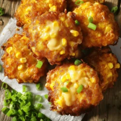- 1 cup fresh corn kernels (or canned/drained corn) - 1 cup all-purpose flour - 1/2 cup shredded cheddar cheese - 1/4 cup grated Parmesan cheese - 1/2 teaspoon baking powder - 1/2 teaspoon salt - 1/4 teaspoon black pepper - 1/4 teaspoon paprika - 2 large eggs, lightly beaten - 1/4 cup milk - 1/4 cup chopped green onions - Vegetable oil for frying These ingredients make a tasty and simple dish. Fresh corn gives a sweet crunch. You can use canned corn if fresh is not available. All-purpose flour acts as the base for the fritters. Cheddar cheese adds a rich, gooey texture. Parmesan provides a salty kick. Baking powder makes them light and fluffy. Salt, black pepper, and paprika add flavor and warmth. The eggs help bind everything together. Milk adds moisture, keeping the fritters soft. Chopped green onions bring a fresh taste. Vegetable oil is key for frying, making them crispy. Gather these items, and you are ready to cook! Each ingredient plays an important role in creating that perfect cheesy corn fritter. - First, combine the flour, baking powder, salt, black pepper, and paprika in a mixing bowl. Mix well so everything blends. - Next, whisk the eggs and milk together in a separate bowl until smooth. This helps create a nice texture. - Now, add the wet mix to the dry mix. Stir just until combined. Be careful not to overmix; lumps are okay! - Heat about 1/4 inch of vegetable oil in a skillet over medium heat. This helps fry the fritters evenly. - Once the oil is hot, drop spoonfuls of the batter into the oil. Flatten them slightly with the back of the spoon to shape. - Fry them for about 3-4 minutes on each side. Look for a golden brown color. Adjust the heat if they cook too fast. - After frying, transfer the fritters to a plate lined with paper towels. This helps soak up extra oil. - Serve your fritters warm. They pair well with sour cream or your favorite dipping sauce. Enjoy the crispy goodness! To get the best texture in your fritters, avoid overmixing the batter. When you combine the wet and dry ingredients, mix just enough until they blend. This keeps your fritters light and fluffy. Next, pay attention to the oil temperature while frying. If the oil is too cold, the fritters absorb too much oil. This makes them greasy. If it’s too hot, they burn quickly. Aim for medium heat. To spice up your fritters, consider adding fresh herbs. Chopped cilantro or parsley gives a fresh taste. You can also add some garlic powder for a savory kick. If you want to switch up the cheese, try using feta or pepper jack. Each cheese brings a different flavor. Experiment to find your favorite mix! You can prep the ingredients in advance. Measure out the dry mix and store it in a bowl. You can also chop the green onions ahead of time. When you’re ready to eat, just mix everything and fry. To reheat fritters, use the oven. This helps keep them crispy. Place them on a baking sheet at 350°F for about 10 minutes. Enjoy your crispy treats! {{image_2}} You can change up the cheese in your fritters. Try mozzarella for a milder taste. Feta brings a tangy kick, while pepper jack adds heat. If you don’t have fresh corn, canned corn works well. Drain it first. Frozen corn is also a great option. Just thaw and drain it before mixing. To make gluten-free fritters, swap all-purpose flour for a gluten-free blend. Make sure to check the blend has xanthan gum for better texture. For a vegan version, use a flax egg instead of regular eggs. Mix one tablespoon of flaxseed meal with three tablespoons of water. Let it sit until it thickens. Substitute plant-based milk as well. Add spices to give your fritters global flair. Try cumin for a Mexican twist or curry powder for an Indian touch. You can also add vegetables from different cuisines. Chopped bell peppers can add sweetness. Spinach brings color and nutrients, while zucchini adds moisture. Each option makes the fritters unique and tasty. To keep your cheesy corn fritters fresh, store them properly. - Short term storage in the refrigerator: Place the fritters in an airtight container. They last for up to three days. Make sure they cool completely before sealing. This helps avoid sogginess. - Long term storage options in the freezer: For longer storage, freeze the fritters. Lay them in a single layer on a baking sheet. Freeze until solid, then transfer to a freezer bag. They can last up to three months. To enjoy your fritters again, proper reheating is key. - Best practices for reheating in the oven vs microwave: The oven is best for crispiness. Preheat your oven to 350°F (175°C). Place fritters on a baking sheet and heat for about 10-15 minutes. The microwave works too, but it can make them soft. Heat in short bursts of 30 seconds. - Restoring crispiness when reheating: If you use the microwave, place fritters on a paper towel. This helps absorb moisture. For extra crispiness, finish in a hot skillet for a minute on each side. Enjoy your fritters just like when they were fresh! To make your fritters crispy, focus on the batter's thickness. A thicker batter holds together better. If it's too runny, add a bit more flour. When frying, heat oil to medium. If it's too low, the fritters will soak up oil. Place spoonfuls of batter in the hot oil. Fry until golden brown, about 3-4 minutes on each side. Don't overcrowd the pan, as this lowers the oil temperature. Once done, place them on a paper towel to soak up excess oil. Yes, you can bake Cheesy Corn Fritters. Preheat your oven to 400°F (200°C). Line a baking sheet with parchment paper. Drop spoonfuls of the batter onto the sheet, spacing them apart. Bake for about 15-20 minutes, flipping halfway through. This method makes them less crispy but still delicious. Keep an eye on them to prevent burning. Cheesy Corn Fritters pair well with many sides. Try serving them with a fresh salad, like coleslaw or a simple green salad. They also taste great with dipping sauces. Ranch dressing, sour cream, or spicy aioli work well. You can even serve them alongside grilled meats for a hearty meal. Absolutely! Doubling the recipe is easy. Just use double the ingredients listed. If your frying pan is small, cook in batches. This way, you can keep the oil hot and maintain crispiness. A larger batch may take a bit longer to cook, so adjust your timing as needed. You can find the full recipe for Cheesy Corn Fritters in the article above. It includes all the detailed instructions and ingredients needed to make this tasty dish. Enjoy cooking and savoring each bite! This blog post covered essential ingredients, step-by-step cooking, and helpful tips for Cheesy Corn Fritters. We explored various ways to make them tasty and even suggested storage methods. Remember, perfect fritters require the right texture and cooking care. Don't hesitate to add your own spin with unique flavors! With these fundamentals, you can create enjoyable fritters for any meal. Dive in and start cooking!