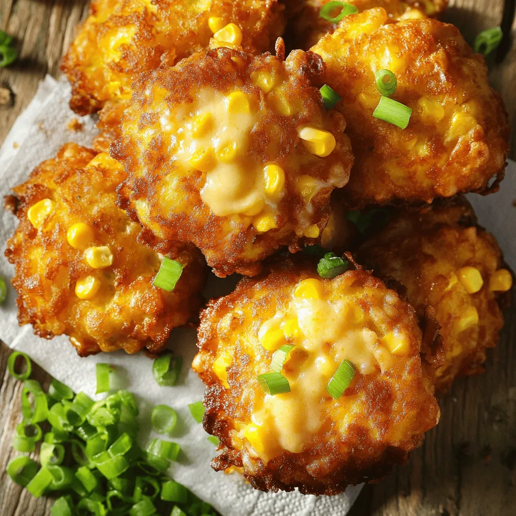 - 1 cup fresh corn kernels (or canned/drained corn) - 1 cup all-purpose flour - 1/2 cup shredded cheddar cheese - 1/4 cup grated Parmesan cheese - 1/2 teaspoon baking powder - 1/2 teaspoon salt - 1/4 teaspoon black pepper - 1/4 teaspoon paprika - 2 large eggs, lightly beaten - 1/4 cup milk - 1/4 cup chopped green onions - Vegetable oil for frying These ingredients make a tasty and simple dish. Fresh corn gives a sweet crunch. You can use canned corn if fresh is not available. All-purpose flour acts as the base for the fritters. Cheddar cheese adds a rich, gooey texture. Parmesan provides a salty kick. Baking powder makes them light and fluffy. Salt, black pepper, and paprika add flavor and warmth. The eggs help bind everything together. Milk adds moisture, keeping the fritters soft. Chopped green onions bring a fresh taste. Vegetable oil is key for frying, making them crispy. Gather these items, and you are ready to cook! Each ingredient plays an important role in creating that perfect cheesy corn fritter. - First, combine the flour, baking powder, salt, black pepper, and paprika in a mixing bowl. Mix well so everything blends. - Next, whisk the eggs and milk together in a separate bowl until smooth. This helps create a nice texture. - Now, add the wet mix to the dry mix. Stir just until combined. Be careful not to overmix; lumps are okay! - Heat about 1/4 inch of vegetable oil in a skillet over medium heat. This helps fry the fritters evenly. - Once the oil is hot, drop spoonfuls of the batter into the oil. Flatten them slightly with the back of the spoon to shape. - Fry them for about 3-4 minutes on each side. Look for a golden brown color. Adjust the heat if they cook too fast. - After frying, transfer the fritters to a plate lined with paper towels. This helps soak up extra oil. - Serve your fritters warm. They pair well with sour cream or your favorite dipping sauce. Enjoy the crispy goodness! To get the best texture in your fritters, avoid overmixing the batter. When you combine the wet and dry ingredients, mix just enough until they blend. This keeps your fritters light and fluffy. Next, pay attention to the oil temperature while frying. If the oil is too cold, the fritters absorb too much oil. This makes them greasy. If it’s too hot, they burn quickly. Aim for medium heat. To spice up your fritters, consider adding fresh herbs. Chopped cilantro or parsley gives a fresh taste. You can also add some garlic powder for a savory kick. If you want to switch up the cheese, try using feta or pepper jack. Each cheese brings a different flavor. Experiment to find your favorite mix! You can prep the ingredients in advance. Measure out the dry mix and store it in a bowl. You can also chop the green onions ahead of time. When you’re ready to eat, just mix everything and fry. To reheat fritters, use the oven. This helps keep them crispy. Place them on a baking sheet at 350°F for about 10 minutes. Enjoy your crispy treats! {{image_2}} You can change up the cheese in your fritters. Try mozzarella for a milder taste. Feta brings a tangy kick, while pepper jack adds heat. If you don’t have fresh corn, canned corn works well. Drain it first. Frozen corn is also a great option. Just thaw and drain it before mixing. To make gluten-free fritters, swap all-purpose flour for a gluten-free blend. Make sure to check the blend has xanthan gum for better texture. For a vegan version, use a flax egg instead of regular eggs. Mix one tablespoon of flaxseed meal with three tablespoons of water. Let it sit until it thickens. Substitute plant-based milk as well. Add spices to give your fritters global flair. Try cumin for a Mexican twist or curry powder for an Indian touch. You can also add vegetables from different cuisines. Chopped bell peppers can add sweetness. Spinach brings color and nutrients, while zucchini adds moisture. Each option makes the fritters unique and tasty. To keep your cheesy corn fritters fresh, store them properly. - Short term storage in the refrigerator: Place the fritters in an airtight container. They last for up to three days. Make sure they cool completely before sealing. This helps avoid sogginess. - Long term storage options in the freezer: For longer storage, freeze the fritters. Lay them in a single layer on a baking sheet. Freeze until solid, then transfer to a freezer bag. They can last up to three months. To enjoy your fritters again, proper reheating is key. - Best practices for reheating in the oven vs microwave: The oven is best for crispiness. Preheat your oven to 350°F (175°C). Place fritters on a baking sheet and heat for about 10-15 minutes. The microwave works too, but it can make them soft. Heat in short bursts of 30 seconds. - Restoring crispiness when reheating: If you use the microwave, place fritters on a paper towel. This helps absorb moisture. For extra crispiness, finish in a hot skillet for a minute on each side. Enjoy your fritters just like when they were fresh! To make your fritters crispy, focus on the batter's thickness. A thicker batter holds together better. If it's too runny, add a bit more flour. When frying, heat oil to medium. If it's too low, the fritters will soak up oil. Place spoonfuls of batter in the hot oil. Fry until golden brown, about 3-4 minutes on each side. Don't overcrowd the pan, as this lowers the oil temperature. Once done, place them on a paper towel to soak up excess oil. Yes, you can bake Cheesy Corn Fritters. Preheat your oven to 400°F (200°C). Line a baking sheet with parchment paper. Drop spoonfuls of the batter onto the sheet, spacing them apart. Bake for about 15-20 minutes, flipping halfway through. This method makes them less crispy but still delicious. Keep an eye on them to prevent burning. Cheesy Corn Fritters pair well with many sides. Try serving them with a fresh salad, like coleslaw or a simple green salad. They also taste great with dipping sauces. Ranch dressing, sour cream, or spicy aioli work well. You can even serve them alongside grilled meats for a hearty meal. Absolutely! Doubling the recipe is easy. Just use double the ingredients listed. If your frying pan is small, cook in batches. This way, you can keep the oil hot and maintain crispiness. A larger batch may take a bit longer to cook, so adjust your timing as needed. You can find the full recipe for Cheesy Corn Fritters in the article above. It includes all the detailed instructions and ingredients needed to make this tasty dish. Enjoy cooking and savoring each bite! This blog post covered essential ingredients, step-by-step cooking, and helpful tips for Cheesy Corn Fritters. We explored various ways to make them tasty and even suggested storage methods. Remember, perfect fritters require the right texture and cooking care. Don't hesitate to add your own spin with unique flavors! With these fundamentals, you can create enjoyable fritters for any meal. Dive in and start cooking!