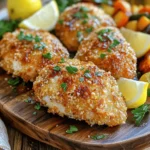 - 4 boneless, skinless chicken breasts - 1 cup grated Parmesan cheese - 1 cup breadcrumbs (panko preferred for extra crunch) - 1/4 cup fresh parsley, chopped - 4 cloves garlic, minced - 1 teaspoon onion powder - 1 teaspoon garlic powder - 1/2 teaspoon black pepper - 1/2 teaspoon salt - 1/4 teaspoon red pepper flakes - 1/4 cup olive oil Gathering these ingredients sets the stage for a tasty dish. The chicken breasts serve as the main star, while the Parmesan cheese and breadcrumbs add rich flavor and texture. Fresh parsley and garlic bring brightness and depth to the dish. The optional red pepper flakes can add a gentle kick if you want more heat. Use olive oil to ensure the chicken stays moist and delicious. Each ingredient plays a role in creating a balanced and satisfying meal. - Preheat your oven to 400°F (200°C). This is the perfect spot for crispy chicken. - Line a baking sheet with parchment paper. This helps with easy cleanup later. - In a large bowl, mix 1 cup grated Parmesan cheese, 1 cup breadcrumbs, and 4 minced garlic cloves. - Add 1/4 cup chopped parsley, 1 teaspoon onion powder, 1 teaspoon garlic powder, 1/2 teaspoon black pepper, and 1/2 teaspoon salt. - For a kick, add 1/4 teaspoon red pepper flakes. Stir until well mixed. - Pour 1/4 cup olive oil into a separate bowl. - Dip each chicken breast into the olive oil. Make sure each piece is fully coated. - Next, dredge the chicken in the breadcrumb mixture. Press lightly to help the crumbs stick. Place the coated chicken on the prepared baking sheet. - Bake the chicken for 25-30 minutes. Look for a golden brown color. The chicken should be cooked through. - Check that the internal temperature hits 165°F (75°C). - If you want extra crispiness, switch to broil for the last 2-3 minutes. Stay close to prevent burning. - Let the chicken rest for 5 minutes after baking. This keeps the juices inside, making it tender and juicy. To ensure even cooking, place the chicken breasts on the baking sheet with space between them. This helps hot air circulate all around. Always check the internal temperature with a meat thermometer. You want it to reach 165°F (75°C) for safe eating. For extra crispiness, use the broil setting for the last 2-3 minutes. This gives the chicken a nice golden top. If you want more crunch, try using panko breadcrumbs. They add a light and airy texture that regular breadcrumbs cannot match. For a lovely presentation, serve the Garlic Parmesan Chicken on a nice platter. Add some fresh parsley on top for color. Lemon wedges beside the chicken give a fresh touch. Pair your dish with roasted veggies or a crisp salad for a complete meal. {{image_2}} You can switch up the cheese in your Garlic Parmesan Chicken. Mozzarella adds a creamy texture. It melts well and gives a gooey bite. Cheddar is another great choice. It brings a sharper flavor that pairs nicely with the garlic. Try a mix of these cheeses if you want a flavor twist. Adding herbs can enhance the dish. Fresh thyme or basil can make a big difference. Thyme gives a nice earthy taste. Basil adds a sweet, fragrant note. You can also use dried herbs if fresh ones aren't available. Just remember to use less dried herbs since they are stronger. If you like spice, add heat to your chicken. You can include red pepper flakes for a gentle kick. For more heat, try diced jalapeños or a dash of hot sauce. This extra heat balances well with the rich garlic and cheese flavors. Make sure to adjust the amount to match your spice level. To keep your Garlic Parmesan Chicken fresh, store it in the fridge. Use an airtight container. This helps prevent moisture loss and keeps the chicken tasty. It stays good for about 3 to 4 days. When you’re ready to eat, just take it out and enjoy! If you want to save some for later, freezing is a great option. First, let the chicken cool completely. Wrap each piece in plastic wrap, then place them in a freezer bag. This helps keep the flavor locked in. You can freeze it for up to 3 months. When you're ready to eat, thaw it in the fridge overnight. For the best taste, reheat your chicken in the oven. Preheat your oven to 350°F (175°C). Place the chicken on a baking sheet and cover it with aluminum foil. This keeps it moist. Heat for about 15-20 minutes, or until it’s warm all the way through. You can also use a microwave, but be careful not to dry it out. Cooking garlic Parmesan chicken takes about 25 to 30 minutes. Preheat your oven to 400°F (200°C) first. After that, bake the chicken until it turns golden brown and reaches 165°F (75°C) inside. It’s best to let it rest for 5 minutes after baking. This helps keep it juicy. Yes, you can use chicken thighs. They have more fat, making them juicier. Just adjust the cooking time a bit. Thighs might take a few more minutes to cook through. Always check the internal temperature to ensure they reach 165°F (75°C). I love serving garlic Parmesan chicken with roasted vegetables. You can also pair it with a crisp salad or mashed potatoes. For a fresh twist, add lemon wedges on the side. The zest from the lemon brightens up the dish. Yes, you can prepare the chicken ahead. Coat the chicken in the breadcrumb mix and store it in the fridge. It’s best to bake it just before serving. If you have leftovers, refrigerate them in an airtight container. They should last for about 3 days. This blog post walked you through making delicious Garlic Parmesan Chicken. We covered key ingredients, from chicken breasts to fresh herbs. You learned step-by-step instructions to bake it perfectly. Moreover, tips for crispiness and variations showed you how to personalize your dish. In my final thoughts, this recipe is simple and rewarding. Enjoy experimenting with flavors and garnishes. Whether for a busy weeknight or a special meal, this dish will impress. Happy cooking!