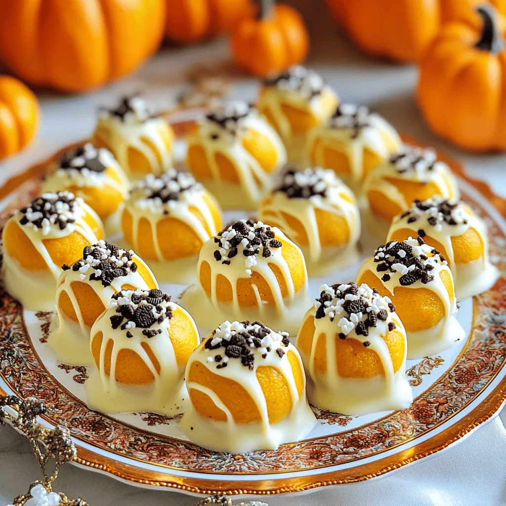 - 1 cup pumpkin puree - 1 package (14.3 oz) Oreo cookies, finely crushed - 1 teaspoon pumpkin pie spice - 8 oz cream cheese, softened - 1 cup white chocolate chips - 1 tablespoon coconut oil (optional, for dipping) - Extra crushed Oreo cookies for garnish When making Pumpkin Oreo Truffles, gather these simple ingredients first. Pumpkin puree gives a cozy flavor. Finely crushed Oreos add a sweet crunch. Pumpkin pie spice brings warmth and aroma. Softened cream cheese binds it all together, making it rich. White chocolate chips create a smooth coating. Use coconut oil if you want a shiny finish on your truffles. Don't forget the extra crushed Oreos for garnish; they add a nice touch! - Mixing bowl - Baking sheet - Microwave-safe bowl - Fork For this recipe, you will need a few tools. A mixing bowl helps combine the ingredients smoothly. A baking sheet is great for setting the truffles. Use a microwave-safe bowl to melt the chocolate safely. A fork makes it easy to dip the truffles in chocolate without making a mess. Having these tools ready will keep your kitchen organized and your truffle-making fun! First, grab a large mixing bowl. In this bowl, combine the *pumpkin puree*, *cream cheese*, *crushed Oreos*, and *pumpkin pie spice*. Mix these ingredients well until they form a smooth blend. You want to ensure everything is evenly mixed. Next, take a tablespoon of the mixture. Use your hands to roll it into a ball shape. This should be easy if the mixture is well combined. Place each truffle on a lined baking sheet. Repeat this process until all the mixture is shaped into truffles. After shaping the truffles, it's time to freeze them. Place the baking sheet in the freezer for at least 30 minutes. This helps the truffles set up firmly, making them easier to coat. While they freeze, melt the *white chocolate chips* and *coconut oil* together. Use a microwave-safe bowl and heat in 30-second intervals. Stir in between until the chocolate is fully melted and smooth. Now, take each frozen truffle and dip it into the melted white chocolate. Use a fork to coat each truffle completely. Allow any excess chocolate to drip off before placing the truffles back on the baking sheet. Once all the truffles are coated, sprinkle some *crushed Oreo cookies* on top. Do this while the chocolate is still wet so it sticks well. After that, refrigerate the truffles for another 15 to 20 minutes. This will help the chocolate firm up nicely before you serve them. To make your Pumpkin Oreo Truffles great, focus on mixing. Ensure the mixture is well combined for easy shaping. I find that a thorough mix helps the truffles hold together. If it feels too crumbly, add a bit more cream cheese. When you shape the truffles, use chilled hands. This keeps the mixture from sticking and helps you roll smoother truffles. If your hands get warm, just rinse them under cold water. I love to play with flavors. Experiment with different spices like cinnamon or nutmeg. These spices can add warmth and depth to your truffles. You can also add mini chocolate chips for an extra treat. They add a nice crunch and a burst of chocolate flavor. Just mix them in with your other ingredients before rolling. {{image_2}} You can get creative with the coating of your Pumpkin Oreo Truffles. Here are some fun ideas: - Use dark chocolate or milk chocolate: This switch gives a rich flavor. Just melt it like you did with the white chocolate. - Colorful sprinkles: Add some fun with sprinkles! They look great and taste awesome. - Different crushed cookies: Try using crushed graham crackers or even candy bars. They can add a nice twist. If you want to change the recipe for special diets, it’s easy! Here are some options: - Vegan version: Use dairy-free cream cheese. It works great and keeps the truffles creamy. - Gluten-free option: You can swap regular Oreos with gluten-free Oreos. They taste just as good! Feel free to mix and match these ideas for your own tasty truffles! To keep your Pumpkin Oreo Truffles fresh, store them in an airtight container in the refrigerator. This prevents them from drying out and helps maintain their creamy texture. You can enjoy these treats for up to one week when stored properly. If you want to save some for later, you can freeze the truffles. They last for up to three months in the freezer. Just make sure to place them in a freezer-safe container. When you are ready to eat them, thaw the truffles in the refrigerator. This way, they will be just as tasty as when you first made them! What can I substitute for cream cheese? If you want to swap out cream cheese, try using Greek yogurt. It gives a nice tang and keeps the texture creamy. You can also use vegan cream cheese if you want a dairy-free option. Just make sure it softens well before mixing. How do I know when the truffles are fully set? You can tell the truffles are set when they feel firm to the touch. After freezing for 30 minutes, they should hold their shape. If you want to be sure, check one by taking it out and seeing if it holds up well. They should not be squishy. What drinks pair well with Pumpkin Oreo Truffles? These sweet truffles go great with warm drinks. Try pairing them with spiced apple cider or a rich hot chocolate. Coffee lovers can enjoy them with a nice cup of pumpkin spice latte, too. Each drink enhances the truffle's flavors. How can I serve these truffles at a party? For a party, place the truffles on a fun, festive plate. You can drizzle some melted white chocolate over them for style. Add mini pumpkins or fall leaves around the plate for decoration. This makes for an eye-catching display that guests will love! To recap the steps for making these tasty truffles: - Mix pumpkin puree, cream cheese, crushed Oreo cookies, and pumpkin pie spice in a bowl. - Roll the mixture into small balls and place them on a baking sheet. - Freeze for 30 minutes to firm them up. - Melt white chocolate chips and coconut oil in a bowl. - Dip each truffle in the melted chocolate and let excess drip off. - Garnish with crushed Oreos right after dipping. - Chill for another 15-20 minutes before serving. Enjoy making these easy and delicious Pumpkin Oreo Truffles! You learned how to make Pumpkin Oreo Truffles from scratch. We covered the key ingredients, tools, and steps needed. Tips for perfect truffles helped enhance your skills. Variations added fun twists, and we shared storage info for lasting freshness. Now, it's your turn to enjoy these treats and impress your friends. With simple ingredients and easy steps, you can create a tasty dessert. Happy truffle-making!