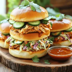 For these tasty sandwiches, gather these main items: - 2 lbs boneless, skinless chicken thighs - 1 tablespoon olive oil - 1 small onion, finely chopped - 3 cloves garlic, minced - 1 cup sweet chili sauce - 1 tablespoon soy sauce - 1 tablespoon rice vinegar - 1 teaspoon ground ginger - Salt and pepper to taste - 4-6 burger buns These ingredients blend to create a sweet, zesty sauce. The chicken thighs stay juicy and tender, perfect for shredding. To make your sandwiches even better, try these toppings: - Coleslaw - Sliced cucumbers - Fresh cilantro leaves Coleslaw adds crunch and creaminess. Sliced cucumbers provide a cool bite. Fresh cilantro brings a bright flavor. You will need some basic tools: - A large skillet - A mixing bowl - Two forks for shredding - A wooden platter for serving These tools help you cook and serve the pulled chicken easily. Start by heating one tablespoon of olive oil in a large skillet over medium heat. Add one small onion, finely chopped, and cook it until it turns soft and clear. This should take about five minutes. Next, add three minced garlic cloves to the pan. Cook them for another minute until they smell great. Now, place two pounds of boneless, skinless chicken thighs in the skillet. Season the chicken with salt and pepper to taste. In a separate bowl, mix together one cup of sweet chili sauce, one tablespoon of soy sauce, one tablespoon of rice vinegar, and one teaspoon of ground ginger. Pour this sauce over the chicken in the skillet. Cover the skillet and let it simmer on low heat for thirty to forty minutes. This will make the chicken tender and flavorful. Once the chicken is cooked through, take it out of the skillet. Use two forks to shred the chicken into bite-sized pieces. This part is fun! After shredding, return the chicken to the skillet. Stir it well into the sauce. Let it simmer for another five minutes. This helps the chicken soak up all the yummy flavors. While the chicken simmers, toast four to six burger buns until they are golden brown. For a tasty sandwich, start with the bottom half of the bun. Place a generous portion of the sweet chili pulled chicken on it. If you want, add some coleslaw and sliced cucumbers on top. Fresh cilantro leaves can also add a nice touch. Finally, place the top half of the bun on your sandwich. Enjoy your meal! To get the best texture for your pulled chicken, choose boneless, skinless chicken thighs. They stay juicy and shred easily. Cook them low and slow. This method helps break down the meat fibers, making it tender. After shredding, mix the chicken with the sauce. Let it soak in the flavors for a few minutes. This extra time makes a big difference! Cooking chicken thighs takes about 30-40 minutes on low heat. Be sure to cover the skillet to keep the moisture in. Always check for doneness with a meat thermometer. The inside should reach 165°F. If it isn't done, let it simmer a bit longer. You want it tender and easy to pull apart. To make your sandwiches pop, add toppings like coleslaw or sliced cucumbers. The crunch of coleslaw adds texture, while cucumbers give a refreshing bite. Fresh cilantro leaves bring a nice herb flavor. For a fun twist, serve extra sweet chili sauce on the side for dipping. This can enhance the meal and keep it fun! {{image_2}} You can swap chicken for other meats. Pork works great for pulled sandwiches. Use pork shoulder for a juicy bite. Beef brisket is another option. Shred it after cooking. For a lighter choice, try turkey. It absorbs flavors well and stays moist. If you like heat, add fresh chili peppers. Sliced jalapeños or serranos give a nice kick. You can also mix in sriracha for a spicy boost. Try adding a splash of lime juice for tang. For a different flavor, use pineapple juice in the sauce. It adds sweetness and depth. While burger buns are classic, you can get creative. Use ciabatta rolls for a crispy edge. Brioche buns add a rich flavor and softness. If you want a healthier option, try whole grain bread. Lettuce wraps are great for a low-carb choice. They keep everything fresh and light. You can store leftover pulled chicken in the fridge. Place it in an airtight container. It will stay fresh for up to three days. Label the container with the date. This way, you won’t forget it. To reheat, simply add the pulled chicken to a skillet. Warm it over medium heat. Stir it gently until hot. This will take about five to seven minutes. You can also microwave it. Use a microwave-safe dish and cover it. Heat in short bursts of about one minute. Stir in between to ensure even heating. If you want to keep it longer, freezing is a great option. Let the chicken cool completely before freezing. Then, place it in a freezer bag. Remove as much air as you can. It will last up to three months in the freezer. When ready to eat, thaw it overnight in the fridge. Then, reheat as mentioned above. Enjoy your easy meal anytime! Yes, you can use chicken breast instead of thighs. Chicken breast is leaner and cooks faster. It may be less juicy than thighs. If you prefer a drier texture, use breast meat. For a more tender bite, stick with thighs. Both options work well with sweet chili sauce. Making the sauce from scratch is easy! Combine these ingredients in a bowl: - 1 cup sweet chili sauce - 1 tablespoon soy sauce - 1 tablespoon rice vinegar - 1 teaspoon ground ginger Mix them well. This gives you a sweet and tangy sauce. You can adjust the flavors as needed. Add more ginger for spice or a bit of sugar for extra sweetness. Sweet chili pulled chicken sandwiches go well with many sides. Here are some great ideas: - Coleslaw adds crunch and freshness. - Sweet potato fries give a nice sweetness. - A simple green salad is light and refreshing. - Pickles add a tangy contrast. - Chips or wedges offer a fun crunch. Choose sides that balance the sweetness of the chicken. You learned how to make sweet chili pulled chicken, from ingredients to storage tips. Using chicken thighs with sweet chili sauce creates rich flavor. Feel free to experiment with proteins and tweaks to the recipe. Remember, your choices, like toppings and sides, can make a big difference. Don’t forget about storage options for leftovers, so nothing goes to waste. Enjoy your delicious creation and share it with friends and family for a great meal.