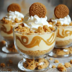 To make these tasty cheesecake cups, you need a few key items. Here’s what you will need: - 200g Biscoff cookies, crushed - 100g unsalted butter, melted - 400g cream cheese, softened - 200ml heavy whipping cream - 100g powdered sugar - 100g Biscoff spread - 1 teaspoon vanilla extract - A pinch of salt - Extra Biscoff cookies for topping These ingredients create a rich, creamy treat. The Biscoff cookies give a nice crunch. The cream cheese and heavy cream make it smooth and fluffy. You can make your cheesecake cups even better with some fun toppings. Here are some ideas: - Crushed Biscoff cookies for extra crunch - Chocolate shavings or drizzle for a sweet touch - Fresh fruit like berries for a pop of color - Whipped cream for a fluffy finish Using these toppings can make your dessert look stunning. They also add fun flavors. Sometimes you may not have all the ingredients. Here are some swaps you can try: - Use graham crackers instead of Biscoff cookies for the base. - Swap the cream cheese for mascarpone for a different taste. - Try coconut cream instead of heavy whipping cream for a dairy-free option. - Maple syrup can replace powdered sugar for a natural sweetener. These substitutions let you enjoy the cheesecake cups in new ways. You can make it your own! First, take 200g of Biscoff cookies and crush them finely. You can use a food processor or put them in a bag and smash them with a rolling pin. Then, melt 100g of unsalted butter. In a mixing bowl, combine the crushed cookies and melted butter. Mix them well until the cookies are coated. This mixture will be the base for your cheesecake cups. Next, divide the cookie mixture evenly into your serving cups. Press it down gently to form a flat layer. Now, place the cups in the fridge for about 15 minutes to help them set. In a large bowl, take 400g of softened cream cheese. Use an electric mixer to beat it until it is creamy and smooth. Next, add 200ml of heavy whipping cream, 100g of powdered sugar, 100g of Biscoff spread, 1 teaspoon of vanilla extract, and a pinch of salt. Start mixing on low speed until all ingredients are combined. After that, increase the speed to high and whip it for 3-4 minutes. This step will make your filling light and fluffy. Take the cups out of the fridge. Spoon the cheesecake filling on top of the cookie base in each cup. Fill them halfway, leaving some space at the top. Then, take extra Biscoff spread and add dollops on top of each cheesecake layer. Use a toothpick to swirl the Biscoff spread lightly for a marbled look. It adds a nice touch to your dessert. Now, cover the cups with plastic wrap and place them in the fridge. Let them chill for at least 4 hours, or until they are set. This step is key for the texture. Before serving, crumble extra Biscoff cookies on top for garnish. Serve them chilled and enjoy this delightful treat! To get a great cheesecake texture, start with room-temperature cream cheese. This helps it mix well. Beat it until smooth and creamy. Then, add the heavy whipping cream slowly. Whip the mixture until it’s light and fluffy. This will give you that dreamy, rich texture. Remember, if it's too dense, it won’t set right. Crumbling Biscoff cookies can be fun! Place them in a zip-top bag and crush them with a rolling pin. You want fine crumbs, not chunks. If you prefer, you can use a food processor for a quicker method. Just pulse until you reach the right size. Make sure to mix the crumbs well with melted butter for a tasty base. For extra flavor, try adding a dollop of Biscoff spread on top before serving. You can also sprinkle some crushed cookies for a crunchy finish. For a twist, drizzle melted chocolate or caramel sauce over the top. This adds flavor and makes it look fancy. Serve chilled, and enjoy every creamy bite! {{image_2}} You can switch up the flavors in your cheesecake cups. Instead of Biscoff spread, try using Nutella or peanut butter. These choices add a unique twist. You can also mix in fruit purees or chocolate for added taste. Imagine the creamy filling with strawberry or caramel flavors! It’s a fun way to make this dessert your own. While Biscoff cookies make a great base, other cookies work well too. You can use Oreos for a classic flavor. Graham crackers are another great option. They give a nice, crunchy texture. For a healthier twist, try using crushed almonds or oats. Each crust brings its own special touch to the dessert. You can make these cheesecake cups vegan or dairy-free with some easy swaps. Use vegan cream cheese and coconut cream instead of regular cream cheese and heavy cream. For the Biscoff spread, check for dairy-free brands. The cookie crust can be made with vegan cookies. This way, everyone can enjoy a delicious treat! To keep your No-Bake Biscoff Cheesecake Cups fresh, store them in the fridge. Use airtight containers or cover the cups with plastic wrap. This helps prevent any odors from the fridge affecting the flavor. Make sure they stay cool until you're ready to serve. You can freeze these cheesecake cups if you want to save some for later. First, let the cups chill in the fridge for at least four hours. Then, place them in the freezer. Wrap each cup in plastic wrap or foil. This keeps them fresh and prevents freezer burn. When you're ready to enjoy them, move the cups to the fridge for a few hours to thaw. These cheesecake cups stay fresh in the fridge for about 4-5 days. If you freeze them, they can last up to a month. Keep an eye on them. If you notice any changes in smell or color, it’s best to toss them. For the best taste and texture, enjoy them within the first few days after making. You will know the cheesecake cups are set when they feel firm to the touch. After chilling for at least four hours, gently press the top. If it holds its shape, it’s ready. You can also check if the filling is no longer jiggly. The top should look smooth and slightly glossy. Yes, you can use other cookies! Graham crackers or Oreo cookies work well as substitutes. Each cookie will give a different flavor. Choose a cookie you enjoy, and crush it into fine crumbs for the base. If you need a substitute, try using coconut cream or whipped coconut milk. Both options give a creamy texture. You can also use a non-dairy whipping cream for a vegan option. Just make sure it can whip up nicely. You can store leftovers in the fridge for up to three days. Keep them covered to prevent drying out. If you want to keep them longer, you can freeze them for up to a month. Just thaw them in the fridge before serving. You now know all about making no-bake Biscoff cheesecake cups. From choosing key ingredients to optional garnishes, you can create a delicious treat. I shared tips to make your cheesecake perfect and variations to suit your taste. Remember, proper storage can keep them fresh longer. Enjoy making these easy desserts, and don’t hesitate to experiment with flavors and crusts. Your baking journey can be fun and rewarding with these simple steps!