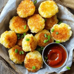 - 2 cups mashed potatoes (prepared, preferably chilled) - 1 cup shredded cheddar cheese - 1/2 cup grated Parmesan cheese - 1/4 cup green onions, finely chopped - 1/2 teaspoon garlic powder - 1/2 teaspoon onion powder - Salt and pepper to taste - 2 large eggs, beaten - 1 cup breadcrumbs (preferably panko for extra crunch) - Oil for frying To make these crispy bites, start with mashed potatoes. They should be chilled for the best texture. Mixing in cheddar and Parmesan gives a rich cheese flavor. The green onions add some freshness. Garlic and onion powders give depth to the taste. Adjust salt and pepper to your liking. Next, you need binding and coating ingredients. Eggs help the breadcrumbs stick to the mixture. Breadcrumbs give that awesome crunch. Panko is best for extra crispiness. Finally, oil is key for frying. It should be hot enough to create a golden crust. In a large mixing bowl, combine the chilled mashed potatoes, shredded cheddar cheese, grated Parmesan cheese, green onions, garlic powder, onion powder, salt, and pepper. Mix well until all ingredients are fully incorporated. You want the mixture to be smooth and even. This helps each bite have a consistent flavor. Next, use your hands to shape the mixture into small round balls, about 1 inch in diameter. This size is perfect for popping into your mouth. Place the balls on a plate or baking sheet. If the mixture feels too sticky, dampen your hands slightly to make shaping easier. Now, set up your breading station. Place the breadcrumbs in a shallow dish and the beaten eggs in another. Dip each potato ball into the beaten egg first. Make sure it is fully coated. Then, roll it in the breadcrumbs until covered. This step gives your bites a tasty, crunchy outer layer. Heat oil in a deep skillet or frying pan over medium heat. The oil needs to be around 350°F or 175°C. Once hot, carefully add a few potato bites at a time. Don't overcrowd the pan; this helps them fry evenly. Fry for about 3-4 minutes on each side, until they are golden brown and crispy. Use a slotted spoon to remove them from the oil. Place the bites on a paper towel-lined plate to drain any excess oil. Enjoy these warm as a delightful snack! To get that crispy exterior, use panko breadcrumbs. They add more crunch than regular ones. Make sure the oil is hot enough before frying. This helps create a golden crust. I recommend heating the oil to about 350°F. Adjust seasonings to your taste. If you love garlic, add more garlic powder. Like it spicy? A pinch of cayenne pepper can kick it up a notch. Always taste the mixture before frying to ensure the flavors pop. For dips, spicy ketchup or ranch dressing pairs well. These dips add a nice contrast to the cheesy bites. You can also try a creamy aioli for a gourmet touch. Presentation can elevate your snack. Serve the bites in a basket lined with parchment paper. Sprinkle extra chopped green onions on top for color. This makes them look great for parties. One big mistake is overcrowding the pan. When you add too many bites, they steam instead of fry. This leads to soggy bites instead of crispy ones. Also, don’t skip letting the oil heat enough. If the oil is cold, the bites will absorb too much oil. They’ll become greasy and lose their crunchy appeal. Always check the temperature with a food thermometer for the best results. {{image_2}} You can easily make these bites unique by adding spices or herbs. Try adding: - 1 teaspoon paprika for a smoky taste - 1 teaspoon Italian seasoning for a fresh flavor Feel free to mix and match to suit your taste. You might also swap out the cheese. Instead of cheddar, use mozzarella for a gooey center. Or try feta for a tangy kick. You can even mix different cheeses together for a flavor explosion. If you want a lighter option, you can bake these bites instead of frying. Preheat your oven to 400°F (200°C). Place the breaded bites on a baking sheet lined with parchment paper. Bake them for about 20-25 minutes or until golden brown. This method cuts down on oil and calories. Another great option is using an air fryer. Set it to 375°F (190°C) and cook the bites for about 12-15 minutes. Shake the basket halfway through for even cooking. The air fryer gives you that crispy texture without all the oil. To keep your crispy mashed potato cheese bites fresh, store them right. Place any leftovers in an airtight container. This helps to keep moisture away. You can keep them in the fridge for up to three days. After that, they may lose their crispiness. Reheating these bites can be tricky. You want to keep them crispy. The best method is to use an oven. Preheat the oven to 375°F (190°C). Place the bites on a baking sheet and heat them for about 10 minutes. This keeps the outside crunchy. You can use a microwave, but they may get soggy. If you must use a microwave, heat them in short bursts. Check every 30 seconds until warm. Remember, this may not keep them crispy. Yes, you can prepare these bites ahead of time. Make the mixture and form the balls. Place them on a plate and cover with plastic wrap. You can store them in the fridge for up to 24 hours. This keeps them fresh and ready for frying. If you want to freeze them, lay them on a baking sheet first. Once frozen, transfer them to a freezer bag. They can last up to three months in the freezer. If you run out of breadcrumbs, don’t worry! You can use crushed crackers or cornflakes. Both options give a nice crunch. For a gluten-free choice, try ground almonds or gluten-free breadcrumbs. These substitutes work well and keep the bites crispy and tasty. You can tell the bites are done when they turn golden brown. It usually takes about 3-4 minutes on each side. Use a slotted spoon to check one. If it feels firm and crispy, it’s ready! The inside should be warm and cheesy. Enjoy your delicious bites! Crispy mashed potato cheese bites are a fun and tasty treat. You blend mashed potatoes, cheese, and seasonings, then shape and fry them. Follow the steps for mixing, forming, and frying, and you’ll get a perfect result. Remember, perfect texture comes from tips like proper oil temperature and avoiding overcrowding. Try different flavors and cooking methods like air frying. Store leftovers the right way for tasty bites later. With these ideas, you can impress at any gathering. Enjoy making these bites!