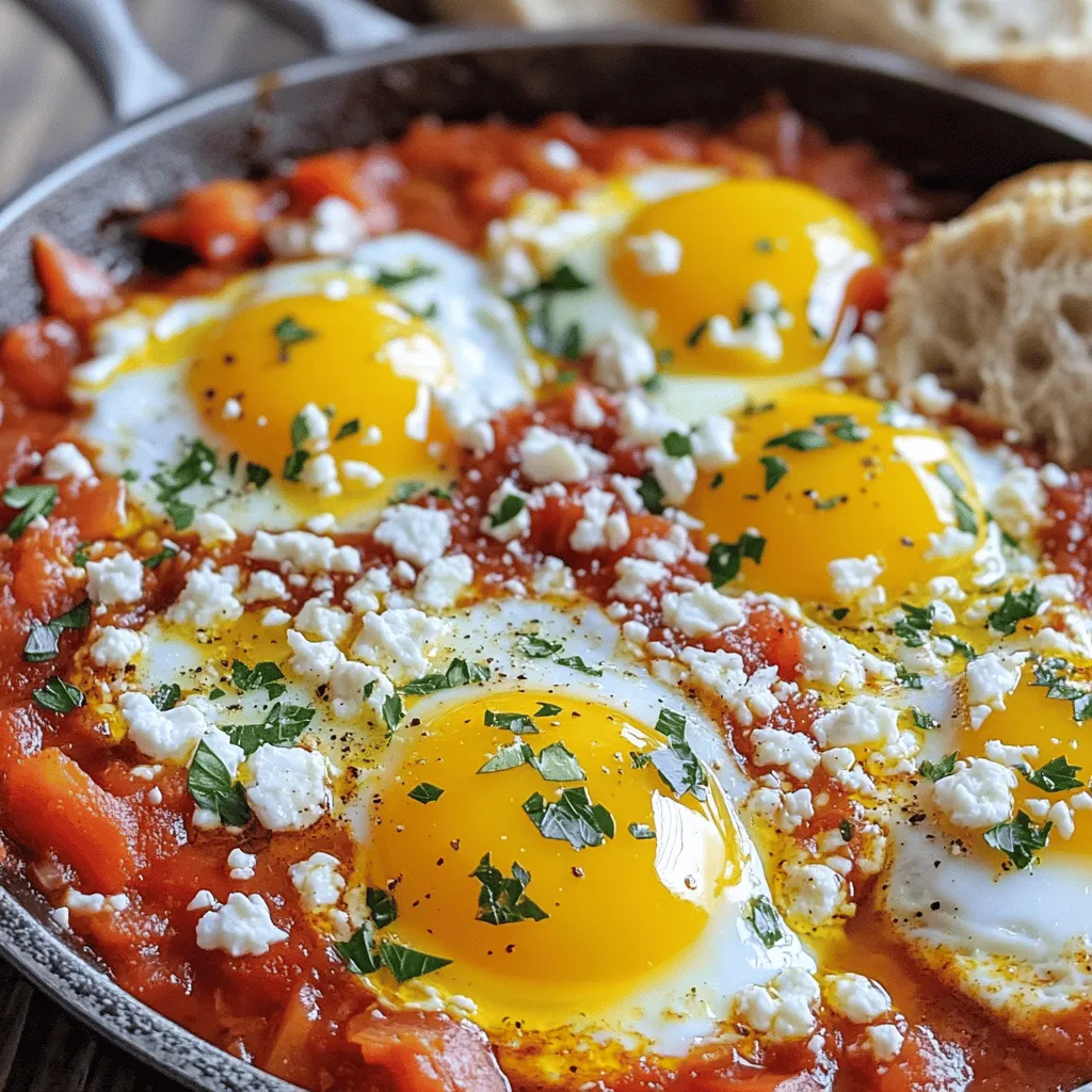 To make easy skillet shakshuka, gather these key items: - 2 tablespoons olive oil - 1 medium onion, finely chopped - 2 garlic cloves, minced - 1 red bell pepper, diced - 1 teaspoon ground cumin - 1 teaspoon paprika - 1 can (14 oz) crushed tomatoes - Salt and pepper to taste - 4 large eggs - Fresh parsley, chopped for garnish You can enhance your shakshuka with these extras: - Feta cheese, crumbled - Crusty bread, for serving Adding feta gives a nice, creamy touch. The bread is perfect for dipping, too. To cook your shakshuka, use these tools: - A large skillet - A wooden spoon - A lid for the skillet These tools make cooking easy. A skillet helps keep the flavors in one place. A lid helps the eggs cook just right. To start, gather your ingredients. You will need: - 2 tablespoons olive oil - 1 medium onion, finely chopped - 2 garlic cloves, minced - 1 red bell pepper, diced - 1 teaspoon ground cumin - 1 teaspoon paprika - 1 can (14 oz) crushed tomatoes - Salt and pepper to taste - 4 large eggs - Fresh parsley, chopped for garnish - Feta cheese, crumbled (optional) - Crusty bread, for serving Chop the onion and garlic. Dice the red bell pepper. This step makes cooking easier. Heat the olive oil in a large skillet over medium heat. Add the chopped onion. Cook it for about 5 minutes. You want it to be soft and clear. Next, stir in the minced garlic and diced red bell pepper. Cook this mix for 3-4 minutes. The pepper should be tender and the garlic fragrant. Now, sprinkle in the ground cumin and paprika. Stir well to coat the veggies with the spices. Cook for another minute. This brings out the flavors. Pour in the crushed tomatoes. Add salt and pepper to taste. Stir to mix everything. Let the mixture simmer for 10-12 minutes. You want it to thicken a bit. Make small wells in the sauce using a spoon. Crack an egg into each well. Cover the skillet. Cook until the egg whites set, about 6-8 minutes. The yolks should remain runny. Once done, remove the skillet from heat. Top with chopped parsley and crumbled feta, if you like. Serve the shakshuka hot from the skillet. Pair it with crusty bread for dipping. Enjoy the rich flavors and warm spices of this dish! To get the best eggs, you need to cook them just right. Aim for soft, runny yolks. When you crack the eggs into the sauce, cover the skillet. This helps steam the eggs. Check them after 6 minutes. If the whites are set and the yolks are wobbly, they are ready. Don’t be shy about spices! You can add more flavors to your shakshuka. Consider adding chili powder for heat or smoked paprika for depth. You might try olives or capers for a briny kick. Fresh herbs like cilantro or dill can also brighten the dish. Taste as you go, and adjust to your liking. Serve your shakshuka hot from the skillet. This makes it feel fresh and inviting. Pair it with crusty bread for dipping. A drizzle of olive oil on top adds a nice touch. Feta cheese gives a creamy contrast, but it’s optional. You can also add a side salad for freshness. Enjoy your meal with friends or family! {{image_2}} To make shakshuka vegan, swap the eggs for tofu. Use firm tofu and crumble it into the sauce. Cook it until warm, about 5 minutes. You can also add chickpeas for protein. They add a nice texture and flavor. A splash of nutritional yeast gives a cheesy taste without dairy. If you love heat, add chopped jalapeños or red pepper flakes. You can mix in a dash of hot sauce for extra kick. Adjust the spice level to your liking. Just be careful not to overpower the dish. Remember, balance is key in cooking! Toppings can transform your shakshuka. Try adding fresh herbs, like cilantro or basil, for freshness. Crumbled feta adds creaminess. Avocado slices offer richness, too. For a unique twist, drizzle tahini on top. It adds a nutty flavor that pairs well with the tomatoes. To store leftover shakshuka, let it cool first. Then, place it in an airtight container. Keep it in the fridge for up to three days. Make sure to cover the eggs gently to avoid breaking the yolks. When reheating, use a skillet for best results. Heat on low to avoid overcooking the eggs. Stir gently to warm the sauce without breaking the yolks. You can also microwave it for about one minute. Cover it with a paper towel to prevent splatters. You can freeze shakshuka, but it’s best to do so without the eggs. Store the sauce in an airtight container. It can last for up to three months in the freezer. When ready to eat, thaw it overnight in the fridge. Then, cook fresh eggs right before serving. This keeps the eggs tender and delicious. Shakshuka is a tasty dish from North Africa and the Middle East. It features eggs cooked in a spicy tomato sauce. The dish is warm, comforting, and full of flavor. You can add spices like cumin and paprika to boost the taste. It’s often served with crusty bread to soak up the sauce. This dish is great for breakfast, lunch, or dinner! Yes, you can! Shakshuka is flexible with veggies. Try adding spinach, zucchini, or mushrooms. Each vegetable will give the dish a unique twist. Just chop them up, and sauté them with the onion and bell pepper. This way, you keep the rich and savory base while adding new flavors. Feel free to experiment based on what you have at home. Serve shakshuka straight from the skillet for a fun look. It looks great with sunny eggs on top. Use a sprinkle of fresh parsley and feta for color. Pair it with crusty bread for dipping. This makes each bite even more delicious. You can also add a drizzle of olive oil to enhance the flavors. Your guests will love this warm, inviting meal. You now understand the key ingredients, preparation steps, and tips for making Shakshuka. Remember to experiment with flavors and toppings to find your perfect dish. Consider vegan options or add spice for a kick. Storing leftovers is a breeze, so make extra to enjoy later. With these steps, you can create this tasty, comforting meal anytime. Dive in, share with loved ones, and enjoy every bite!
