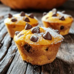 - 1 cup canned pumpkin puree - 1/2 cup vegetable oil - 3/4 cup brown sugar - 1/2 cup granulated sugar - 2 large eggs - 1 teaspoon vanilla extract - 1 1/2 cups all-purpose flour - 1 teaspoon baking soda - 1/2 teaspoon baking powder - 1 teaspoon ground cinnamon - 1/2 teaspoon ground nutmeg - 1/4 teaspoon ground ginger - 1/2 teaspoon salt - 1 cup chocolate chips (semisweet or dark) To get the best results, measure your ingredients carefully. Here’s how: - Flour: Use a spoon to fluff up the flour in your bag. Then, spoon it into a measuring cup. Level it off with a knife. This method keeps your muffins light. - Sugars: For brown sugar, pack it firmly into the measuring cup. Granulated sugar can be scooped and leveled off like flour. For canned pumpkin puree, I like to use Libby's; it has great flavor. For chocolate chips, Ghirardelli or Nestle are tasty choices. They melt well and mix nicely in the batter. 1. Preheat your oven to 350°F (175°C). This step is key for even baking. 2. Prepare your muffin tin. Line it with paper liners or lightly grease each cup. This helps with easy removal later. 3. In a large bowl, mix the wet ingredients. Combine 1 cup of pumpkin puree, 1/2 cup of vegetable oil, 3/4 cup of brown sugar, 1/2 cup of granulated sugar, 2 eggs, and 1 teaspoon of vanilla extract. Stir until smooth and creamy. 4. In another bowl, whisk together the dry ingredients. Use 1 1/2 cups of all-purpose flour, 1 teaspoon of baking soda, 1/2 teaspoon of baking powder, 1 teaspoon of ground cinnamon, 1/2 teaspoon of ground nutmeg, 1/4 teaspoon of ground ginger, and 1/2 teaspoon of salt. This ensures even distribution of flavors. When you mix the wet and dry ingredients, be careful. Gradually add the dry mix to the wet mix. Stir until just combined. You want to avoid overmixing the batter. Small lumps are fine. Overmixing can make your muffins tough. Add 1 cup of chocolate chips gently into the batter. Fold them in to keep the batter light and fluffy. Now it’s time to bake! Divide the batter evenly in the muffin cups, filling each about 2/3 full. Bake in your preheated oven for 18 to 20 minutes. To check if they are done, insert a toothpick into the center of a muffin. If it comes out clean, they are ready. Let the muffins cool in the pan for 5 minutes. After that, transfer them to a wire rack to cool completely. Enjoy the aroma filling your kitchen! To make moist muffins, always measure your ingredients correctly. Too much flour can dry them out. I recommend using the spoon and level method for measuring flour. This means spooning flour into your measuring cup and leveling it off with a knife. Use the middle rack of the oven for even heat. This placement helps the muffins rise nicely without burning the tops. Always preheat your oven to 350°F (175°C) before baking. A hot oven is key for a great rise. To boost flavor, try adding spices. Cinnamon, nutmeg, and ginger are perfect choices. You can also add a pinch of cloves for warmth. If you want to mix it up, consider adding chopped nuts or dried fruits. Walnuts or cranberries add great texture and taste. If you want a different sweetness, you can swap brown sugar for maple syrup or honey. This will change the flavor slightly but add a nice twist. For a fun twist, use dark chocolate chips or even white chocolate for a sweeter bite. {{image_2}} If you want to make gluten-free muffins, you can use specific flour blends. Look for blends that include rice flour, almond flour, or oat flour. These blends give a great taste. They also provide good texture. A ratio of 1:1 gluten-free flour to all-purpose flour works well. Brands like Bob's Red Mill or King Arthur Flour make excellent options. To make these muffins vegan, you can swap out eggs for flaxseed meal. Mix one tablespoon of flaxseed meal with three tablespoons of water. Let it sit for five minutes to thicken. You can also use applesauce or mashed bananas as substitutes. Use 1/4 cup of either for one egg. For milk, try almond milk or oat milk in place of regular milk. You can customize your muffins in many fun ways. Try different types of chocolate chips like white, dark, or even peanut butter chips. You can also add flavor extracts, such as almond or orange. This adds a unique twist. Nuts, dried fruits, or seeds can also be mixed in for extra flavor and texture. To keep your pumpkin chocolate chip muffins fresh, store them in an airtight container. This helps keep them moist. Place a piece of parchment paper or a paper towel inside. It absorbs extra moisture and prevents sogginess. Store the muffins at room temperature for up to three days. If the weather is warm, try the fridge. Freezing muffins is easy and keeps them tasty. First, let the muffins cool completely. Then, wrap each muffin in plastic wrap. For extra protection, place them in a freezer bag or container. When you're ready to enjoy, simply take a muffin out. You can thaw it in the fridge overnight or microwave it for a few seconds. At room temperature, your muffins will stay fresh for about three days. In the fridge, they last about a week. If you freeze them, they can last up to three months. Always check for any signs of spoilage before eating. Fresh muffins should look and smell good, so use your senses! Can I substitute pumpkin puree with fresh pumpkin? Yes, you can use fresh pumpkin. First, cook the pumpkin until soft. Then, mash it until smooth. This can change the texture a bit, but it will taste great. How do I know when my muffins are done baking? You can test the muffins with a toothpick. Insert it in the center of a muffin. If it comes out clean, your muffins are ready. They should also look golden brown on top. What can I use instead of eggs in this recipe? You can use applesauce or mashed banana as an egg substitute. Use 1/4 cup of either for each egg. This will keep your muffins moist and tasty. Can I make the batter ahead of time? Yes, you can make the batter ahead. Store it in the fridge for up to 24 hours. Just stir it again before you bake to mix everything well. Why are my muffins sinking in the middle? Muffins sink when they are overmixed or if the oven temperature is too low. Be gentle when mixing and check your oven’s heat. This will help keep them nice and fluffy. This article covers everything you need to make delicious pumpkin chocolate chip muffins. We discussed key ingredients and offered measuring tips, so you can achieve perfect results. I shared step-by-step instructions for mixing and baking, plus tips for moist muffins and flavor enhancements. You also learned about gluten-free and vegan options, along with storage techniques. Baking muffins is fun and rewarding. With practice, you’ll master this tasty treat and impress everyone. Enjoy your baking journey!