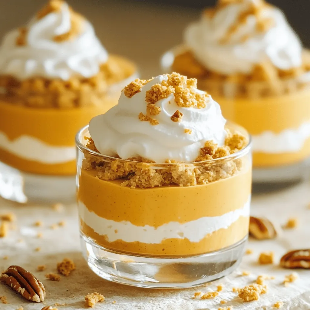 - 1 cup pumpkin puree - 8 oz cream cheese, softened - 1/2 cup powdered sugar - 1 teaspoon vanilla extract - 1 teaspoon pumpkin pie spice - 1 cup heavy whipping cream - 1/4 cup crushed graham crackers for topping - Whipped cream for garnish - Optional: chopped pecans for extra crunch Each ingredient plays a key role in the taste and texture. If you want, you can change some items. For example, you can swap cream cheese with ricotta for a lighter feel. You can also use maple syrup instead of powdered sugar for a different sweetness. Just keep the same amounts for balance. This keeps the mousse rich and tasty. Choosing fresh ingredients is vital for great flavor. Here’s what I recommend: - Pumpkin puree: Look for pure pumpkin, not pumpkin pie filling. Check the can label for quality. - Cream cheese: Softened cream cheese makes mixing easier. Choose a full-fat brand for a creamy texture. - Heavy cream: Use heavy whipping cream for the best volume when whipped. Make sure it’s fresh. - Spices: Fresh spices make a big difference. Choose jars with clear dates. If possible, buy whole spices and grind them yourself. These tips help ensure your pumpkin cheesecake mousse cups taste amazing. Start by taking your softened cream cheese. Place it in a mixing bowl. Use an electric mixer to beat the cream cheese until it is smooth and creamy. This step is key for a nice texture. Next, add in the pumpkin puree. It brings that lovely fall flavor. Then, sprinkle in the powdered sugar and vanilla extract. The sugar adds sweetness, and the vanilla gives depth. Don't forget the pumpkin pie spice! This spice mix makes it taste like pumpkin pie. Mix everything well until it is fully combined. You want a creamy and uniform base. Now, let's whip the heavy cream. Pour it into a separate bowl. Use a hand mixer or a stand mixer for this. Beat the cream until you see stiff peaks. This means the cream holds its shape well. It should look fluffy and light. This step is important because it adds air to the mousse. A light mousse is what we want! Once it's ready, set it aside for the next step. Now comes the fun part—folding! Take a spatula and scoop some whipped cream into the pumpkin mixture. Gently fold it in. Be careful not to mix too hard; you want to keep the air in the whipped cream. This air makes your mousse light and fluffy. Repeat this process in batches until all the whipped cream is mixed in. Once everything is combined, spoon the mousse into individual cups. Fill them about three-quarters full. This is key because they need room to set. Finally, chill the mousse cups in the fridge for at least two hours. This helps the flavors meld and the mousse to firm up. Enjoy your delicious creation! To get the best texture for your mousse, start with soft cream cheese. Soften it at room temperature for about 30 minutes. Use an electric mixer to beat it until it is smooth and creamy. This step is key to avoid lumps. When you fold in the whipped cream, do it gently. This keeps the mousse light and airy. Make sure to fold in batches. This helps maintain volume and gives a lovely texture. Chilling is crucial for setting your mousse. It allows the flavors to blend and the texture to firm up. After you spoon the mousse into cups, cover them and refrigerate for at least 2 hours. If you can chill them longer, that’s even better. The mousse tastes best when it is cold and set. This makes each bite creamy and delightful. Presentation adds to the fun of dessert. Use clear cups to showcase the beautiful layers. Before serving, sprinkle crushed graham crackers on top for crunch. A dollop of whipped cream adds a nice touch. For extra flavor, add chopped pecans. This gives a nice contrast in texture. Serve these cups on a pretty platter. Your guests will be impressed! {{image_2}} You can change the flavor of your mousse cups easily. Try adding a splash of maple syrup for a sweet twist. You can also mix in some chocolate chips or caramel sauce to add depth. For a spicier kick, consider adding a pinch of cayenne pepper. Each addition brings a new taste to your dessert! If you need a gluten-free version, swap out the graham crackers. Use crushed gluten-free cookies or nuts for the topping. You can also find gluten-free pie crusts to use as a base. This way, everyone can enjoy the treat without worry. To make the mousse dairy-free, use non-dairy cream cheese. Coconut cream works great as a whipped cream alternative. Just chill a can of coconut milk, then scoop out the solid cream. This keeps the mousse creamy and rich without dairy. Use powdered sugar made from coconut or another plant-based sweetener to finish it off. Store your pumpkin cheesecake mousse cups in the fridge. Use an airtight container to keep them fresh. If you have leftovers, cover them well. This way, they will stay tasty for a few days. These mousse cups last about 3 to 4 days in the fridge. After this, the texture might change. To keep them at their best, enjoy them soon after making. If you notice any strange smells or colors, it's best to toss them. You can freeze the mousse cups, but some texture changes may occur. Freeze them in airtight containers. Make sure to leave space for expansion. When you're ready to eat, thaw them in the fridge overnight. Enjoy the yummy flavors, but keep in mind that frozen mousse may not be as smooth. Yes, you can make pumpkin cheesecake mousse cups ahead of time. I recommend making them the day before you plan to serve. This way, the flavors can meld and the mousse will set nicely. Just cover the cups with plastic wrap and chill them in the fridge. They will taste great and save you time on the day of your event. If you want to switch things up, you can use crushed cookies or nuts. Chocolate cookies add a rich flavor, while vanilla wafers give a nice crunch. If you prefer a gluten-free option, try almond flour or gluten-free cookies. These alternatives will still give you that lovely texture and taste on top of your mousse. Yes, there are several alternatives to heavy cream. You can use coconut cream for a dairy-free option. It adds a rich flavor and creamy texture. Another choice is to use whipped coconut milk. For a lighter option, you can try half-and-half or whole milk, but note that the mousse may be less fluffy. Each option will give you a different taste, so feel free to experiment! In this article, I shared how to create delicious pumpkin cheesecake mousse cups. We covered the right ingredients, measurements, and helped you choose fresh items. You learned step-by-step instructions for mixing, whipping, and folding the mousse. I also offered tips for perfect texture, chilling, and serving ideas. Variations included alternative flavors and substitutes for gluten and dairy. Finally, I explained storage options and answered common questions. Enjoy making this treat, and feel free to get creative with your flavors!