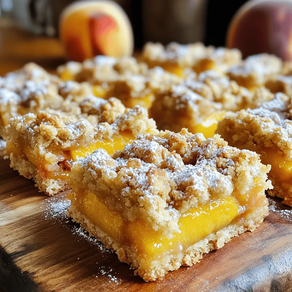To make Peach Crumble Bars, you need fresh peaches. Here’s what you'll need: - 2 cups fresh peaches, peeled and diced - 1 tablespoon lemon juice The peaches add sweetness and flavor. The lemon juice helps keep them fresh and bright. Next, gather the dry ingredients. They create the base and topping. You need: - 1 cup all-purpose flour - 1 cup rolled oats - 1/2 cup packed brown sugar - 1/2 cup granulated sugar - 1/2 teaspoon cinnamon - 1/4 teaspoon salt - 1 tablespoon cornstarch The flour and oats form a great crumble. Sugar adds sweetness, while cinnamon brings warmth. The cornstarch helps thicken the peach filling. Lastly, don’t forget the wet ingredients. They bind everything together. You’ll need: - 1/2 cup unsalted butter, melted - 1 teaspoon vanilla extract The melted butter adds richness. The vanilla gives a lovely aroma and flavor. Together, they make the bars truly delicious. - Preheat the Oven to 350°F (175°C) Start by preheating your oven. This helps everything bake evenly. Grease an 8x8 inch baking dish. You can also line it with parchment paper for easy removal later. - Prepare the Peach Filling In a medium bowl, mix the diced peaches with lemon juice, cornstarch, and 2 tablespoons of granulated sugar. Toss gently to coat. Set this mixture aside. The lemon juice adds a nice zing. - Combine Dry Ingredients In a large bowl, combine the flour, oats, brown sugar, remaining granulated sugar, cinnamon, and salt. Stir this mixture well. It should look fluffy and inviting. - Add Butter and Vanilla Pour in the melted butter and vanilla extract. Mix until the mixture becomes crumbly. It should feel like wet sand. Reserve 1 cup of this mixture for the topping later. - Form the Base Press the remaining mixture firmly into the bottom of the prepared dish. This creates a solid crust. Bake it in the preheated oven for 12-15 minutes. Look for a light golden color. - Layer the Peaches Remove the crust from the oven. Spread the peach filling evenly over the warm crust. Make sure to cover it well. - Add the Crumble Topping Sprinkle the reserved crumble mixture over the peaches. Ensure the peaches are fully covered to create a delicious topping. - Bake Again and Cool Return the dish to the oven. Bake for an additional 25-30 minutes. Look for a golden brown topping and bubbly peaches. Once done, allow the bars to cool in the dish for at least 30 minutes before slicing. Enjoy these sweet treats! Pick ripe peaches for the best flavor. Look for peaches that are soft but not mushy. They should smell sweet. If peaches are not in season, you can use frozen peaches. Just thaw and drain them before use. You can swap some ingredients for healthier choices. Use whole wheat flour instead of all-purpose flour. Replace brown sugar with coconut sugar for a lower glycemic index. For a dairy-free option, use coconut oil instead of butter. Serve Peach Crumble Bars in fun ways. You can cut them into squares or rectangles. Dust them with powdered sugar for a pretty touch. Add fresh mint leaves on top for color. These bars taste great with ice cream or whipped cream. A scoop of vanilla ice cream adds creaminess. Whipped cream gives a light touch. Both make the dessert more special and delightful! {{image_2}} Using Other Seasonal Fruits If you want to mix things up, try using different fruits. You can use ripe berries, apples, or plums. Each fruit gives a unique flavor and texture. Just remember to adjust the sugar based on the fruit's sweetness. For example, berries may need less sugar than peaches. Combining Fruits for Flavor Combining fruits can create exciting tastes. You can mix peaches with blueberries for a sweet and tart combo. Or try adding apples for a crunchy bite. Just ensure you balance flavors. Too much sweetness can overwhelm the dish. Gluten-Free Version To make these bars gluten-free, swap the all-purpose flour with a gluten-free blend. Many brands work well in baking. You can also use almond flour for a nutty taste. Always check the labels to avoid cross-contamination. Vegan Substitutes If you want a vegan version, replace the butter with coconut oil or vegan butter. Use flaxseed meal mixed with water as an egg substitute. This keeps the bars moist and tasty. A simple mix of one tablespoon of flaxseed with three tablespoons of water works well. Let it sit for a few minutes to thicken. How do you store leftover bars? After you cool your peach crumble bars, place them in an airtight container. This keeps the bars fresh and moist. You can also use plastic wrap to cover them tightly. Should you refrigerate or freeze the bars? You can refrigerate the bars for up to a week. This helps maintain their flavor and texture. If you want to keep them longer, freezing is a great option. Wrap each bar in plastic wrap, then place them in a freezer bag. They can last up to three months in the freezer. What is the expected duration of freshness? When stored correctly, peach crumble bars stay fresh in the fridge for about seven days. If frozen, they can last for about three months without losing their taste. What are the signs of spoilage? Look for mold or an off smell. If the bars feel dry or hard, they may be past their prime. Always check before enjoying your sweet treat! Can I use frozen peaches? Yes, you can use frozen peaches. Just thaw them before using. Drain any excess liquid to keep the bars from becoming soggy. How do I know when the bars are done baking? The bars are done when the topping is golden brown. You can also check if the peach filling bubbles. This means they are ready to come out. Why are my bars too crumbly? If your bars are too crumbly, you may not have used enough butter. Make sure to measure it correctly. You could also try pressing the crust firmly into the pan. What to do if the topping is too dry? If the topping is too dry, you can add a little melted butter. Mix it in gently until the texture feels right. You want it to hold together but not be wet. This post covered everything you need for peach crumble bars. We discussed fresh and dry ingredients, explained each step, and gave tips for success. You learned about variations, storage, and common questions to ensure your bars turn out great. Baking can be fun and rewarding when you follow these steps. Enjoy your delicious peach crumble bars with friends or family. Trust me, they will love them!