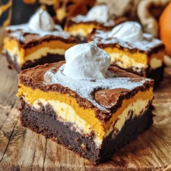 To make pumpkin cheesecake brownies, you need a few key items. Here’s the list: - 1 cup unsweetened cocoa powder - 1 cup granulated sugar - 1 cup all-purpose flour - ½ teaspoon baking powder - ½ teaspoon salt - ½ cup unsalted butter, melted - 2 large eggs - 1 teaspoon vanilla extract - 1 cup canned pumpkin puree - 8 oz cream cheese, softened - ¼ cup powdered sugar - 1 teaspoon pumpkin spice - 1 teaspoon cinnamon These ingredients blend together to create a rich and creamy treat. The cocoa powder gives a deep chocolate flavor, while the pumpkin adds a warm, festive touch. The cream cheese layer brings a smooth texture that pairs well with the brownie base. You can enhance your brownies with a few extra ingredients. Try adding: - Chopped nuts, like walnuts or pecans - Chocolate chips for more chocolatey goodness - A dash of nutmeg for an extra spice kick - A splash of maple syrup for sweetness These options add more depth to the flavor. They can make your brownies stand out at any gathering. If you need to swap some ingredients, here are a few easy options: - Use coconut oil for the unsalted butter. - Replace granulated sugar with coconut sugar for a lower glycemic index. - Swap all-purpose flour with almond flour for a gluten-free version. - Use silken tofu instead of cream cheese for a vegan option. These substitutions keep the essence of the brownies while making them fit different diets. Get creative and adjust the recipe to your taste! Start by preheating your oven to 350°F (175°C). Grease an 8x8-inch pan or line it with parchment paper. This will help your brownies come out easily and not stick to the pan. Gather all your ingredients. You will need cocoa powder, sugar, flour, baking powder, salt, butter, eggs, vanilla, pumpkin puree, cream cheese, powdered sugar, pumpkin spice, and cinnamon. In a large bowl, mix the dry ingredients. Combine unsweetened cocoa powder, granulated sugar, flour, baking powder, and salt. In another bowl, whisk melted butter, eggs, and vanilla extract. Mix it well until smooth. Gradually add your dry mix to the wet mix. Stir until everything is well blended. Pour half of this brownie batter into your prepared pan. Spread it evenly to form the bottom layer. In a separate bowl, beat the softened cream cheese until it is creamy and smooth. Then, add powdered sugar, pumpkin puree, pumpkin spice, and cinnamon. Beat this mixture until well combined. This will be your creamy pumpkin layer that adds a fun twist to your brownies. Pour the pumpkin cheesecake mixture over the brownie layer in the pan, spreading it out evenly. Now, take the remaining brownie batter and add dollops on top of the cheesecake layer. Use a knife or skewer to swirl the brownie batter into the cheesecake. This will create a beautiful marbled effect. Bake in your preheated oven for 30-35 minutes. Check if it’s done by inserting a toothpick in the center. It should come out with a few moist crumbs. Let the brownies cool in the pan before lifting them out and slicing them into squares. To make the best pumpkin cheesecake brownies, focus on your mixing. Mix the wet and dry ingredients just until they blend. Don't overmix. This helps keep your brownies soft and chewy. Use room temperature cream cheese for a smooth filling. If it's cold, it may clump up during mixing. Also, make sure to measure your ingredients correctly. Too much flour can dry out your brownies. After baking, let your brownies cool in the pan. This helps them set and makes cutting easier. Once cool, lift them out using the parchment paper. Cut into squares for even portions. For added flair, dust them with powdered sugar before serving. This simple step makes a big difference in presentation. Toppings can elevate your brownies. A dollop of whipped cream adds richness. You can also sprinkle some cinnamon on top for extra flavor. If you want a crunchy element, try adding chopped nuts. These toppings not only taste great but also add a nice visual touch. Enjoy experimenting with different flavors to find your favorite combination! {{image_2}} To make gluten-free pumpkin cheesecake brownies, swap the all-purpose flour. Use a gluten-free flour blend instead. This change keeps the texture light and fluffy. I recommend a blend that contains almond flour or coconut flour. You still get that rich cocoa taste without the gluten. For a crunchier texture, add nuts or chocolate chips. Chopped walnuts or pecans go well with the pumpkin flavor. You can also add dark chocolate chips for extra sweetness. Mix them into the brownie batter before pouring it into the pan. This addition makes each bite more exciting. If you want a vegan version, replace the eggs and cream cheese. Use flax eggs instead of real eggs. For the cream cheese, try a plant-based cream cheese. Coconut cream also works well for a rich texture. Make sure the other ingredients are vegan-friendly too. This way, you can enjoy pumpkin cheesecake brownies while keeping it plant-based. To keep your pumpkin cheesecake brownies fresh, store them in an airtight container. Place a piece of parchment paper between layers to avoid sticking. Keep them in the fridge for up to five days. This helps maintain their creamy texture and rich flavor. Want to save some brownies for later? You can freeze them! First, let the brownies cool completely. Cut them into squares. Wrap each square in plastic wrap and place them in a freezer bag. They will stay fresh in the freezer for up to three months. Just remember to label the bag with the date. When you’re ready to enjoy your frozen brownies, remove them from the freezer. Let them thaw in the fridge overnight. For a warm treat, heat them in the microwave for 10-15 seconds. This will make the cream cheese layer soft and tasty again. Enjoy your delicious pumpkin cheesecake brownies! Pumpkin cheesecake brownies can last up to five days when stored correctly. Keep them in an airtight container at room temperature. If you want them to last longer, you can refrigerate them. They will stay fresh for about a week in the fridge. Just remember to let them come to room temperature before serving for the best flavor. Yes, you can use fresh pumpkin instead of canned. If you choose fresh pumpkin, make sure to cook and puree it first. Cut the pumpkin into pieces, steam or roast until soft, and blend until smooth. This will give you a fresher taste. However, canned pumpkin is convenient and consistent, which many bakers prefer. You can serve pumpkin cheesecake brownies with various tasty options. Whipped cream adds a nice touch and makes them feel special. A scoop of vanilla ice cream pairs well, too. For a warm drink, try serving them with spiced chai or coffee. These drinks balance the sweetness and enhance the flavors. To check if the brownies are done, insert a toothpick in the center. If it comes out with a few moist crumbs, they are ready. If it comes out clean, they might be overbaked. Keep an eye on them, as baking times can vary with ovens. Trust your nose, too; when the smell fills your kitchen, they are likely close to done. In this blog post, we explored making delicious pumpkin cheesecake brownies. We covered essential and optional ingredients, including substitutes. You learned step-by-step instructions to create the perfect layers. Baking tips helped ensure a great texture, while variations made it easy to customize. Finally, we shared storage tips for keeping your brownies fresh. Enjoy these treats with loved ones or savor them alone. Happy baking!