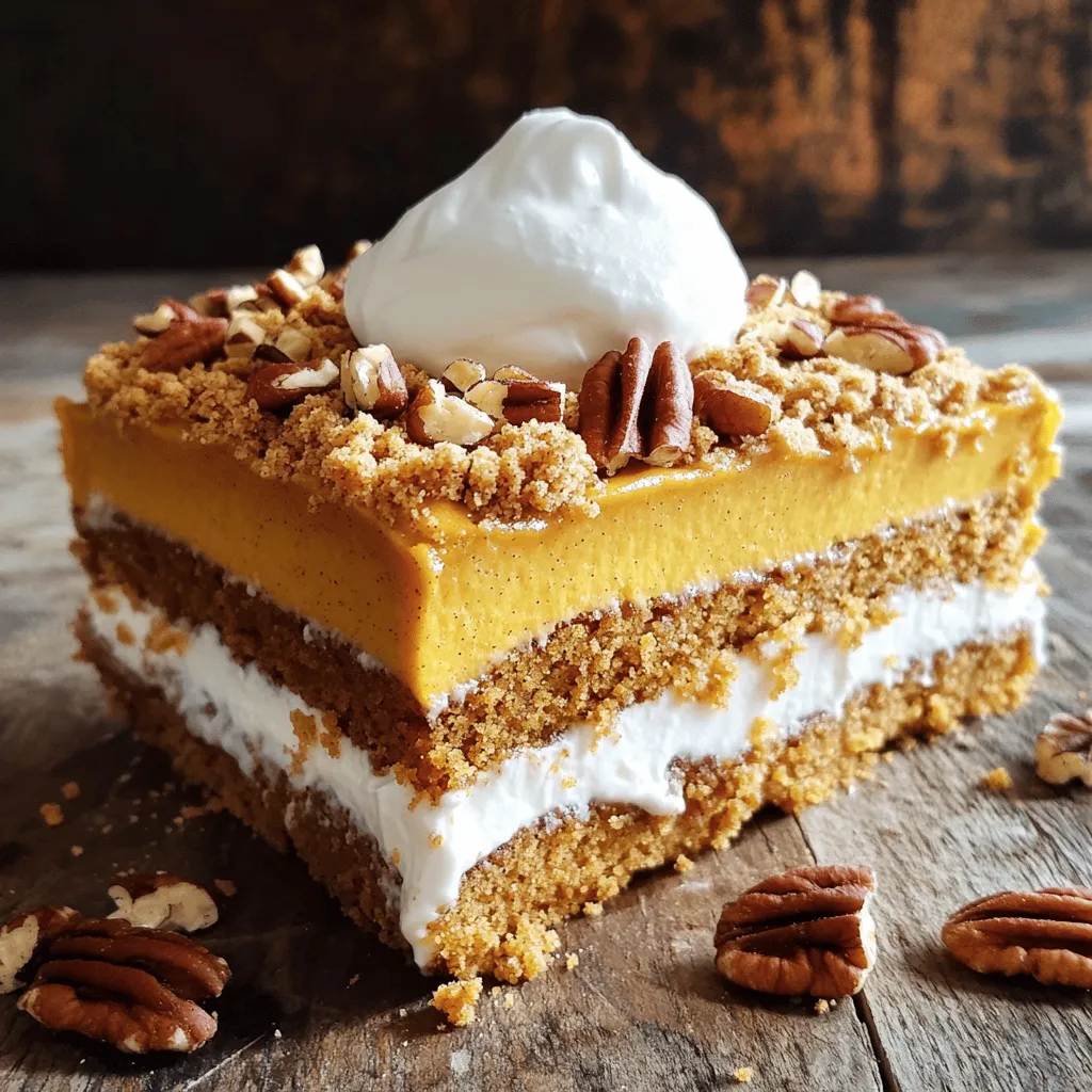 For the Pumpkin Crunch Cake, you will need the following key ingredients: - 1 can (15 oz) pure pumpkin puree - 1 cup granulated sugar - 1 cup light brown sugar, packed - 4 large eggs - 1 cup vegetable oil - 1 teaspoon vanilla extract - 1 teaspoon ground cinnamon - 1/2 teaspoon ground nutmeg - 1/2 teaspoon ground ginger - 1/2 teaspoon salt - 1 teaspoon baking powder - 1 teaspoon baking soda - 1 cup all-purpose flour - 1 cup chopped pecans or walnuts (optional) - 1 cup cake mix (for topping) - 1/2 cup unsalted butter, melted (for topping) - Whipped cream (for serving) These ingredients give the cake its rich flavor and moist texture. If you need substitutions for dietary needs, there are options. For a gluten-free cake, you can replace all-purpose flour with a gluten-free flour blend. You can also skip the eggs by using a flax egg. Simply mix 1 tablespoon of ground flaxseed with 2.5 tablespoons of water and let it sit for a few minutes. For a vegan version, use a plant-based oil and choose a cake mix that’s dairy-free. These swaps help everyone enjoy this tasty treat, no matter their dietary needs. To make the batter for Pumpkin Crunch Cake, start by gathering your ingredients. You will need: - 1 can (15 oz) pure pumpkin puree - 1 cup granulated sugar - 1 cup light brown sugar, packed - 4 large eggs - 1 cup vegetable oil - 1 teaspoon vanilla extract - 1 teaspoon ground cinnamon - 1/2 teaspoon ground nutmeg - 1/2 teaspoon ground ginger - 1/2 teaspoon salt - 1 teaspoon baking powder - 1 teaspoon baking soda - 1 cup all-purpose flour - 1 cup chopped pecans or walnuts (optional) 1. Preheat your oven to 350°F (175°C) and grease a 9x13 inch baking pan. This will ensure easy removal later. 2. In a large bowl, mix the pumpkin puree, granulated sugar, brown sugar, eggs, vegetable oil, and vanilla extract. Stir until everything is well blended. 3. In another bowl, whisk together the cinnamon, nutmeg, ginger, salt, baking powder, baking soda, and flour. This helps to combine the dry ingredients evenly. 4. Gradually add the dry mix to the pumpkin mix. Stir gently until just combined. If you want extra crunch, fold in the chopped pecans or walnuts. Next, to make the crumbly topping, do the following: 1. In a small bowl, combine 1 cup of cake mix with 1/2 cup of melted butter. Mix until you see a crumbly texture. 2. Sprinkle this topping evenly over the pumpkin batter in the baking pan. This will add a nice crunch on top. Now for baking! 1. Place the prepared pan in your preheated oven. Bake for 40-50 minutes. 2. To check for doneness, insert a toothpick into the center of the cake. If it comes out clean, your cake is ready. If not, give it a few more minutes. 3. Once baked, remove the cake from the oven and let it cool for about 10-15 minutes. This cooling time helps the cake set up nicely. Pumpkin Crunch Cake is best served warm. Here are some tasty ideas: - Serve it with a generous dollop of whipped cream on top. This adds a creamy touch. - You can also add a scoop of vanilla ice cream for an extra treat. The warmth of the cake and cold ice cream is a perfect combo. - For a fun twist, sprinkle some cinnamon on top or add caramel sauce. This will make each bite even more delicious! To make your Pumpkin Crunch Cake great, avoid overmixing. When you mix the batter, do it until just combined. Too much mixing can make the cake dense. Also, watch the baking time. If you bake it too long, it can dry out. Check the cake at 40 minutes. Use a toothpick; it should come out clean. You can make your cake even better by adding spices. Try a pinch of allspice or cloves for more warmth. If you like it sweet, add some chocolate chips or dried fruit to the batter. These small changes can create new flavor layers that surprise your taste buds. Serving your Pumpkin Crunch Cake can be fun. Cut it into squares for easy serving. Place a dollop of whipped cream on top for that classic touch. You can sprinkle some extra nuts or cinnamon on the cream for a nice look. Arrange the slices on a pretty plate to impress your guests. {{image_2}} You can change up the basic flavor of your Pumpkin Crunch Cake. Adding chocolate chips brings a sweet twist. Use 1 cup of semi-sweet or dark chocolate chips for a rich taste. Dried fruits like raisins or cranberries can also add a fun texture. Try 1 cup of dried fruits to enhance the flavor. You can even mix spices, like clove or allspice, for a warm, cozy taste. This recipe is easy to adapt for different diets. For a gluten-free version, swap all-purpose flour for gluten-free flour. Make sure it has a 1:1 ratio for best results. If you need a dairy-free option, replace the butter with coconut oil or a dairy-free spread. You can use a plant-based milk in place of eggs. This way, everyone can enjoy this tasty cake! Using seasonal ingredients can make your cake even better. In fall, try adding fresh apples or pears for a fruity touch. In winter, you could incorporate citrus zest, like orange or lemon, to brighten the flavors. Using freshly grated ginger instead of ground ginger adds a nice kick too. These small changes keep the cake exciting and fresh all year round! To keep your pumpkin crunch cake fresh, store it in an airtight container. If you have leftovers, refrigerate them. This will help maintain its flavor and texture. You can also freeze the cake if you want to keep it longer. Wrap it tightly in plastic wrap and then place it in a freezer bag. This way, it stays safe from freezer burn. When stored properly in the fridge, pumpkin crunch cake lasts about 4 to 5 days. If you freeze it, it can last up to three months. Just remember to label the container with the date. This helps you keep track of how long it's been in the freezer. To heat up the cake without drying it out, use the oven. Preheat your oven to 350°F (175°C). Place the cake in an oven-safe dish and cover it with foil. Heat for about 10-15 minutes. This keeps it moist and tasty. You can also use a microwave, but be careful. Heat it in short bursts of 15 seconds to avoid drying it out. Enjoy your delicious pumpkin crunch cake warm! Pumpkin Crunch Cake is a cozy dessert that combines pumpkin and spices. It has a soft, moist base topped with a sweet, crumbly cake mix. This dessert is popular in the fall, especially around Halloween and Thanksgiving. Many love its warm flavors and the hint of crunch from nuts. It invites everyone to enjoy a slice, making it a favorite at gatherings. Yes, you can make Pumpkin Crunch Cake ahead of time. Prepare it a day before your event and store it in the fridge. Cover the cake tightly with plastic wrap to keep it fresh. You can also bake it and freeze it for up to three months. Just thaw it overnight in the fridge before serving. This way, you can enjoy more time with your guests. Yes, you can make a gluten-free version of Pumpkin Crunch Cake. Substitute the all-purpose flour with a gluten-free flour blend. Check that your cake mix is also gluten-free. This way, those with gluten intolerance can enjoy this tasty treat too. Just be sure to follow the same steps in the recipe for the best result. To make the cake more moist, add an extra egg or use less flour. Adding a little more oil can also help. You can mix in applesauce or yogurt for added moisture. Make sure not to overbake, as this can dry the cake out. Use a toothpick to check for doneness; it should come out clean but not dry. Pumpkin Crunch Cake is a delightful treat that combines rich flavors with easy steps. You learned about key ingredients and how to tailor them to fit your diet. The simple baking instructions help ensure perfect results. Remember to avoid common mistakes and try new flavors for variety. Proper storage and reheating tips keep your cake fresh and moist. Enjoy making this special dessert that everyone will love. With these insights, you can bake with confidence and impress your friends and family. Happy baking!