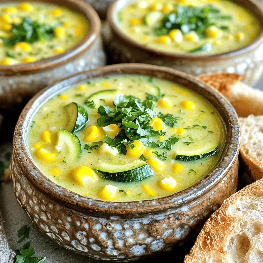 For a hearty and flavorful Zucchini Corn Chowder, gather these ingredients: - 2 medium zucchinis, diced - 1 cup fresh corn kernels (or frozen) - 1 medium onion, chopped - 2 garlic cloves, minced - 1 medium potato, peeled and diced - 4 cups vegetable broth - 1 cup coconut milk (or heavy cream for non-vegan) - 2 tablespoons olive oil - 1 teaspoon smoked paprika - ½ teaspoon cumin - Salt and pepper to taste - Fresh parsley, chopped (for garnish) You can easily swap some ingredients for variations. Here are a few ideas: - Use yellow squash instead of zucchini for a different flavor. - Swap coconut milk with almond milk for a lighter version. - If you don’t have fresh corn, frozen corn works just as well. - Heavy cream is a great non-vegan choice for creaminess. - For a smoky flavor, try using liquid smoke instead of smoked paprika. When choosing fresh produce, look for vibrantly colored vegetables. Here are some tips: - Zucchini should feel firm and have smooth skin. Avoid any that look wrinkled or soft. - Fresh corn should have bright green husks and plump kernels. - Onions should be heavy for their size and free from soft spots. - Always wash your vegetables before use to remove dirt or pesticides. - Use fresh herbs like parsley for the best flavor, as dried herbs can be less potent. By focusing on fresh and quality ingredients, your chowder will shine! Start by washing and dicing the zucchinis. Aim for small, even pieces. Next, chop the onion into fine bits. Mince the garlic cloves until they are small. Peel and dice the potato into small cubes. If using fresh corn, cut the kernels off the cob. Set all your chopped veggies aside. This makes cooking easier later. Heat two tablespoons of olive oil in a large pot over medium heat. Once hot, add the chopped onion. Sauté it for about four to five minutes. You want it to turn translucent, not brown. Add the minced garlic and stir for one more minute. The aroma will fill your kitchen. Then, mix in the diced zucchinis, corn, and potato. Sprinkle in smoked paprika and cumin. Stir everything together and cook for five minutes. Next, pour in four cups of vegetable broth. Bring the mixture to a gentle boil. After it boils, lower the heat to a simmer. Let it cook for 15 to 20 minutes. Check the potatoes for tenderness. They should be soft enough to mash with a fork. After your veggies are cooked, it's time to blend. If you have an immersion blender, use it right in the pot. Blend until you reach your desired texture. Leave some chunks for a hearty feel. If you don’t have an immersion blender, carefully transfer half of the soup to a standard blender. Blend it smooth, then return it to the pot. Stir in one cup of coconut milk or heavy cream. Season with salt and pepper to taste. Heat the chowder through for an extra five minutes. Enjoy your warm, comforting bowl of chowder, garnished with fresh parsley. To boost the taste of your zucchini corn chowder, use seasonings wisely. I like to add smoked paprika for a warm, smoky flavor. Cumin brings a nice earthy touch. Feel free to adjust the salt and pepper to suit your taste. Fresh herbs like thyme or basil can also add freshness. Remember, taste as you go! This helps you find the perfect balance. The texture of your chowder can change based on your choice. If you like it chunky, blend just half of the soup. Keep enough pieces for that nice bite. If you prefer a creamier soup, blend it all till smooth. You can also add more vegetable broth or coconut milk. This makes it thinner if that's what you want. Always check the consistency before serving! Serve your chowder in rustic bowls for a cozy vibe. Top with chopped parsley for a fresh touch. Pair it with crusty bread for dipping. A simple side salad can also complement the meal well. If you want to add protein, grilled chicken or shrimp works nicely. {{image_2}} Zucchini corn chowder is flexible. You can easily make it vegan or stick to dairy. For a vegan chowder, use coconut milk. This gives a creamy feel without the dairy. If you prefer a non-vegan version, swap coconut milk for heavy cream. Both options taste great, so try what fits your needs. Need more protein? You can add cooked beans or lentils. Chickpeas work well, too. They add texture and nutrients. For a meat option, consider diced chicken or bacon. These choices give the chowder a hearty twist. Feel free to mix and match for your ideal meal. Zucchini is the star, but other veggies can shine, too. Try adding bell peppers for sweetness. Carrots or celery can bring extra crunch. Corn is key, but you can swap it for peas if you want. Even adding spinach or kale boosts nutrition. Use what you have on hand for a tasty chowder. After enjoying zucchini corn chowder, you may have some left. To keep it fresh, allow it to cool first. Then, place it in an airtight container. It will stay good in the fridge for up to three days. Make sure to label the container with the date. This helps you track freshness easily. You can freeze zucchini corn chowder for later use. Portion it into freezer-safe bags or containers. Leave some space for the soup to expand when it freezes. It can last in the freezer for up to three months. To reheat, thaw the chowder overnight in the fridge. Heat it on the stove over low heat. Stir often to keep it from sticking. If it seems thick, add a splash of vegetable broth or water. Zucchini corn chowder does not last forever. In the fridge, it is best used within three days. If frozen, it remains tasty for three months. Always check for signs of spoilage. If it smells off or changes color, it’s best to toss it. Enjoy your chowder at its best for a hearty meal! Yes, you can make zucchini corn chowder ahead of time. This soup tastes even better after a day in the fridge. Just let it cool and store it in an airtight container. When you are ready to eat, heat it on the stove over low heat. Stir often and add a splash of broth if it’s too thick. You can serve zucchini corn chowder with various sides. Here are some great options: - Crusty bread for dipping - A fresh green salad - Grilled cheese sandwiches - Cornbread for a sweet touch These sides add texture and flavor to your meal, enhancing the chowder experience. Yes, you can easily add spice to the chowder. Here are some simple ideas: - Add a pinch of cayenne pepper for heat. - Stir in diced jalapeños for a fresh kick. - Top the chowder with hot sauce before serving. These will give your chowder a nice, spicy twist that pairs well with the sweet corn and creamy base. This blog post detailed how to make a tasty zucchini corn chowder. We explored key ingredients and options for substitutions. You learned about prep steps, cooking methods, and blending techniques. I shared helpful tips to enhance flavor and adjust texture. We covered variations, storage tips, and common questions. Making chowder can be fun and rewarding. Enjoy your cooking and feel free to experiment!
