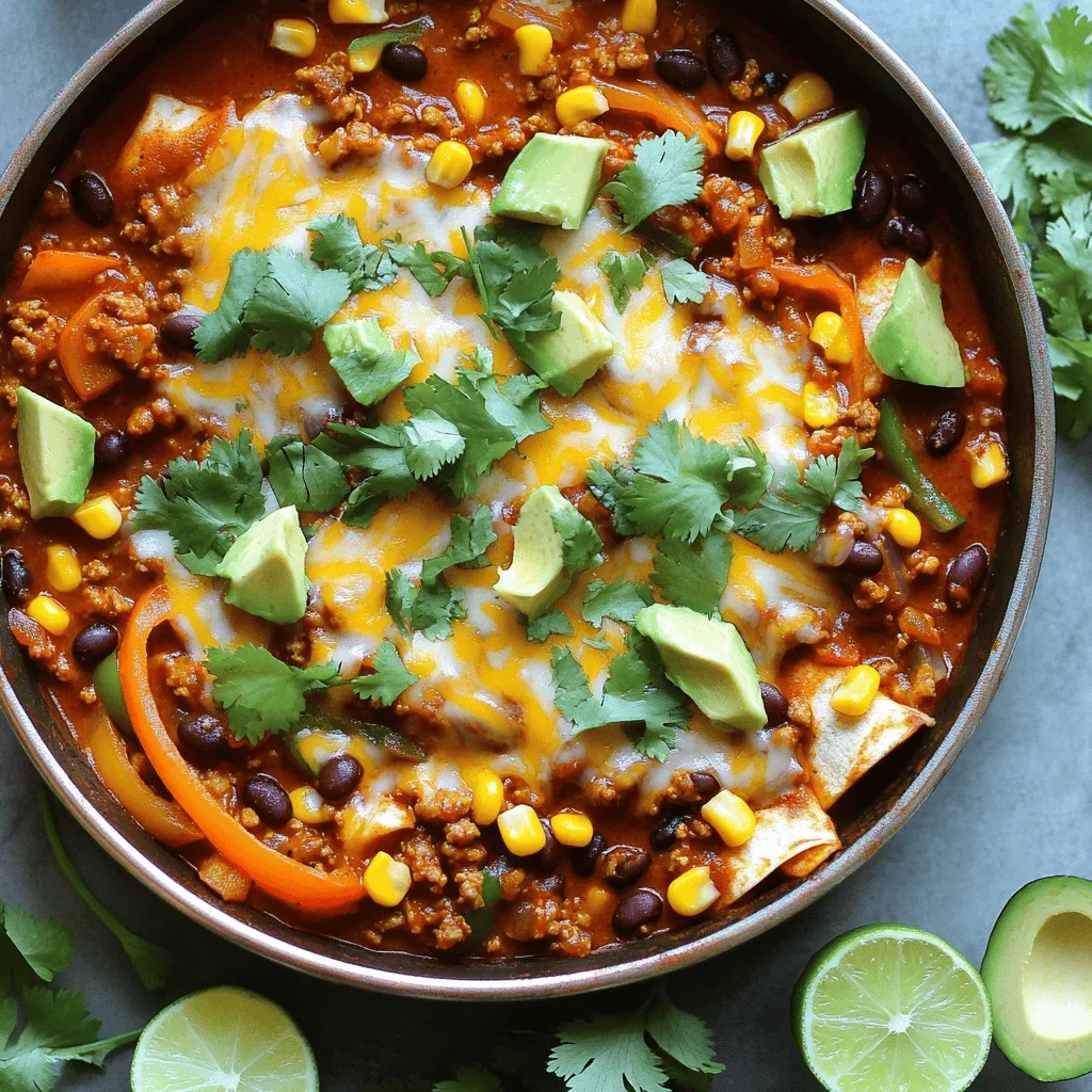 - 1 lb ground turkey - 1 tablespoon olive oil - 1 onion, diced - 2 cloves garlic, minced - 1 bell pepper, diced (red or green) - 1 can (15 oz) black beans, drained and rinsed - 1 cup corn kernels (fresh, frozen, or canned) - 2 cups enchilada sauce (homemade or store-bought) - 1 tablespoon chipotle chili powder - 1 teaspoon cumin - 1 teaspoon smoked paprika - Salt and pepper to taste - 2 cups shredded cheese (cheddar or a blend) - Fresh cilantro for garnish - Avocados and lime wedges for serving Creating the Chipotle Turkey Enchilada Skillet starts with the main ingredients. Ground turkey is lean and tasty. Olive oil adds healthy fat and flavor. The mix of onion, garlic, and bell pepper gives a great base. Black beans and corn add texture and sweetness. Next, we add seasonings. The enchilada sauce brings a rich, tangy taste. Chipotle chili powder adds heat with a smoky twist. Cumin and smoked paprika give depth and warmth. Salt and pepper balance all the flavors. Finally, we need toppings. Shredded cheese melts beautifully on top. Fresh cilantro gives a pop of color and flavor. Avocados and lime wedges add creaminess and zing. Each ingredient plays a role in making this dish vibrant and delicious. Start by heating 1 tablespoon of olive oil in a large skillet over medium heat. Next, add 1 diced onion and 1 diced bell pepper. Sauté these for about 5 minutes until they soften. The sweet aroma fills the kitchen, making it hard to resist. After that, add 2 minced garlic cloves. Cook for another minute. This step brings out the delicious flavors. Now, turn up the heat to medium-high. Add 1 pound of ground turkey to the skillet. Break it apart as it cooks. Cook until it turns brown and is fully cooked, which takes about 7-10 minutes. Once the turkey is ready, mix in 1 can of drained black beans, 1 cup of corn, and 2 cups of enchilada sauce. Don’t forget to add 1 tablespoon of chipotle chili powder, 1 teaspoon of cumin, and 1 teaspoon of smoked paprika. Stir everything until well combined. Season with salt and pepper to taste. Next, sprinkle 2 cups of shredded cheese evenly over the top of the skillet mixture. Cover the skillet with a lid and reduce the heat to low. Let the cheese melt for about 5 minutes. This step adds that creamy touch that makes the dish so good. Once the cheese is melted, remove the skillet from heat. Garnish with fresh cilantro for a pop of color. Serve hot with avocado slices and lime wedges on the side. Enjoy your flavorful dinner! Choosing the right ground turkey is key. I prefer lean ground turkey for this dish. It keeps the meal light but still filling. If you want more flavor, try a mix of dark and light meat. Adjusting moisture levels is also important. If the skillet seems dry, add a splash of water or extra enchilada sauce. This keeps it juicy and prevents sticking. Using fresh ingredients makes a big difference. Fresh onions and peppers add crunch and taste. If you use canned beans or corn, rinse them well. This helps remove extra sodium. You can spice it up with toppings. Add sliced jalapeños for heat. A dollop of sour cream balances the spice. Fresh avocado is a great addition too, giving a creamy texture. The ideal skillet type is a large, non-stick skillet. This helps with even cooking and easy cleanup. If you have a cast iron skillet, it will add great flavor. Recommended kitchen tools include a sharp knife and cutting board for prep. A sturdy spatula helps mix the ingredients well. Don't forget measuring spoons for accurate seasoning! {{image_2}} Making it gluten-free To make this dish gluten-free, use a gluten-free enchilada sauce. Many brands offer this option. Always check labels to ensure no gluten sneaks in. You can use corn tortillas instead of flour ones for extra flavor. Vegetarian alternatives To create a vegetarian version, replace the ground turkey with cooked lentils or black beans. These options add great texture and protein. You can also add more veggies, like zucchini or mushrooms, for extra nutrients. Different beans or vegetables Feel free to swap black beans for pinto or kidney beans. Each brings a unique taste. You can also mix in other vegetables like diced zucchini, spinach, or even corn. Each addition makes the dish more colorful and nutritious. Cheese variations Instead of cheddar, try Monterey Jack or pepper jack cheese for a kick. You can also use a dairy-free cheese if you want to keep it vegan. Just make sure it melts well for that creamy texture. Instant pot or slow cooker options If you're short on time, use an Instant Pot. Brown the turkey on sauté mode, then add all other ingredients. Cook on high for about 10 minutes. For a slow cooker, combine all ingredients and cook on low for 6-8 hours. Oven-baked adaptations For an oven-baked method, after mixing all ingredients in the skillet, transfer it to a baking dish. Top with cheese and bake at 350°F for 20-25 minutes. This gives a lovely golden top and makes it easy to serve. To store leftovers, let the skillet cool to room temperature. Then, transfer it to an airtight container. This keeps flavors fresh and prevents the meal from drying out. You can store it in the fridge for up to three days. Best practices for cooling down include spreading the food in a shallow dish. This helps it cool evenly and quickly. Before freezing, consider the texture of the ingredients. Some veggies might get mushy when thawed. It’s best to freeze the skillet meal in portions. Use freezer-safe bags or containers, removing as much air as possible. For reheating, thaw in the fridge overnight. Then, warm it on the stove over low heat until hot. Stir often to heat evenly. The duration of your stored skillet meal varies based on storage. In the fridge, it lasts about three days. In the freezer, it can stay good for up to three months. Signs of spoilage include off smells, discoloration, or mold. If you see any of these, it’s best to discard the meal. Yes, you can use ground beef. Ground beef adds a rich flavor. However, it has more fat than turkey. This can make the dish greasier. Turkey keeps it leaner and lighter. If you choose beef, drain the fat after cooking. Absolutely! You can swap cheese for dairy-free options. Try using vegan cheese or nutritional yeast. These add flavor without dairy. You can also omit cheese entirely. The dish will still taste great. To add heat, use more chipotle chili powder. You can also add diced jalapeños. Another option is to sprinkle cayenne pepper on top. Serve with hot salsa to kick it up even more. Adjust the heat to your liking! This blog post shared a tasty skillet recipe using ground turkey, veggies, and spices. You learned about the key ingredients, step-by-step cooking methods, and tips for perfecting the dish. I also offered ideas for dietary swaps and storage advice. In the end, this recipe is flexible and fun. You can easily adjust it to fit your taste. Enjoy making this dish and feel proud of your cooking skills!