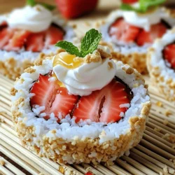 - 1 cup sushi rice - 1 ½ cups coconut milk - 2 tablespoons sugar - 1 teaspoon vanilla extract - 1 cup fresh strawberries, hulled and sliced - ½ cup whipped cream - 2 tablespoons crushed graham crackers - 1 teaspoon lemon zest - Bamboo sushi mat (for rolling) If you don't have sushi rice, you can use jasmine rice. It has a similar sticky texture. Instead of coconut milk, almond milk works well too. For sweetness, you can swap sugar for honey or maple syrup. If you want a lighter option, use yogurt instead of whipped cream. You can also skip the graham crackers if you don’t have them; just add more fruit for crunch. When choosing strawberries, look for bright red berries. They should feel firm and plump. Avoid any that are mushy or have dark spots. Smell the strawberries; they should have a sweet scent. If you can, buy organic strawberries. They taste better and are better for you. Store them in the fridge, but don’t wash them until you are ready to use them. This keeps them fresh longer. 1. First, rinse the sushi rice under cold water. This helps clean the rice and removes extra starch. 2. In a medium saucepan, mix the rinsed rice, coconut milk, sugar, and a pinch of salt. 3. Bring the mixture to a boil, then lower the heat. Cover and let it simmer for 15-20 minutes. The rice should become tender and soak up the liquid. 4. After cooking, remove the pan from heat. Let the rice sit for 10 minutes to steam. 5. Fluff the rice with a fork. Add the vanilla extract and lemon zest, mixing until combined. Let it cool to room temperature. 6. Prepare your bamboo sushi mat by laying it flat. Cover it with plastic wrap for easy cleanup. 7. Spread a generous layer of coconut rice on the mat, leaving an inch at the top edge. 8. In the center of the rice, place sliced strawberries, a dollop of whipped cream, and sprinkle crushed graham crackers. 9. Start rolling the sushi away from you. Use the mat to help shape it tightly. 10. Once you reach the naked edge, wet it slightly with water to seal the roll. 11. With a sharp knife, slice the roll into bite-sized pieces, about 1 inch thick. 12. Arrange the pieces on a platter. Add extra strawberries or whipped cream for dipping if you like. I love using visuals to help with cooking. You can find helpful videos online that show each step. Watching someone roll sushi can make it easier to understand. Look for videos that focus on sushi rolling techniques. They often share tips that can help you avoid mistakes. Rolling sushi might seem tricky at first, but practice makes it easier! Here are a few tips: - Use firm pressure: When you roll, apply even pressure with your hands. This helps keep the sushi tight. - Keep it aligned: Make sure the fillings stay in the center as you roll. This keeps your sushi looking nice. - Seal well: Remember to wet the edge before sealing. It helps the roll stay together. With these steps, you'll create a fun and tasty treat that everyone will enjoy! To make perfect sushi rice, start by rinsing it well. Wash the rice until the water is clear. This step removes extra starch. Extra starch can make the rice sticky. Using coconut milk gives a rich flavor. Let the rice simmer gently. Keep the lid on while it cooks. After cooking, let it steam for ten minutes. This step helps the rice become fluffy. Mix in vanilla and lemon zest for extra taste. Allow the rice to cool completely before rolling. To impress your guests, focus on presentation. Use a clean, flat platter for serving. Arrange the sushi pieces neatly. Add some fresh strawberries around the sushi. A drizzle of honey adds a nice touch. Garnish with mint leaves for color. Serve extra whipped cream in a small bowl. This gives people a fun dipping option. Your platter will look inviting and delicious. Avoid overcooking the sushi rice. Overcooked rice becomes mushy and hard to roll. Don’t skip the rinsing step; it’s important for texture. When rolling, don’t press too hard. This can squish the filling out. If the rice sticks to your hands, wet them slightly. This will make it easier to handle. Lastly, don’t forget to let the rice cool. Rolling with hot rice can ruin your sushi. {{image_2}} You can mix things up with fun fillings. Try using blueberries instead of strawberries. The sweet and tart flavor pairs well with coconut rice. You can also use sliced bananas for a tropical twist. If you want a richer taste, add a layer of chocolate spread before rolling. Cream cheese can also add a nice touch. If you need gluten-free sushi, skip the graham crackers. Use crushed gluten-free cookies or nuts for crunch. Make sure any whipped cream you use is also gluten-free. You can find many brands that cater to this need. The coconut rice itself is naturally gluten-free, so you are off to a good start! To make this sushi vegan, substitute the whipped cream with coconut whipped cream. It gives the same creamy texture without dairy. You can also replace sugar with maple syrup or agave nectar. This will keep your dessert sweet and tasty. Use fruit like mango or kiwi for a colorful twist. These options will keep your sushi fun and plant-based! To keep your no-bake strawberry shortcake sushi fresh, wrap each roll tightly in plastic wrap. This helps keep the moisture in and prevents drying out. Place the wrapped rolls in an airtight container. Store them in the fridge for up to two days. These sushi rolls are best served cold. If you want to reheat, use a microwave on low heat for about 10-15 seconds. Be careful not to overheat, as this can change the rice's texture. For the freshest taste, eat them right after making! When prepping, make the rice ahead of time and let it cool completely. You can also slice the strawberries in advance, but keep them in the fridge. Always assemble the rolls just before serving to maintain their freshness. This way, your sushi will be tasty and visually appealing! You can serve this sushi with fresh fruit, like blueberries or raspberries. A scoop of ice cream complements the flavors nicely. For drinks, try sweet tea or lemonade. These pair well and make your dessert fun and festive. You can keep the sushi in the fridge for up to two days. Store it in an airtight container to prevent it from drying out. Enjoy it cold for a refreshing treat on hot days. Yes, you can freeze these sushi rolls. Wrap them tightly in plastic wrap and place them in a freezer bag. They can stay fresh for up to a month. To eat, let them thaw in the fridge overnight before serving. Absolutely! You can make these rolls a few hours ahead. Just keep them covered in the fridge until you're ready to serve. This makes them a great option for parties or gatherings. In this post, we explored how to make No-Bake Strawberry Shortcake Sushi. We covered ingredients, step-by-step instructions, and tips for perfecting the dish. You learned about ingredient substitutions and variations for different diets. Remember to select fresh strawberries for the best taste. Store leftovers properly to keep them fresh. With these tips and tricks, you can impress anyone with this fun dessert. Enjoy creating your own delicious sushi rolls!