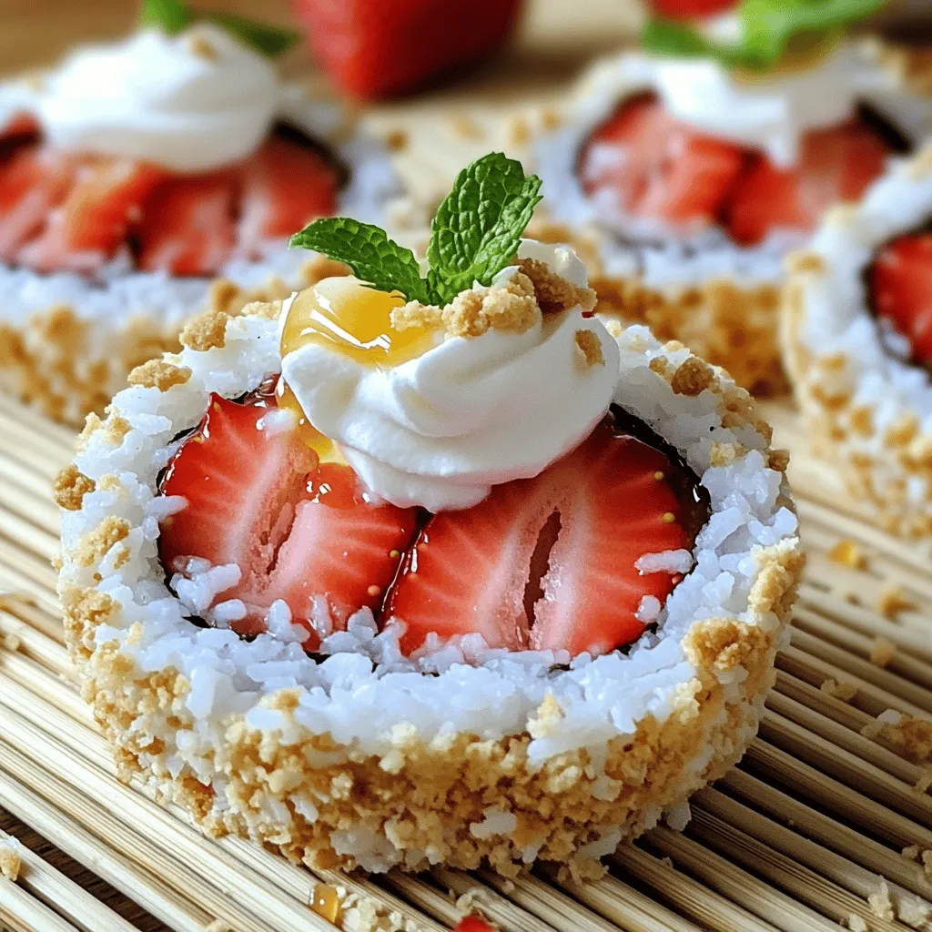 - 1 cup sushi rice - 1 ½ cups coconut milk - 2 tablespoons sugar - 1 teaspoon vanilla extract - 1 cup fresh strawberries, hulled and sliced - ½ cup whipped cream - 2 tablespoons crushed graham crackers - 1 teaspoon lemon zest - Bamboo sushi mat (for rolling) If you don't have sushi rice, you can use jasmine rice. It has a similar sticky texture. Instead of coconut milk, almond milk works well too. For sweetness, you can swap sugar for honey or maple syrup. If you want a lighter option, use yogurt instead of whipped cream. You can also skip the graham crackers if you don’t have them; just add more fruit for crunch. When choosing strawberries, look for bright red berries. They should feel firm and plump. Avoid any that are mushy or have dark spots. Smell the strawberries; they should have a sweet scent. If you can, buy organic strawberries. They taste better and are better for you. Store them in the fridge, but don’t wash them until you are ready to use them. This keeps them fresh longer. 1. First, rinse the sushi rice under cold water. This helps clean the rice and removes extra starch. 2. In a medium saucepan, mix the rinsed rice, coconut milk, sugar, and a pinch of salt. 3. Bring the mixture to a boil, then lower the heat. Cover and let it simmer for 15-20 minutes. The rice should become tender and soak up the liquid. 4. After cooking, remove the pan from heat. Let the rice sit for 10 minutes to steam. 5. Fluff the rice with a fork. Add the vanilla extract and lemon zest, mixing until combined. Let it cool to room temperature. 6. Prepare your bamboo sushi mat by laying it flat. Cover it with plastic wrap for easy cleanup. 7. Spread a generous layer of coconut rice on the mat, leaving an inch at the top edge. 8. In the center of the rice, place sliced strawberries, a dollop of whipped cream, and sprinkle crushed graham crackers. 9. Start rolling the sushi away from you. Use the mat to help shape it tightly. 10. Once you reach the naked edge, wet it slightly with water to seal the roll. 11. With a sharp knife, slice the roll into bite-sized pieces, about 1 inch thick. 12. Arrange the pieces on a platter. Add extra strawberries or whipped cream for dipping if you like. I love using visuals to help with cooking. You can find helpful videos online that show each step. Watching someone roll sushi can make it easier to understand. Look for videos that focus on sushi rolling techniques. They often share tips that can help you avoid mistakes. Rolling sushi might seem tricky at first, but practice makes it easier! Here are a few tips: - Use firm pressure: When you roll, apply even pressure with your hands. This helps keep the sushi tight. - Keep it aligned: Make sure the fillings stay in the center as you roll. This keeps your sushi looking nice. - Seal well: Remember to wet the edge before sealing. It helps the roll stay together. With these steps, you'll create a fun and tasty treat that everyone will enjoy! To make perfect sushi rice, start by rinsing it well. Wash the rice until the water is clear. This step removes extra starch. Extra starch can make the rice sticky. Using coconut milk gives a rich flavor. Let the rice simmer gently. Keep the lid on while it cooks. After cooking, let it steam for ten minutes. This step helps the rice become fluffy. Mix in vanilla and lemon zest for extra taste. Allow the rice to cool completely before rolling. To impress your guests, focus on presentation. Use a clean, flat platter for serving. Arrange the sushi pieces neatly. Add some fresh strawberries around the sushi. A drizzle of honey adds a nice touch. Garnish with mint leaves for color. Serve extra whipped cream in a small bowl. This gives people a fun dipping option. Your platter will look inviting and delicious. Avoid overcooking the sushi rice. Overcooked rice becomes mushy and hard to roll. Don’t skip the rinsing step; it’s important for texture. When rolling, don’t press too hard. This can squish the filling out. If the rice sticks to your hands, wet them slightly. This will make it easier to handle. Lastly, don’t forget to let the rice cool. Rolling with hot rice can ruin your sushi. {{image_2}} You can mix things up with fun fillings. Try using blueberries instead of strawberries. The sweet and tart flavor pairs well with coconut rice. You can also use sliced bananas for a tropical twist. If you want a richer taste, add a layer of chocolate spread before rolling. Cream cheese can also add a nice touch. If you need gluten-free sushi, skip the graham crackers. Use crushed gluten-free cookies or nuts for crunch. Make sure any whipped cream you use is also gluten-free. You can find many brands that cater to this need. The coconut rice itself is naturally gluten-free, so you are off to a good start! To make this sushi vegan, substitute the whipped cream with coconut whipped cream. It gives the same creamy texture without dairy. You can also replace sugar with maple syrup or agave nectar. This will keep your dessert sweet and tasty. Use fruit like mango or kiwi for a colorful twist. These options will keep your sushi fun and plant-based! To keep your no-bake strawberry shortcake sushi fresh, wrap each roll tightly in plastic wrap. This helps keep the moisture in and prevents drying out. Place the wrapped rolls in an airtight container. Store them in the fridge for up to two days. These sushi rolls are best served cold. If you want to reheat, use a microwave on low heat for about 10-15 seconds. Be careful not to overheat, as this can change the rice's texture. For the freshest taste, eat them right after making! When prepping, make the rice ahead of time and let it cool completely. You can also slice the strawberries in advance, but keep them in the fridge. Always assemble the rolls just before serving to maintain their freshness. This way, your sushi will be tasty and visually appealing! You can serve this sushi with fresh fruit, like blueberries or raspberries. A scoop of ice cream complements the flavors nicely. For drinks, try sweet tea or lemonade. These pair well and make your dessert fun and festive. You can keep the sushi in the fridge for up to two days. Store it in an airtight container to prevent it from drying out. Enjoy it cold for a refreshing treat on hot days. Yes, you can freeze these sushi rolls. Wrap them tightly in plastic wrap and place them in a freezer bag. They can stay fresh for up to a month. To eat, let them thaw in the fridge overnight before serving. Absolutely! You can make these rolls a few hours ahead. Just keep them covered in the fridge until you're ready to serve. This makes them a great option for parties or gatherings. In this post, we explored how to make No-Bake Strawberry Shortcake Sushi. We covered ingredients, step-by-step instructions, and tips for perfecting the dish. You learned about ingredient substitutions and variations for different diets. Remember to select fresh strawberries for the best taste. Store leftovers properly to keep them fresh. With these tips and tricks, you can impress anyone with this fun dessert. Enjoy creating your own delicious sushi rolls!