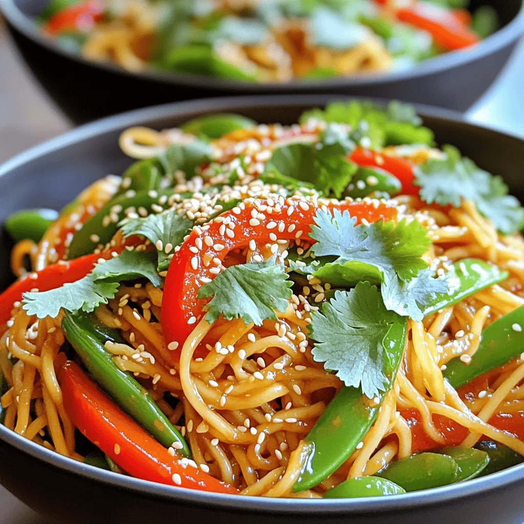 - 200g noodles (egg, soba, or rice) - 3 tablespoons sesame oil - 2 tablespoons chili crisp (store-bought or homemade) - 2 cloves garlic, minced - 1 tablespoon ginger, minced - 2 spring onions, chopped - 1 red bell pepper, thinly sliced - 1 cup snap peas, trimmed - 2 tablespoons soy sauce - 1 tablespoon rice vinegar - 1 tablespoon honey or maple syrup - Sesame seeds for garnish - Fresh cilantro leaves for garnish - Large skillet or wok - Measuring spoons - Cutting board and knife The main ingredients create a rich flavor base for the dish. The noodles hold the sauce well. The sesame oil adds a nice nutty taste. The chili crisp brings warmth and depth. Together, they make a simple yet tasty meal. For the additional ingredients, garlic and ginger pack a punch. They make the dish aromatic and lively. The vegetables add color and crunch. Snap peas and bell peppers are fresh and crisp. They complement the soft noodles perfectly. To cook this dish, you will need a large skillet or wok. This helps in tossing the ingredients well. Measuring spoons help you get the right amounts. A cutting board and knife make prep easy and quick. These ingredients and tools together make the process smooth. Once you have them ready, you're set to create a fantastic meal. - Step 1: Cook noodles according to package instructions. This usually takes about 4-8 minutes. - Step 2: Drain and rinse with cold water. This stops the cooking and keeps them firm. - Step 3: Heat sesame oil in a skillet over medium heat. Use about 3 tablespoons for great flavor. - Step 4: Sauté minced garlic and ginger until fragrant. This takes about 1 minute. - Step 5: Add sliced red bell pepper and snap peas to the skillet. Stir-fry for 3-4 minutes until they are tender-crisp. - Step 6: Mix in chili crisp, soy sauce, rice vinegar, and honey or maple syrup. This adds depth to the dish. - Step 7: Toss the cooked noodles into the skillet. Heat everything through for about 2-3 minutes. The noodles should be warm and well-coated in the tasty sauce. Enjoy the mix of flavors and textures! - How to achieve perfectly cooked noodles: Start by boiling water in a large pot. Add the noodles and cook according to the package. Stir often to prevent sticking. Once ready, drain and rinse them in cold water. This stops the cooking and keeps them firm. - Timing for sautéing vegetables: Heat sesame oil in your skillet first. Add the minced garlic and ginger, cooking for just one minute. This brings out great flavor. Then, add the sliced red bell pepper and snap peas. Stir-fry for about three to four minutes. You want them tender but still crisp. - Garnishing effectively for presentation: Use deep bowls for serving. Pile the noodles high, then top them with chopped spring onions, sesame seeds, and fresh cilantro. This makes your dish look bright and inviting. - Pairing with side dishes or appetizers: Serve your noodles with a side of steamed dumplings or crispy spring rolls. This adds variety to your meal and makes it more filling. - Adjusting spiciness with more or less chili crisp: If you like heat, add more chili crisp. Just a little can transform your dish. If you prefer mild, use less. Taste as you go to find your perfect balance. - Using fresh herbs for added flavor: Fresh herbs can brighten your meal. Try adding basil or mint along with cilantro. These herbs enhance the flavors and make your dish even more delicious. {{image_2}} You can easily add protein to your Sesame Chili Crisp Noodles. - Variation 1: If you want meat, try adding chicken, shrimp, or tofu. Cook the chicken or shrimp in the skillet before adding veggies. For tofu, use firm tofu and sauté until golden. It will soak up all the good flavors. - Variation 2: For a vegan twist, add more veggies. Try mushrooms, broccoli, or zucchini. They add texture and taste. Switching up your noodles can change the dish. - Variation 3: For gluten-free options, use rice noodles or gluten-free pasta. They cook quickly and still taste great. - Variation 4: You can also experiment with different pasta shapes. Try bow-tie, fusilli, or even spaghetti for fun. Each shape holds sauce differently and adds a new twist. Changing flavors can bring new life to this dish. - Variation 5: Experiment with different oils or vinegars. Use peanut oil for a nutty taste or apple cider vinegar for a tangy kick. - Variation 6: Adjust the sweetness level by adding more honey or maple syrup. You can make it sweeter or keep it mild. Taste as you go to find your perfect balance. These variations help you create a dish that fits your taste and diet. Enjoy making it your own! - Best practices for refrigerating noodles: Place the noodles in an airtight container. Make sure they cool down first. This helps prevent sogginess. Keep them in the fridge right away. - How long the dish stays fresh: These noodles last up to three days in the fridge. - Best methods to reheat while maintaining flavor: Use a skillet on medium heat. Add a splash of water or more sesame oil. Stir gently until heated through. This keeps the noodles tasty. - Suggestions for making cold noodle salads: Toss cold noodles with fresh veggies. Add some soy sauce and sesame oil. This makes a great salad for hot days. - Can you freeze Sesame Chili Crisp Noodles? Yes, you can freeze them. But, the texture may change after thawing. - Steps for proper freezing: Let the noodles cool completely. Place them in a freezer-safe bag. Squeeze out the air and seal it tightly. Label the bag with the date before freezing. What is chili crisp and where can I find it? Chili crisp is a spicy oil with crunchy bits. It usually has chili flakes, garlic, and onions. You can find it at Asian markets or online. Many brands sell it, so explore a few to find your favorite. Can I make this dish spicy? Yes, you can make it spicy! Add more chili crisp to your noodles. You can also include fresh chili slices or chili powder for extra heat. Adjust it to match your taste. How do I make homemade chili crisp? To make it at home, heat oil in a pan. Add garlic, shallots, and chili flakes. Cook until golden brown. Let it cool, then store it in a jar. It’s simple and so good! What can I substitute for sesame oil? If you don't have sesame oil, use olive oil or vegetable oil. These oils won’t give the same flavor but will work in the recipe. You can also try peanut oil for a similar taste. Are Sesame Chili Crisp Noodles gluten-free? You can make this dish gluten-free! Use rice noodles or gluten-free soy sauce. Check labels for any hidden gluten ingredients. Enjoy the noodles without worry! In this blog post, we explored making delicious Sesame Chili Crisp Noodles. We covered key ingredients like noodles, sesame oil, and chili crisp. I shared step-by-step cooking instructions and tips to achieve the best texture and flavor. You can also try protein variations and adjust the flavors to suit your taste. Remember to store leftovers properly and consider freezing for later. Enjoy the process of cooking these noodles and make them your own!