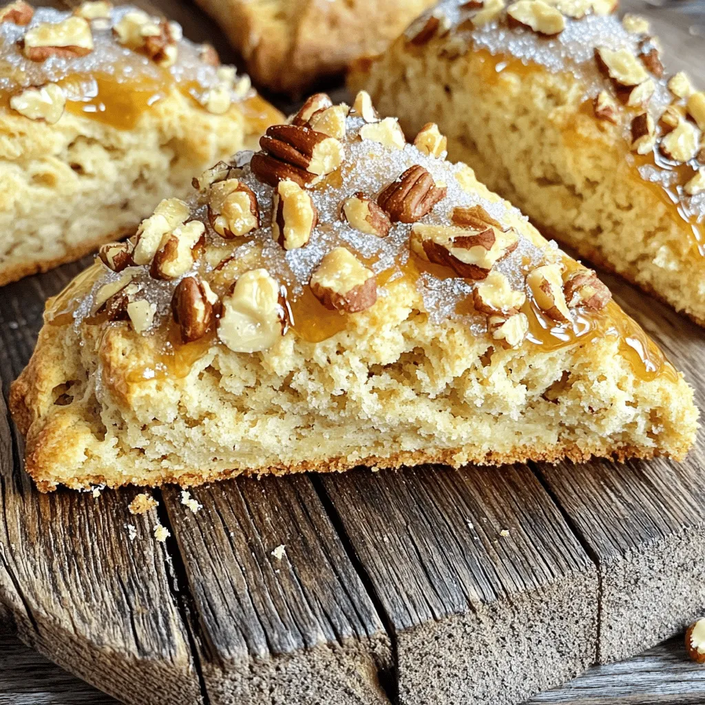 To make bakery-style maple pecan scones, you will need the following items: - 2 cups all-purpose flour - 1/2 cup granulated sugar - 1 tablespoon baking powder - 1/2 teaspoon salt - 1/2 cup unsalted butter, cold and cubed - 1/2 cup heavy cream - 1/4 cup pure maple syrup - 1 large egg - 1 cup pecans, toasted and chopped - 1 teaspoon vanilla extract - Additional heavy cream for brushing - Optional: coarse sugar for topping If you need to adjust the recipe, here are some simple conversions: - 1 cup = 240 ml - 1 tablespoon = 15 ml - 1 teaspoon = 5 ml - 1/2 cup = 120 ml These conversions make it easy to scale the recipe up or down. Sometimes, you may not have every ingredient. Here are some good swaps: - Flour: You can use whole wheat flour for a heartier texture. - Sugar: Brown sugar adds a deeper flavor. - Butter: Coconut oil works well for a dairy-free option. - Heavy Cream: Use half-and-half or milk, but scones may be less rich. - Pecans: Walnuts or almonds are great substitutes if you have a nut allergy. These substitutions help you customize your scones to fit your needs. Enjoy the baking! Start by preheating your oven to 400°F (200°C). This helps the scones bake evenly. While the oven warms up, line a baking sheet with parchment paper. This will prevent the scones from sticking and make cleanup easy. In a large bowl, whisk together 2 cups of all-purpose flour, 1/2 cup of granulated sugar, 1 tablespoon of baking powder, and 1/2 teaspoon of salt. This mix gives the scones a sweet and fluffy base. Make sure to mix well to combine all the dry ingredients. In a separate bowl, whisk together 1/2 cup of heavy cream, 1/4 cup of pure maple syrup, 1 large egg, and 1 teaspoon of vanilla extract. This combination adds moisture and flavor to your scones. Mix until the liquids are smooth and well blended. Turn the dough onto a lightly floured surface. Pat it down into a circle about 1 inch thick. Use a sharp knife to cut the dough into 8 wedges, like a pizza. You can also use a round cutter for circular shapes. Each piece should be about the same size for even baking. Place the scones on the prepared baking sheet. Brush the tops with a little extra heavy cream for a nice shine. If you want, sprinkle some coarse sugar on top for extra crunch. Bake for 15-20 minutes. They are done when they are golden brown and a toothpick comes out clean. Let them cool on the sheet for a few minutes, then move them to a wire rack to cool completely. To get the best scone texture, keep your butter cold. Cold butter helps create flaky layers. When you mix it with flour, aim for small crumbs. Avoid over-mixing the dough. Mix until just combined. This keeps the scones light and airy. If you want more height, use a bit more baking powder. To boost flavor, use high-quality maple syrup. It gives a rich, sweet taste. Toast your pecans before adding them. This brings out their nutty flavor. You can also add a pinch of cinnamon or nutmeg for warmth. For a sweet finish, drizzle maple glaze on top. Mix powdered sugar with maple syrup for a tasty touch. Serve these scones warm for the best taste. They pair well with coffee or tea. You can also enjoy them with butter or jam. For a brunch, stack them on a platter. They look great and taste even better. If you have leftovers, warm them up in the oven for a fresh taste. {{image_2}} If you want to make a nut-free scone, simply leave out the pecans. You can add 1 cup of chocolate chips or dried fruit instead. This makes for a sweet treat without any nuts. The scone will still have a great texture and taste. You can change the flavors of your scones easily. For a chocolate twist, replace the pecans with chocolate chips. For a fruity option, mix in 1 cup of blueberries or chopped strawberries. Each variation gives you a new way to enjoy these tasty scones. To make gluten-free scones, swap the all-purpose flour with a gluten-free flour blend. Make sure it has xanthan gum for better texture. The rest of the recipe stays the same. You’ll still get a soft and delicious scone without gluten. To keep your bakery-style maple pecan scones fresh, store them in an airtight container. This helps prevent them from drying out. You can keep them at room temperature for up to three days. If you want to keep them longer, refrigeration is a good option. Just remember, chilling can change their texture slightly. If you want to freeze your scones, do it right after they cool. Wrap each scone tightly in plastic wrap. Then, place them in a freezer bag or container. They can last up to three months in the freezer. When you’re ready to eat them, just thaw them in the fridge overnight. To reheat your scones, preheat your oven to 350°F (175°C). Place the scones on a baking sheet. Heat them for about 10 minutes. This will help restore their crispiness. If you want a quick option, you can also use a microwave. Heat them for 15-20 seconds. However, this may make them a bit soft. The scones are done when they turn golden brown. A toothpick should come out clean from the center. Bake them for 15 to 20 minutes. Keep an eye on them, as oven times may vary. Yes, you can make the dough a few hours in advance. Wrap it tightly in plastic wrap and store it in the fridge. This helps the flavors meld together. When you're ready to bake, just shape and bake as directed. Maple pecan scones pair well with many things. Serve them with butter or cream cheese. A drizzle of extra maple syrup adds sweetness. You can also enjoy them with coffee or tea for a cozy treat. This article covered how to make delicious scones from start to finish. We reviewed the key ingredients and their swaps. I shared step-by-step guides for mixing and baking. Tips for perfect texture and flavor helped elevate your scone game. You learned about tasty variations and best storage practices. With these skills, you can impress family and friends. Happy baking! Enjoy your next batch of scones with confidence.
