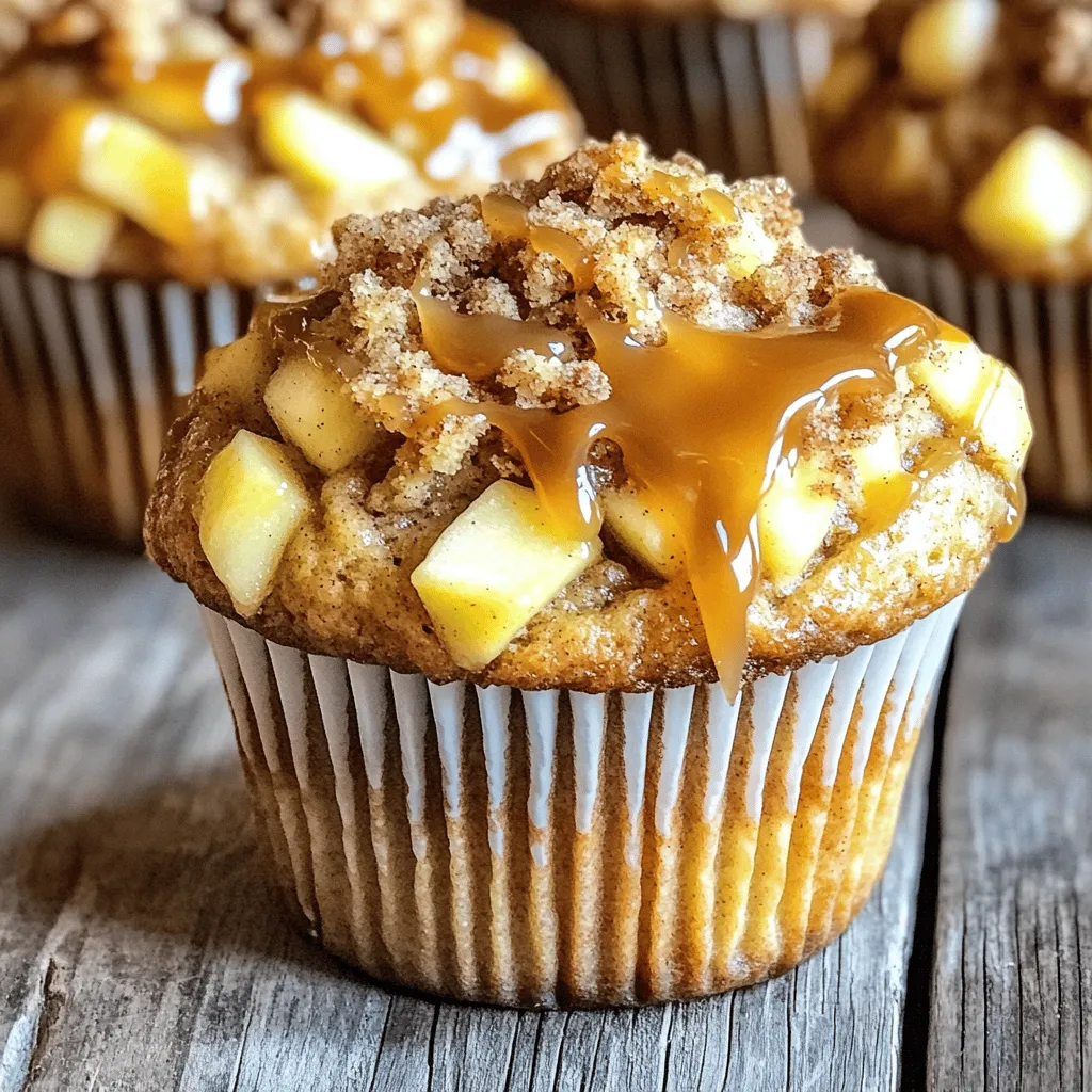 To make delicious Caramel Apple Streusel Muffins, gather these simple ingredients: - 2 cups all-purpose flour - 1 cup granulated sugar - 1 tablespoon baking powder - 1/2 teaspoon salt - 1/2 teaspoon cinnamon - 1/2 cup unsalted butter, melted - 1 large egg - 1 teaspoon vanilla extract - 3/4 cup milk - 2 cups Granny Smith apples, peeled and diced - 1 cup caramel sauce (store-bought or homemade) - 1/2 cup brown sugar - 1/3 cup rolled oats - 1/4 cup flour (for streusel) - 1/2 teaspoon cinnamon (for streusel) Each ingredient plays a key role. All-purpose flour gives structure. Granulated sugar adds sweetness. Baking powder helps muffins rise. Salt enhances flavor. Cinnamon adds warmth. Unsalted butter makes muffins rich. Eggs and vanilla extract bind everything together. Milk keeps the batter moist. Granny Smith apples bring tartness. Caramel sauce adds sweetness and gooey texture. The streusel mix, with brown sugar, oats, and flour, gives a crunchy topping. By using fresh Granny Smith apples, your muffins will burst with flavor. The caramel sauce creates a delightful surprise in each bite. Together, these ingredients create a perfect blend of sweet and tart, making your muffins a real treat. 1. Preheat the oven and prepare the muffin tin. Set your oven to 350°F (175°C). Line a muffin tin with paper liners or spray it lightly with cooking spray. 2. Combine dry ingredients. In a big bowl, whisk together 2 cups of all-purpose flour, 1 cup of granulated sugar, 1 tablespoon of baking powder, 1/2 teaspoon of salt, and 1/2 teaspoon of cinnamon. Mix until everything is well blended. 3. Mix wet ingredients. In another bowl, stir together 1/2 cup of melted unsalted butter, 1 large egg, 1 teaspoon of vanilla extract, and 3/4 cup of milk. Make sure this mixture is smooth. 4. Combine wet and dry mixtures. Pour the wet mix into the dry mix. Stir gently until just combined. Be careful not to overmix, as this can make the muffins tough. 5. Fold in diced apples. Take 2 cups of peeled and diced Granny Smith apples. Gently fold them into the batter. This adds great flavor and texture. 6. Make the streusel topping. In a small bowl, mix 1/2 cup of brown sugar, 1/3 cup of rolled oats, 1/4 cup of flour, and another 1/2 teaspoon of cinnamon. Add some melted butter and mix until it looks crumbly. 1. Fill muffin cups. Spoon the batter into each muffin cup, filling them about two-thirds full. 2. Add caramel and streusel. On top of each muffin batter, add about 1 tablespoon of caramel sauce. Then, sprinkle a generous amount of the streusel topping over each muffin. 3. Baking times and checking for doneness. Place the muffin tin in the oven and bake for 18-20 minutes. Check doneness by inserting a toothpick in the center. If it comes out clean, the muffins are ready! - Avoiding overmixing the batter: Mix the wet and dry ingredients until they are just combined. Overmixing can make your muffins tough. You want them light and fluffy. - Checking muffin doneness: Use a toothpick to check if the muffins are done. Insert it into the center. If it comes out clean, your muffins are ready. If not, bake a few more minutes. - Cooling and serving considerations: Let the muffins cool in the pan for about 5 minutes. This helps them hold their shape. After that, move them to a wire rack to cool completely. Serve warm for the best taste. - Drizzling additional caramel sauce: For a sweeter touch, drizzle more caramel sauce over the muffins just before serving. This adds a rich flavor and makes them look appealing. - Garnishing suggestions with cinnamon: A light sprinkle of cinnamon on top makes a lovely finishing touch. It adds warmth and enhances the apple flavor. You can also mix cinnamon into the streusel for extra flavor. {{image_2}} Using different types of apples You can swap Granny Smith apples with other apples. Try Honeycrisp or Fuji for a sweeter taste. Each apple adds its own twist to the flavor. Using softer apples like McIntosh can make the muffins more moist. Gluten-free flour options If you need gluten-free muffins, use a gluten-free flour blend. Look for one that contains xanthan gum. This will help your muffins rise and hold together well. Dairy-free milk alternatives For a dairy-free option, use almond milk or oat milk. These will give a nice flavor without dairy. Coconut milk adds a hint of sweetness, too. Nuts or chocolate chips Add nuts for a crunchy texture. Chopped walnuts or pecans work great. If you love chocolate, mix in chocolate chips for extra sweetness. Additional spices for flavor enhancement Spice it up with a pinch of nutmeg or ginger. A little extra cinnamon can also boost the flavor. These spices will give your muffins a warm, cozy taste. To keep your caramel apple streusel muffins fresh, follow these tips: - Room temperature storage options: You can store the muffins at room temperature. Place them in an airtight container. They stay fresh for up to three days. - Refrigeration tips for freshness: If you want them to last longer, put them in the fridge. Use a sealed container. They can stay good for about a week. - Freezing instructions for longer storage: For even longer storage, freeze the muffins. Wrap each muffin in plastic wrap. Then, place them in a freezer bag. They can last for up to three months. When you want one, just thaw it in the fridge overnight. To enjoy your muffins warm again, try these methods: - Best methods for reheating muffins: The microwave is quick. Heat for about 15-20 seconds. If you prefer a crispier top, use the oven. Preheat it to 350°F (175°C) and heat for about 5-7 minutes. Enjoy your warm, gooey caramel flavor! Can I use a different type of apple? Yes, you can! I like Granny Smith apples for their tartness. You can also try Honeycrisp or Fuji for a sweeter taste. How long are muffins good for? Muffins stay fresh for about three days at room temperature. If you store them in the fridge, they last about a week. Can I make the batter ahead of time? Making the batter ahead is not the best idea. It’s best to mix the batter just before baking. This keeps the muffins fluffy and light. What's the best way to reheat muffins? To reheat muffins, place them in the microwave for about 10-15 seconds. You can also warm them in the oven at 350°F for 5-10 minutes. What if my muffins are too dry? If the muffins are dry, you may have overmixed the batter. Be gentle when combining wet and dry ingredients. Adding a bit more milk next time can help too. How can I make these muffins more flavorful? Adding a pinch of nutmeg or cloves can boost the flavor. You can also mix in some chopped nuts or chocolate chips for extra taste. In this post, I covered how to make delicious caramel apple streusel muffins. We looked at the essential ingredients and detailed steps to prepare, bake, and store your muffins. Remember tips to enhance flavor and explore variations based on your taste. Muffins can bring joy and comfort, so don’t hesitate to bake often. Experiment with your favorite ingredients, and enjoy the process! You’re now ready to create tasty treats that everyone will love. Happy baking!