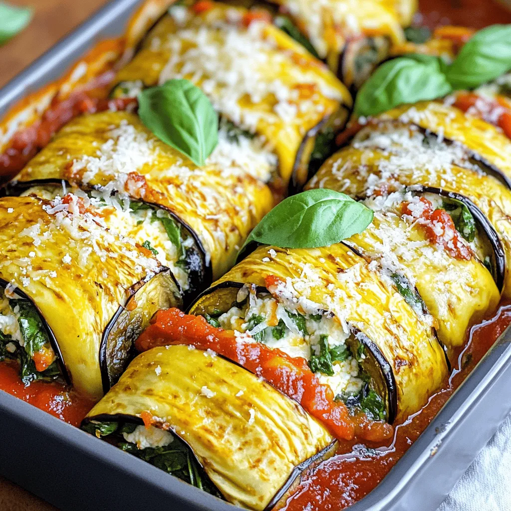 - 2 medium eggplants, thinly sliced lengthwise - 1 cup ricotta cheese - 1 cup fresh spinach, chopped - 1/2 cup grated Parmesan cheese - 1 cup marinara sauce (low-sugar) - 1/4 cup fresh basil, chopped - 1 clove garlic, minced - 1 teaspoon olive oil - Salt and pepper to taste - Additional Parmesan for topping - Fresh basil leaves for garnish To create Healthy Eggplant Rollatini, you need simple, fresh ingredients. First, choose medium eggplants. They should be firm and shiny. Next, ricotta cheese gives a creamy texture. Fresh spinach adds color and nutrients. Grated Parmesan adds a salty bite. Low-sugar marinara sauce keeps the dish light. Fresh basil enhances flavor. Garlic adds a nice aroma. Olive oil helps with roasting and flavor. You can adjust salt and pepper to your taste. The extra Parmesan for topping makes a great finish. Fresh basil leaves are perfect for a pretty garnish. Each ingredient plays a role and helps create a balanced meal. This dish is not just tasty; it’s also full of nutrition. 1. Preheat the oven to 375°F (190°C). This ensures even cooking. 2. Prepare the eggplant slices: Take 2 medium eggplants and slice them lengthwise. 3. Roast the eggplant slices: Lay the slices on a baking sheet. Drizzle with olive oil and sprinkle with salt and pepper. Roast in the oven for about 20 minutes. The slices should be tender and slightly golden. Once done, remove and let cool. 1. Mix the cheese filling: In a bowl, combine 1 cup of ricotta cheese, 1 cup of chopped spinach, 1/2 cup of grated Parmesan cheese, and 1 minced garlic clove. Add 1/4 cup of chopped basil. Mix well and season with salt and pepper. 2. Roll the eggplant: Take one roasted eggplant slice. Place a spoonful of the cheese mixture at one end. Roll it tightly and place it seam-side down in a 9x13 inch baking dish. Repeat for all slices. 3. Layer the baking dish: Spread a thin layer of marinara sauce on the bottom of the dish. Once all rolls are in place, cover them with the remaining marinara sauce. Top with extra Parmesan cheese. 1. Bake the rollatini: Cover the dish with aluminum foil. Bake for 20 minutes. After that, remove the foil and bake for another 10 minutes. This helps the cheese melt and brown slightly. 2. Check for doneness: The dish should be bubbly and the cheese golden. Let it cool for a few minutes before serving. 3. Garnish: Add fresh basil leaves on top for a bright touch. To make your dish lighter, try using low-fat ricotta cheese. This swap keeps the creamy texture while cutting calories. You can also use dairy-free alternatives, like cashew cheese, for a vegan option. For the marinara sauce, choose a low-sugar brand or make your own at home. This way, you can control the sugar content and add fresh herbs for more flavor. Roasting eggplant is key for great flavor. Slice the eggplants thinly, about a quarter-inch thick. This allows them to cook evenly. Drizzle with olive oil, and sprinkle with salt and pepper. Roast them in the oven until they are tender and slightly golden, about 20 minutes. This method enhances their natural sweetness. To keep the flavors strong while reducing calories, use less cheese in the filling but add more herbs and spices. This keeps your dish tasty without extra fat. Presentation matters! Serve your Eggplant Rollatini in the baking dish. Sprinkle extra Parmesan on top and add fresh basil leaves. This not only looks nice but adds freshness. A drizzle of balsamic reduction can also boost the flavor and appearance. For side dishes, consider a simple green salad or garlic bread. These pair well and complete the meal nicely. {{image_2}} You can make this dish vegan by replacing dairy with plant-based ingredients. Use cashew cheese or tofu instead of ricotta. These options provide a creamy texture without dairy. For Parmesan, try nutritional yeast or store-bought vegan cheese. Both add a savory flavor that pairs well with eggplant. You can enhance your rollatini by adding protein options. Ground turkey or chicken works great. They add heartiness and flavor to the dish. You can also mix in various vegetables. Think zucchini, mushrooms, or roasted red peppers. These add color and nutrition to your filling. You can give your eggplant rollatini an Italian twist. Add herbs like oregano or thyme for more flavor. You can also use Mediterranean ingredients. Consider adding olives or sun-dried tomatoes for a unique taste. These flavors will transport you to a sunny Italian terrace with every bite. To keep your Healthy Eggplant Rollatini fresh, first let it cool to room temperature. Then, place it in an airtight container. You can keep it in the fridge for up to three days. Make sure to cover it well to prevent drying out. For long-term storage, you can freeze the rollatini. Wrap each roll tightly in plastic wrap, then place them in a freezer bag. They will stay fresh for up to three months. Remember to label your bags with the date so you know when to use them. When you're ready to enjoy your leftovers, you have options. You can use the microwave or the oven. The microwave is quick but may make the eggplant a bit soggy. For the best taste, use the oven. Preheat it to 350°F (175°C). Place the rollatini in a baking dish. Cover it with foil to keep moisture in. Heat for about 15 to 20 minutes or until warm. This method keeps the flavors intact and helps the cheese stay creamy. Enjoy your dish just like when it was fresh! To make Healthy Eggplant Rollatini, follow these steps: 1. Preheat your oven to 375°F (190°C). 2. Slice the eggplants lengthwise and lay them on a baking sheet. Drizzle with olive oil, and sprinkle with salt and pepper. Roast them for 20 minutes until tender. 3. In a bowl, mix ricotta cheese, chopped spinach, grated Parmesan, minced garlic, and chopped basil. Add salt and pepper to taste. 4. Spread a thin layer of marinara sauce on the bottom of a baking dish. 5. Take a roasted eggplant slice, place a spoonful of the cheese mix at one end, and roll it up tightly. Place the roll seam-side down in the baking dish. Repeat with all slices. 6. Cover the rolls with more marinara sauce and sprinkle with extra Parmesan. 7. Cover the dish with foil and bake for 20 minutes. Remove the foil and bake for another 10 minutes to let the cheese brown slightly. 8. Cool for a few minutes before serving. Garnish with fresh basil. Yes, you can prepare Eggplant Rollatini in advance. Here are some tips: - Roast the eggplant slices a day ahead and store them in the fridge. - Prepare the cheese filling in advance and keep it in an airtight container. - Assemble the rolls and cover them tightly. You can store them in the fridge for up to 24 hours before baking. - If you freeze them, cover the dish well. Bake them directly from the freezer, adding extra time to cook. Eggplant is a great addition to your diet. Here’s why: - Fiber: Eggplant is high in fiber. This helps with digestion and keeps you full. - Vitamins: It contains vitamins like B1, B6, and K. These support your body in many ways. - Antioxidants: Eggplant has antioxidants that protect your cells from damage. - Low in Calories: It is low in calories, making it a smart choice for healthy eating. Enjoy this dish knowing it’s not just tasty but also good for you! Eggplant Rollatini is a tasty dish that’s good for you. We covered ingredients, preparation, and cooking steps. You learned about fun variations like vegan options and added proteins. Storing leftovers and reheating tips help you enjoy this meal later. Remember, eggplants offer fiber, vitamins, and antioxidants. This dish can fit any diet while tasting amazing. Give it a try, and enjoy a delicious meal that’s easy to make. Cooking can be fun, so don't hesitate to experiment with your own flavors!