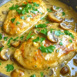 - 4 boneless, skinless chicken breasts - 2 cups mushrooms, sliced (button or cremini) - 1 medium onion, finely chopped - 3 cloves garlic, minced - 1 cup heavy cream - 1 cup chicken broth - 1 teaspoon dried thyme - 1 teaspoon paprika - Salt and pepper to taste - 2 tablespoons olive oil - Fresh parsley, chopped (for garnish) I choose boneless, skinless chicken breasts for their tenderness and quick cooking time. They soak up flavors well. For mushrooms, I prefer button or cremini. Both add rich umami taste and texture. The onion and garlic bring a sweet, aromatic base. Heavy cream makes the sauce silky and rich. Chicken broth adds depth to the flavor. Dried thyme and paprika bring warmth and earthiness. Finally, salt and pepper enhance all the flavors. If you want a lighter dish, use half-and-half instead of heavy cream. For a dairy-free option, coconut cream works well. Swap chicken with turkey for a different protein. If you need a vegetarian choice, use tofu or chickpeas. You can also replace chicken broth with vegetable broth for a plant-based option. To start, gather your ingredients. You need four boneless, skinless chicken breasts, two cups of sliced mushrooms, one finely chopped onion, and three minced garlic cloves. Next, measure one cup of heavy cream and one cup of chicken broth. Don’t forget your spices: one teaspoon of dried thyme and paprika, plus salt and pepper to taste. Finally, grab two tablespoons of olive oil and some fresh parsley for garnish. Now, season the chicken. Sprinkle salt, pepper, thyme, and paprika on both sides of the chicken breasts. This step adds a lot of flavor. Heat a large skillet over medium-high heat and add olive oil. Once the oil is hot, carefully place the seasoned chicken in the skillet. Sear each side for about 5 to 6 minutes until it turns golden brown. Once done, remove the chicken and set it aside. In the same skillet, add the chopped onion and minced garlic. Sauté them for 2 to 3 minutes until the onion becomes soft and clear. Then, add the sliced mushrooms. Cook them for about 5 minutes, stirring often, until they are tender and browned. Next, pour in the chicken broth. Make sure to scrape the bottom of the skillet to mix in all those tasty bits. Reduce the heat to medium, then stir in the heavy cream. Allow the sauce to simmer for 3 to 4 minutes so it thickens a bit. After that, return the seared chicken to the skillet. Coat each piece well in the creamy mushroom sauce. Cook everything together for another 5 to 7 minutes. Check that the chicken reaches an internal temperature of 165°F (75°C). Finally, taste the sauce. Add more salt and pepper if needed. Serve the chicken on plates, topped with the creamy mushroom sauce. Finish with a sprinkle of fresh parsley for color and flavor. While cooking, keep an eye on the colors. The chicken should be golden brown, and the onions should look clear. The mushrooms should be soft and just starting to brown. If you want a thicker sauce, let it simmer a bit longer. For a fun twist, try adding different mushrooms or herbs. You can serve this dish with rice or pasta for a complete meal. Enjoy your creamy mushroom chicken! To make the best creamy mushroom sauce, follow these key steps: Use fresh mushrooms, as they offer the best flavor. Sauté them until they are golden for a nice, rich taste. Deglaze the skillet with chicken broth to lift all the tasty bits stuck on the bottom. This adds depth to your sauce. Finally, stir in the heavy cream and let it simmer. This thickens the sauce and makes it rich and creamy. Many cooks make simple mistakes. Avoid using old mushrooms; they can ruin the dish. Don't rush the sautéing process; take your time to cook the onions and garlic until they are soft. This builds a strong flavor base. Also, skip the overcooking. Check the chicken’s temperature with a meat thermometer. It should reach 165°F (75°C). This ensures the chicken is safe to eat and juicy. Use a large skillet for even cooking. A good meat thermometer helps you check chicken doneness. I recommend a wooden spoon for stirring the sauce; it won’t scratch your skillet. Lastly, have a sharp knife for easy chopping of vegetables. These tools will make your cooking smooth and fun! {{image_2}} You can swap chicken for turkey or tofu. Turkey gives you a leaner dish. Tofu makes it vegetarian and just as creamy. Both options work well with the sauce. Just adjust cooking times for each protein. Turkey may need a bit longer to cook. Tofu cooks quickly, so watch it closely. Mushrooms add depth to the dish. You can use button, cremini, or shiitake mushrooms. Each type has a unique flavor. Shiitake mushrooms offer a rich, umami taste. If you want a milder flavor, stick with button mushrooms. Feel free to mix different types for more texture and taste. You can add herbs and spices to elevate the dish. Fresh thyme or rosemary can enhance the flavor. A sprinkle of red pepper flakes adds a nice heat. You might try a touch of balsamic vinegar for a tangy twist. Experiment with different combinations to find your favorite. I love to keep my creamy mushroom chicken fresh! To store leftovers, wait until the dish cools down. Place it in an airtight container. This helps keep the chicken moist. You can store it in the fridge for up to three days. If you want to enjoy it later, consider freezing it. Freezing is a great option for this dish! First, let it cool completely. Then, place portions in freezer-safe bags or containers. Remove as much air as possible. Label the bags with the date. You can freeze creamy mushroom chicken for up to three months. When you're ready to eat, just thaw it in the fridge overnight. Reheating is easy! For the best flavor, use the stovetop. Place the chicken in a skillet over medium heat. Add a splash of chicken broth or cream to keep it moist. Heat for about 10 minutes or until warm. You can also microwave it. Use a microwave-safe dish and cover it. Heat in short bursts, stirring in between. Enjoy your creamy mushroom chicken just like it was fresh! You can serve creamy mushroom chicken with many sides. Here are some great options: - Rice (white or brown) - Mashed potatoes - Egg noodles - Steamed vegetables - Garlic bread These sides soak up the rich sauce and make the meal more filling. You can mix and match based on your taste. Yes, you can make this dish ahead of time. Cook the chicken and sauce as directed. Let it cool, then store it in the fridge. It stays fresh for up to three days. Reheat it on the stove or in the microwave before serving. The flavors will blend nicely when you heat it back up. To ensure the chicken is cooked, check its internal temperature. Use a meat thermometer to see if it reaches 165°F (75°C). The chicken should be white inside, not pink. If you cut into it and juices run clear, it's also a good sign. Always check for doneness to keep your meal safe and tasty. This blog post covered how to make a creamy mushroom sauce. We looked at key ingredients, their choices, and substitutions for diets. I shared clear, step-by-step instructions for preparation and cooking. Tips offered ways to perfect the sauce and avoid mistakes. Variations showed options for proteins and flavors. Finally, we discussed storage and reheating techniques. You now have the tools to create a delicious meal. Don’t hesitate to experiment and enjoy your cooking!