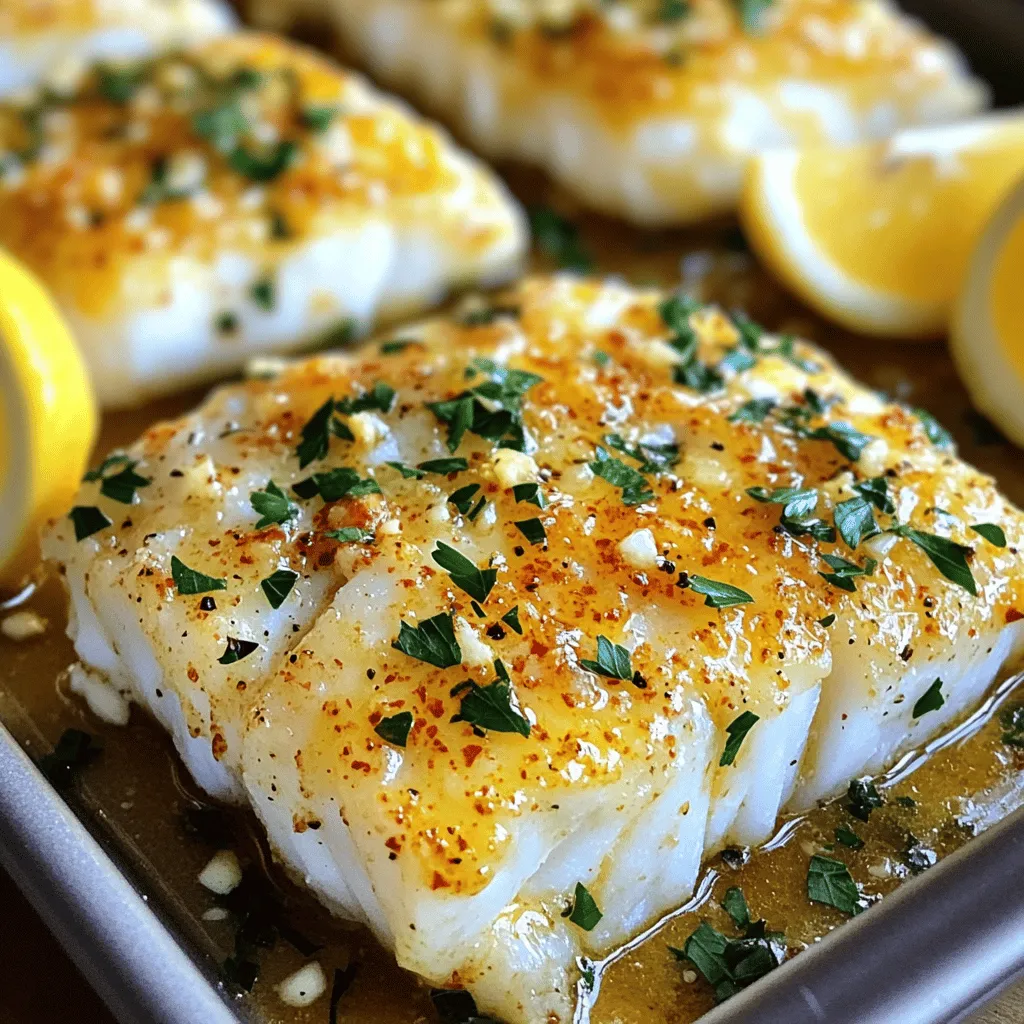- 4 cod fillets (6 oz each) - 4 tablespoons unsalted butter, melted - 4 cloves garlic, minced To make the garlic butter baked cod, you need simple yet fresh ingredients. Cod fillets are the star of this dish. They are mild and flaky, making them perfect for baking. The butter adds richness and helps the garlic flavor shine. Minced garlic gives it a strong, aromatic touch. - 1 tablespoon lemon juice - 1 teaspoon dried parsley - 1 teaspoon paprika - Salt and pepper to taste - Lemon wedges for serving - Fresh parsley for garnish Next, you need seasoning for a burst of flavor. Lemon juice brightens the dish and balances the butter. Dried parsley adds a touch of color and earthiness. Paprika gives a hint of warmth. Salt and pepper enhance all the flavors. For serving, fresh lemon wedges and parsley make a lovely garnish. - Preheat your oven to 400°F (200°C). - Line a baking dish with parchment paper for easy cleanup. - In a small bowl, mix the melted butter, minced garlic, and lemon juice. - Add dried parsley, paprika, salt, and pepper. Stir until well mixed. - Coat each cod fillet with the garlic butter sauce. Make sure they are well covered. - Place the coated cod fillets in the baking dish. - Bake them for 12-15 minutes. Check if the cod is opaque and flakes easily. - For a nice golden color, broil the fillets for 2-3 minutes. Watch them closely to avoid burning. To ensure your cod is fresh, look for bright eyes and shiny skin. Fresh cod smells like the ocean, not fishy. When seasoning, be bold but balanced. Use salt and pepper to enhance the natural flavors. A little paprika adds warmth and depth. For better taste, let the butter mix sit a few minutes before using it. This helps the flavors blend well. When serving, place the cod on a nice plate. Garnish with fresh parsley for a pop of color. Add lemon wedges next to the fish. This not only looks great but offers a fresh burst of flavor. You can also drizzle extra garlic butter over the top for a tasty finish. You can prepare the garlic butter mix a day ahead. Store it in the fridge for easy use later. You can also coat the cod fillets in the mix in advance. Just cover and chill until you're ready to bake. This makes cooking a breeze on busy days. Just remember to bring the fillets to room temp before baking for best results. {{image_2}} You can easily change the taste of your garlic butter baked cod. Adding herbs and spices can make it special. Try fresh thyme or rosemary for a nice twist. You can also mix in some crushed red pepper for heat. If you want a citrus kick, add orange juice instead of lemon juice. Another fun idea is to use different marinades. A soy sauce and ginger mix will give a nice Asian flair. You could also try a honey mustard glaze for a sweet and tangy vibe. Each variation lets you explore new flavors and keeps dinner exciting! If you want to switch things up, use other fish or proteins. Salmon works great with garlic butter. It bakes beautifully and stays moist. You can also try tilapia or halibut for a lighter option. For non-fish proteins, chicken breasts are an excellent choice. Just adjust the cooking time, as chicken may take longer to cook through. Baked cod pairs well with many sides. Roasted vegetables, like broccoli or asparagus, add color and nutrients. A fluffy rice pilaf makes a nice base and soaks up the garlic butter sauce. You can also serve it with a fresh salad, like a simple cucumber and tomato mix. These sides will complement the cod and round out your meal nicely! To store your leftover garlic butter baked cod, place it in an airtight container. This helps keep the fish fresh and tasty. You can keep it in the fridge for up to 2 days. If you want to keep it longer, consider freezing it. Reheating baked cod is easy. The best way is to use the oven. Preheat your oven to 350°F (175°C). Place the cod fillets on a baking sheet. Heat for about 10 minutes. You can also use the microwave. Just heat for 30 seconds at a time until warm. This keeps the fish moist. Yes, you can freeze baked cod. Wrap each fillet tightly in plastic wrap. Then, place them in a freezer bag. Remove as much air as possible. This helps avoid freezer burn. You can store it in the freezer for up to 3 months. When ready to eat, thaw it in the fridge overnight before reheating. You can serve Garlic Butter Baked Cod with many tasty sides. Some great options include: - Steamed broccoli - Roasted asparagus - Garlic mashed potatoes - Rice or quinoa - Fresh salad These sides balance the rich flavors of the cod and make your meal complete. You can also add lemon wedges for a zesty touch. Yes, you can use frozen cod! Just make sure to thaw it first. Place the frozen fillets in the fridge overnight or use the microwave on defrost. This helps the cod cook evenly. The baking time may be slightly longer if the fillets are very thick. You can tell cod is done when it turns opaque and flakes easily with a fork. Use a fork to gently poke the fillet. If it falls apart, it is ready. The internal temperature should reach 145°F (63°C) for safe eating. If you want a golden finish, broil for a few minutes at the end. Baking cod with garlic butter is simple and tasty. We explored the key ingredients, preparation steps, and helpful tips. Remember to focus on fresh cod and proper seasoning for the best results. You can add your favorite spices or try different proteins. Storing and reheating leftovers is easy, so no need to waste food. Enjoy your baked cod with lemon and parsley for a bright finish. This meal will impress your family and friends every time. Happy cooking!