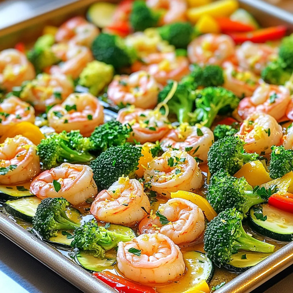 To create a tasty dish, you need a few key ingredients. Here’s what you need: - 1 pound large shrimp, peeled and deveined - 2 cups broccoli florets - 1 cup bell peppers, sliced (mix of red, yellow, and green) - 1 large zucchini, sliced - 1/4 cup olive oil - 4 cloves garlic, minced - Juice and zest of 1 lemon - 1 teaspoon dried oregano - 1/2 teaspoon paprika - Salt and pepper to taste - Fresh parsley, chopped for garnish When picking shrimp, look for large, fresh shrimp. They should smell like the ocean, not fishy. Choose shrimp that are firm to the touch. For vegetables, fresh is best. Look for bright colors and no soft spots. This ensures a crisp bite and great flavor in your dish. You can add a few extras to boost the taste. Consider adding: - Red pepper flakes for spice - Fresh lemon slices for extra zing - A splash of white wine for a rich flavor These options can take your dish from great to amazing! Experiment and find what you enjoy best. Start by preheating your oven to 400°F (200°C). This step is key for even cooking. While the oven heats, grab a large sheet pan. Make sure it is clean and dry. Lining the pan with parchment paper can help with cleanup, but it's not a must. In a large mixing bowl, add 1 pound of large shrimp that are peeled and deveined. Next, toss in 2 cups of broccoli florets, 1 cup of sliced bell peppers, and 1 sliced large zucchini. These veggies add color and crunch. Now, in a small bowl, whisk 1/4 cup of olive oil, 4 minced garlic cloves, the juice and zest of 1 lemon, 1 teaspoon of dried oregano, and 1/2 teaspoon of paprika. Add salt and pepper to taste. This mixture brings great flavor. Pour it over the shrimp and veggies and mix well. Make sure everything is coated. Spread the shrimp and vegetable mix evenly on your sheet pan. This step ensures even cooking. Place the pan in your preheated oven. Bake for 15 to 20 minutes. Keep an eye on the shrimp; they should turn pink and opaque. The veggies should be tender but still crisp. When done, remove the pan from the oven. Sprinkle fresh chopped parsley on top for a touch of color. You can serve it right on the sheet pan or transfer to a platter. Enjoy your vibrant, tasty meal! To get the best shrimp, choose large, fresh shrimp. They should be pink and firm. Avoid overcooking, as shrimp cook fast. Bake them for just 15-20 minutes. Look for a bright pink color and a slightly firm feel. This shows they are done. If you undercook them, they will be chewy. Use a meat thermometer; shrimp should reach 120°F (49°C). Different veggies cook at different rates. Broccoli and bell peppers take about 15-20 minutes. Zucchini cooks faster, so cut it thicker to balance the cooking time. If you want a bit of crunch, keep an eye on them. You can add zucchini halfway through cooking. This way, they stay firm and fresh. The lemon and garlic mix gives great flavor, but you can switch it up. Try adding red pepper flakes for heat. Fresh herbs like thyme or basil can elevate the taste. You can also use lemon pepper seasoning for a twist. Experimenting with spices can make the dish exciting. Always taste before serving to ensure the flavors are balanced. {{image_2}} You can make this dish fit different diets with simple swaps. If you need a gluten-free option, all the ingredients are naturally gluten-free. For a lower-carb meal, skip the zucchini and use cauliflower rice instead. If you are vegan, replace the shrimp with chickpeas or tofu. These swaps keep the meal tasty and fresh. To add some heat, sprinkle in red pepper flakes or a dash of hot sauce. If you love herbs, fresh thyme or basil can add great flavor. Try mixing in fresh dill for a bright touch. You can also add lemon pepper seasoning for a zesty kick. Each twist makes this dish unique and fun. Pair this dish with a light salad for a fresh crunch. A simple arugula salad with lemon vinaigrette works well. Quinoa or brown rice is a great side if you want something hearty. You could also serve warm crusty bread to soak up the tasty juices. Each side dish adds variety and makes the meal more enjoyable. Store any leftover shrimp and veggies in an airtight container. This helps keep them fresh. Place the container in the fridge. They will last for up to three days. When you want to eat them again, just take them out. To reheat, use the oven if you can. Set it to 350°F (175°C). Place the leftovers on a sheet pan. Heat for about 10 minutes. This keeps the shrimp tender and the veggies crisp. You can also use a microwave. If you do, heat in short bursts. This prevents overcooking. If you want to keep the dish longer, freezing is a great option. Let the shrimp and veggies cool completely first. Then, place them in a freezer-safe bag. Remove as much air as you can. They can stay in the freezer for up to three months. When you're ready to eat, thaw in the fridge overnight. Reheat as mentioned above. Yes, you can use frozen shrimp. Just make sure to thaw them first. Place the shrimp in a bowl of cold water for about 15-20 minutes. This will help them defrost quickly. Once thawed, pat them dry before mixing with the veggies. This helps prevent excess water in your dish. You can use many different vegetables. Carrots, asparagus, or snap peas all work great. Cherry tomatoes add a nice pop of color and flavor too. Just remember to cut them to similar sizes for even cooking. This way, everything cooks at the same time and stays crisp. Shrimp cook fast, so watch them closely. Bake them for about 15-20 minutes. They are done when they turn pink and opaque. If they curl up too much, they might be overcooked. Remove them from the oven as soon as they are ready for the best texture. You’ve learned how to make delicious sheet-pan lemon garlic shrimp and veggies. I shared key ingredients, cooking steps, and tips for perfecting your dish. Remember, the right shrimp and veggies matter. Explore flavor twists to keep things fresh. Storing leftovers properly helps maintain taste. Now, enjoy your meal and impress your family. Cooking can be fun and rewarding when you try new things.