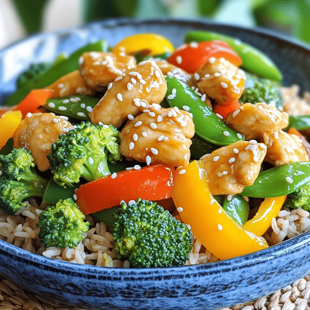- Lean Protein Options For this dish, I use 1 lb of boneless, skinless chicken breast. This choice offers a healthy protein source. You can also try tofu or shrimp if you want a different flavor. - Vegetables for Nutritional Value I include colorful bell pepper, broccoli florets, snap peas, and carrots. These veggies give the stir fry vitamins and minerals. They also add crunch and bright colors to your meal. - Flavor Enhancers (Sauces, Spices) I use sesame oil for a nutty taste. Low-sodium soy sauce adds salt without being too heavy. Honey or maple syrup gives a touch of sweetness. Fresh garlic and ginger make the dish fragrant and delicious. I finish with sesame seeds for a lovely crunch. How do you properly marinate chicken? To marinate chicken, start with a bowl. Add the sliced chicken, 1 tablespoon of sesame oil, low-sodium soy sauce, honey, salt, and pepper. Mix it well to coat all the chicken pieces. Let it sit for at least 15 to 20 minutes. This step helps the chicken soak up flavors and stay juicy. What is the recommended marination time? A good marination time is about 15 to 20 minutes. This short time works well for thinly sliced chicken. If you marinate too long, it can become too salty. What are the best techniques for cooking chicken? Heat a large skillet or wok over medium-high heat. Add the remaining sesame oil. Once hot, add the marinated chicken. Cook it for about 5 to 7 minutes. Stir occasionally, letting it turn golden brown. This method ensures even cooking and great flavor. What are the signs of chicken doneness? The chicken is done when it turns golden brown and no longer pink inside. You can cut a piece to check. If the juices run clear, it’s ready to go. What are the ideal vegetable cooking times? Add garlic and ginger first, cooking for about 30 seconds. Then, toss in the sliced bell pepper, broccoli, snap peas, and carrot. Stir-fry these veggies for about 5 minutes. You want them tender but still crisp. How do you maintain crispness and flavor? Stir-frying at high heat helps keep veggies crisp. Avoid overcooking, as this can make them mushy. Quick cooking also locks in their bright flavors and nutrients. Healthier Cooking Methods To cut fat, you can use less oil. Try using a non-stick pan. You can also steam or stir-fry with water. This keeps the flavors without adding extra fat. Ingredient Substitutions Swap regular soy sauce for low-sodium soy sauce. This helps reduce salt. You can also use honey or maple syrup for a natural sweetener. If you want to add crunch, try using air-fried or baked chicken instead of fried. Spicing Up Your Stir Fry Add crushed red pepper flakes for heat. You can also use fresh herbs like cilantro or basil for freshness. A dash of lime juice can brighten the dish too. Balancing Sweetness and Saltiness Taste as you cook! If it’s too sweet, add a splash of soy sauce. If it’s too salty, add more veggies or a bit of brown rice to balance it out. Garnishing Tips Garnish with extra sesame seeds for crunch. A sprinkle of chopped green onions adds color and freshness. You can also use thin slices of red chili for a pop of color. Serving Suggestions Serve your stir fry over brown rice or quinoa. This makes a filling meal. You can also pair it with a side salad for added greens. Enjoy your beautiful dish! {{image_2}} You might want to switch up the protein in your stir fry. Tofu or shrimp are great options. - Tofu: Use firm tofu. Cut it into cubes and press it to remove excess water. Marinate it just like chicken. This option is vegan and rich in protein. - Shrimp: Use peeled shrimp for a quick cook. Add them to the skillet after the vegetables. They cook fast and add a sweet taste. Both tofu and shrimp have their benefits. Tofu is plant-based and offers healthy fats. Shrimp is low in calories and high in protein. Choose based on your diet needs. You can easily swap in different veggies. Seasonal vegetables work best for fresh flavor. - Spring: Try asparagus or snap peas. - Summer: Use zucchini or bell peppers. - Fall: Add squash or Brussels sprouts. - Winter: Use kale or root vegetables. Want extra flavor? You can add: - Mushrooms for umami - Baby corn for crunch - Bok choy for a unique taste These additions make your dish even better. You have options for the sauce. Homemade sauces give you more control. - Homemade: Mix soy sauce, honey, and sesame oil. You can add garlic and ginger for depth. - Store-bought: Look for low-sodium options for health. Check for added sugars. Some may like it sweeter. Add more honey or maple syrup if desired. If it's too sweet, add more soy sauce or a splash of vinegar for balance. Adjust it to your taste! To keep your Healthy Sesame Chicken Stir Fry fresh, use airtight containers. Glass or plastic containers with tight lids work best. These containers prevent air from seeping in and keep the food safe. In the fridge, your stir fry lasts about three to four days. If you want to store it longer, place it in the freezer. In the freezer, it stays good for up to three months. Make sure to label the containers with the date. This helps you remember when you made it. The safest way to reheat your stir fry is in the microwave. Place the stir fry in a microwave-safe dish. Cover it with a lid or a damp paper towel to keep moisture in. Heat it in short bursts of one to two minutes. Stir in between to ensure even heating. If you prefer, you can also reheat it on the stove. Use a non-stick pan over medium heat. Add a splash of water or broth to keep it moist. Stir often to avoid burning. To keep the dish tasty, avoid overheating. If you cook it too long, the chicken can become dry. Add a splash of soy sauce or sesame oil when reheating for extra flavor. Enjoy your delicious meal! Can I use frozen vegetables? Yes, you can use frozen vegetables. They save time and are easy to find. Just add them straight to the pan without thawing. Cook them a little longer to ensure they heat through. Is this recipe gluten-free? The recipe is not gluten-free due to soy sauce. You can use gluten-free soy sauce instead. This keeps the flavor but makes it safe for those with gluten issues. How can I make it spicier? To add heat, use red pepper flakes or sriracha. You can also add fresh chopped chili peppers. Start with a small amount, then taste and adjust. Caloric Breakdown per Serving Each serving has about 350 calories. This includes protein from chicken and fiber from veggies. It’s a balanced meal to keep you full. Health Benefits of Ingredients - Chicken provides lean protein, which builds muscle. - Broccoli is high in vitamins and supports your immune system. - Carrots offer beta-carotene, great for your eyes. - Sesame seeds add healthy fats and minerals. How to Make Ahead of Time You can marinate the chicken a day ahead. Cut and store veggies in the fridge for easy use. Cook the stir fry and divide into containers for meals. Best Practices for Meal Prep and Storage Use airtight containers to keep food fresh. Store in the fridge for up to four days. Reheat in the microwave or on the stove for best results. This blog covered how to make a healthy sesame chicken stir fry. We looked at key ingredients, like lean protein and fresh veggies. You learned the best ways to prepare, cook, and flavor your dish. We shared tips for reducing fat and ways to present your meal nicely. You can even switch up proteins and veggies. Don't forget about storing leftovers and reheating well. With all this, you can enjoy a tasty, nutritious dish that fits your health goals. Now, it’s time to get cooking!