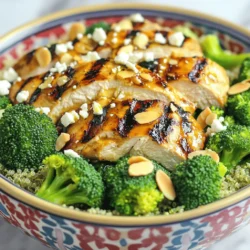 - 2 boneless, skinless chicken breasts - 2 cups fresh broccoli florets - 1 cup cooked quinoa - 2 tablespoons olive oil - 1 teaspoon garlic powder - 1 teaspoon paprika - Salt and pepper to taste - Juice of 1 lemon - 1/4 cup feta cheese, crumbled (optional) - 1/4 cup sliced almonds (for crunch) This dish thrives on fresh and simple ingredients. The chicken provides protein and flavor. Broccoli adds a bright green color and crunch. Quinoa serves as a hearty base full of nutrients. Olive oil infuses richness while garlic powder and paprika give a nice kick. Salt and pepper bring it all together. For a touch of zest, we finish with lemon juice. If you want to elevate the dish, crumbled feta cheese adds creaminess. Sliced almonds give a perfect crunch. You can mix and match these ingredients to suit your taste. The key is to keep it fresh and vibrant for a healthy meal that shines. 1. Start by preheating your grill to medium-high heat. This helps the chicken cook evenly. 2. In a small bowl, mix 2 tablespoons of olive oil, 1 teaspoon of garlic powder, 1 teaspoon of paprika, and a pinch of salt and pepper. This marinade will give your chicken great flavor. 3. Coat each chicken breast with the olive oil mixture. Make sure each piece is evenly covered. 1. Place the chicken on the grill. Grill for about 6-7 minutes on each side. 2. Check the internal temperature. It should reach 165°F (75°C) to ensure it is fully cooked. Remove the chicken and let it rest for a few minutes before slicing. 1. Bring a pot of water to a boil. Add the 2 cups of fresh broccoli florets and blanch them for 2-3 minutes. This keeps the broccoli bright and tender. 2. Drain the broccoli and quickly plunge it into ice water. This stops the cooking and keeps the color vibrant. Drain the broccoli again after it cools. 1. In a serving bowl, layer 1 cup of cooked quinoa as the base. 2. Arrange the sliced grilled chicken and blanched broccoli on top of the quinoa. 3. Add toppings like 1/4 cup of crumbled feta cheese and 1/4 cup of sliced almonds for extra crunch. 4. Finally, drizzle fresh lemon juice over the top for a zesty finish. To get perfect grill marks, preheat your grill to medium-high heat. This helps the chicken sear well. Place the chicken on the grill and resist the urge to move it too much. Let it sit for about 6-7 minutes before flipping. To prevent chicken from drying out, you can marinate it first. Use olive oil, garlic powder, and paprika. This adds moisture and flavor. Always check the internal temperature. It should reach 165°F (75°C) for safe eating. You can boost flavor by adding more spices. Consider herbs like thyme or oregano. These add depth to your dish. Marinating chicken for at least 30 minutes is key. This gives time for the flavors to soak in. You can even marinate overnight for a richer taste. Serving in colorful bowls makes your meal pop. Layer the quinoa first, then add the chicken and broccoli. This creates a beautiful display. For garnish, add lemon wedges and fresh herbs. These add color and a fresh aroma to your dish. A sprinkle of feta cheese or sliced almonds can also enhance the look and taste. {{image_2}} You can easily swap chicken for other proteins. Tofu works well if you want a vegetarian option. It soaks up flavors nicely. Just press and marinate the tofu with the same spices. Shrimp is another great choice. Grill them for about 3-4 minutes each side. Both options keep your meal tasty and fresh. Feel free to mix in other vegetables too. Bell peppers add a nice crunch and color. Just slice them and grill alongside the chicken. Snap peas bring a sweet flavor and bright green look. You can use any veggies you enjoy or have on hand. This way, your bowl stays exciting and flavorful. While quinoa is great, you can explore other grains. Brown rice is a hearty option that fills you up. Cook it just like quinoa for a similar texture. Couscous cooks quickly and has a light, fluffy feel. Both options add different flavors and nutrients to your bowl. Choose what fits your taste or dietary needs best. To keep your Grilled Chicken Broccoli Bowls fresh, store leftovers in an airtight container. Let the meal cool to room temperature before sealing it. This helps prevent moisture build-up, which can make your food soggy. You can store these bowls in the fridge for up to three days. If you want to keep them longer, consider freezing instead. Freezing is a great way to save your Grilled Chicken Broccoli Bowls for later. First, let the meal cool completely. Then, scoop individual portions into freezer-safe bags or containers. Make sure to remove as much air as possible to avoid freezer burn. You can freeze the bowls for up to three months. When ready to eat, simply thaw them in the fridge overnight. When it’s time to enjoy your leftovers, you want to heat them up right. The best method is to use the microwave. Place the bowl in the microwave and cover it with a damp paper towel. This keeps the chicken and broccoli moist. Heat for one to two minutes, checking to ensure everything is warm. If you prefer the oven, preheat it to 350°F (175°C). Place the bowl in the oven for about 10-15 minutes. This method helps retain the texture of your meal. To check if your chicken is done, use a meat thermometer. The safe internal temperature is 165°F (75°C). Poke the thickest part of the chicken. If the juices run clear, it is fully cooked. If you don’t have a thermometer, look for no pink meat inside. The outside should be golden brown. Yes, you can use frozen broccoli. It saves time and is very convenient. Just steam or microwave it until hot. Fresh broccoli is great too, but frozen gives you that quick option. If using frozen, adjust cooking time so it doesn’t get mushy. You can use brown rice, farro, or couscous. If you want a low-carb choice, try cauliflower rice. Each option has its own flavor. Pick one that you like best. They all work well with chicken and broccoli. Start by cooking the chicken and broccoli. Let them cool, then slice the chicken. Store them in separate containers with quinoa. Keep the lemon juice and toppings separate until ready to eat. This way, your meal stays fresh all week. Yes, make it vegetarian by using tofu or chickpeas. Marinate the tofu just like the chicken for flavor. Use the same veggies and toppings to keep that delicious taste. It’s a great way to enjoy the same meal without meat. Consider serving a fresh salad or roasted sweet potatoes. These sides add color and flavor. You can also try a light soup or some crusty bread. Each option complements the bowls nicely and rounds out your meal. This blog post covered how to make healthy and tasty grilled chicken broccoli bowls. We started with the ingredients, then moved to simple steps for cooking. I shared tips for making great meals and ideas for variations. In closing, you can customize this dish to fit your taste. Enjoy the balance of protein, veggies, and grains. Your meal prep just got easier and more fun. Happy cooking!